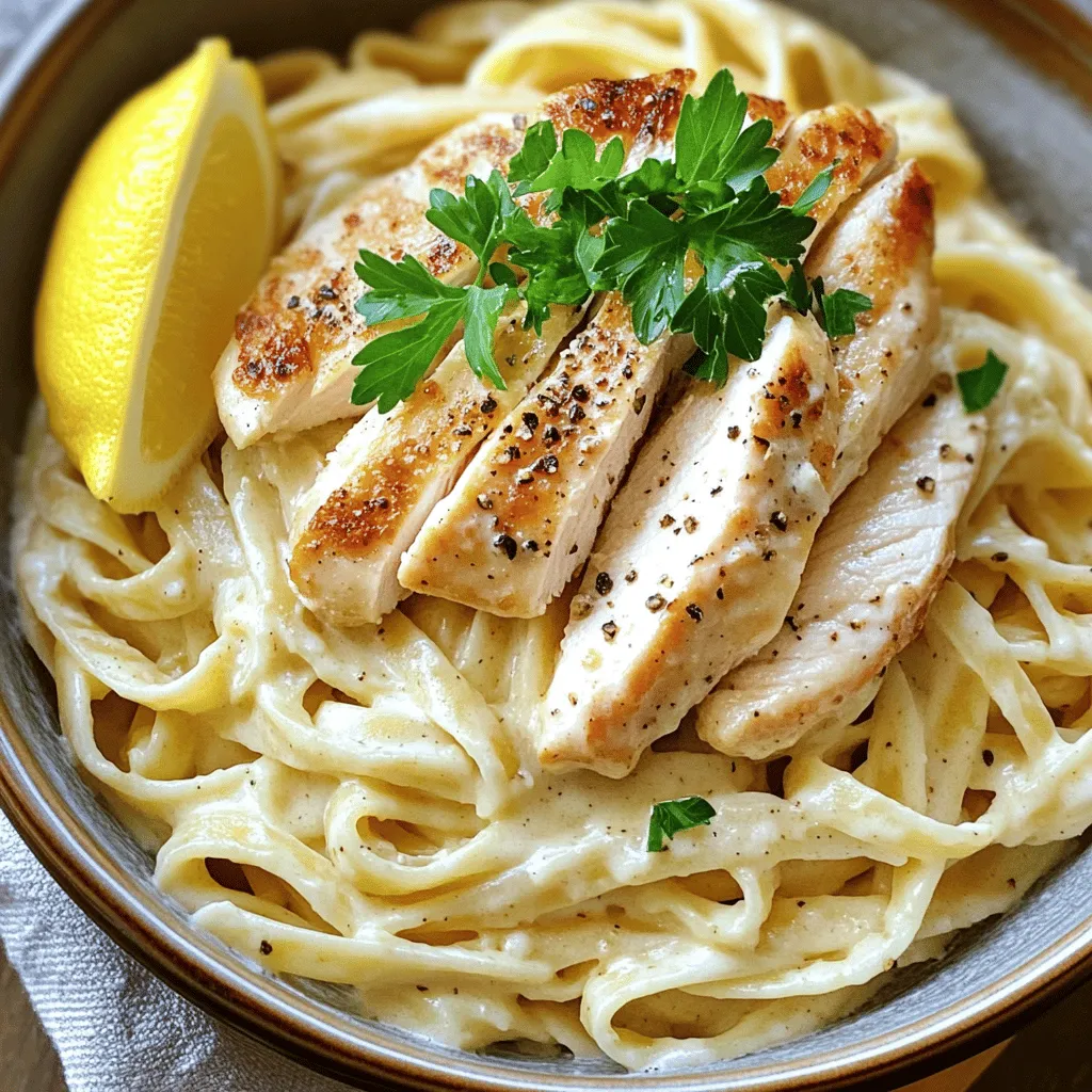 - 2 boneless, skinless chicken breasts - 8 oz fettuccine pasta - 1 cup heavy cream - 4 cloves garlic, minced