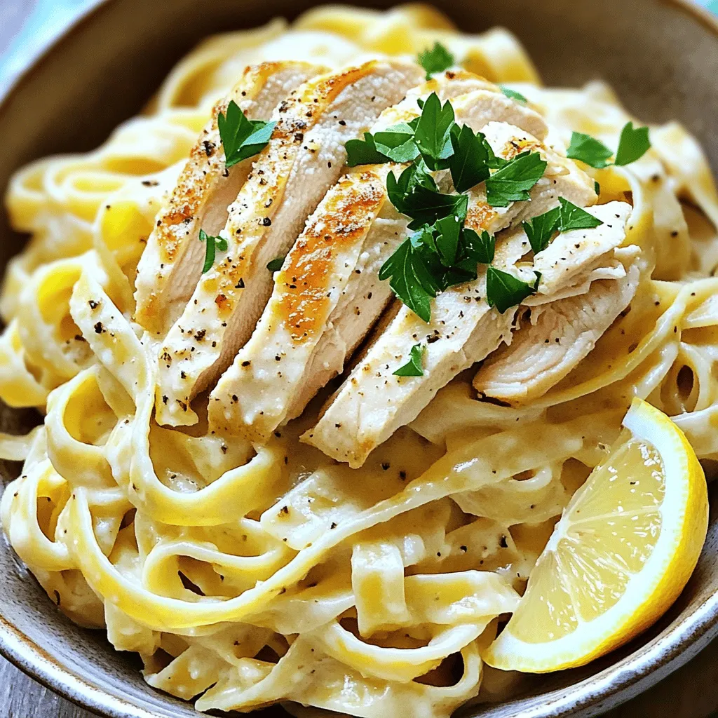 - 2 boneless, skinless chicken breasts - 8 oz fettuccine pasta - 1 cup heavy cream - 4 cloves garlic, minced