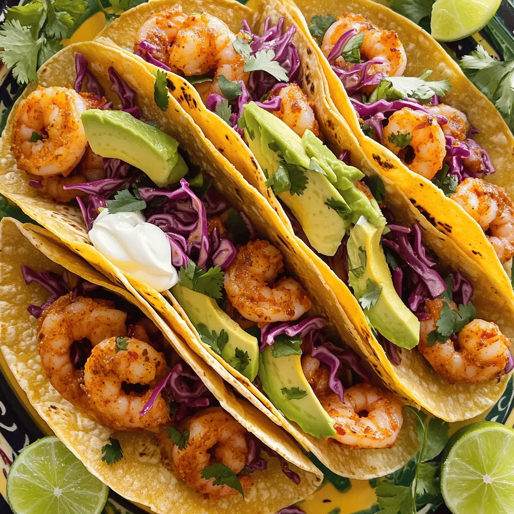 For spicy shrimp tacos, you need a few key ingredients: - 1 pound large shrimp, peeled and deveined - 2 tablespoons olive oil - 1 tablespoon chili powder - 1 teaspoon cumin - 1/2 teaspoon paprika - 1/2 teaspoon garlic powder - 1/4 teaspoon cayenne pepper (adjust for heat preference) - Salt and pepper to taste - Juice of 1 lime - 8 small corn tortillas - 1 cup red cabbage, thinly sliced - 1 avocado, sliced - 1/4 cup fresh cilantro, chopped - 1/2 cup sour cream or Greek yogurt - Optional: hot sauce for extra spice if desired Each ingredient plays a special role in the flavor of the dish. The shrimp bring a sweet and briny taste. Olive oil helps the spices cling well to the shrimp. Chili powder gives a warm heat, while cumin adds earthiness. Paprika and garlic powder boost the flavor depth. Cayenne pepper brings the kick, and lime juice brightens everything. The corn tortillas hold the shrimp and toppings together, while red cabbage adds crunch. Avocado gives creaminess, and cilantro adds freshness. Sour cream or yogurt finishes the taco with a cool touch. For added flavor, consider these optional ingredients: - Hot sauce for extra spice - Fresh lime wedges for squeezing - Diced tomatoes for a fresh taste - Pickled onions for tanginess - Cotija cheese for a salty bite If you have dietary needs, you can swap out some ingredients. Use gluten-free tortillas if needed. For a dairy-free option, skip the sour cream or use a dairy-free yogurt. You can also try shrimp alternatives like fish or chicken if you prefer. Each choice can change the taste and texture of your tacos, making them your own. For the full recipe, check out the detailed instructions. To start, you need to make the spicy marinade. In a medium bowl, mix these ingredients: - 2 tablespoons olive oil - 1 tablespoon chili powder - 1 teaspoon cumin - 1/2 teaspoon paprika - 1/2 teaspoon garlic powder - 1/4 teaspoon cayenne pepper (adjust to your taste) - Salt and pepper to taste - Juice of 1 lime Mix well to combine all the flavors. Next, add 1 pound of peeled and deveined shrimp to the bowl. Toss the shrimp until they are well coated with the marinade. Let them sit for about 15-20 minutes. This time helps the shrimp soak up the flavors, making them taste amazing. While the shrimp marinate, preheat a skillet over medium-high heat. Once hot, add the shrimp in a single layer. Cook them for about 2-3 minutes on each side. You want them pink and opaque. Don’t overcook them; they can become rubbery. For the tortillas, use another skillet. Warm them over low heat for about 30 seconds on each side. This step makes them soft and easy to fold without tearing. Now it’s time to build your tacos! Take a warmed tortilla and place a few pieces of cooked shrimp in the center. Then add toppings like: - 1 cup red cabbage, thinly sliced - 1 avocado, sliced - 1/4 cup fresh cilantro, chopped - 1/2 cup sour cream or Greek yogurt For extra spice, drizzle some hot sauce on top. Layering the ingredients like this helps you get every bite just right. Each taco should be colorful and full of flavor. For the full recipe, check the earlier section. Enjoy the bold and flavorful delight of your Spicy Shrimp Tacos! For the best shrimp texture, choose large, fresh shrimp. Cooking shrimp quickly helps keep them tender. I recommend heating your skillet over medium-high heat. Once hot, add a bit of oil. This helps the shrimp cook evenly and avoid sticking. Cook the shrimp for 2-3 minutes on each side. They should turn pink and opaque. Overcooking makes them tough, so watch closely. If you have a busy kitchen, prep everything before cooking. This way, you can focus on making the shrimp just right. To make your tacos pop, consider adding extra spices. A pinch of smoked paprika adds depth. You can try a dash of onion powder or even fresh jalapeños for more heat. When it comes to toppings, sliced radishes add crunch. You can also use mango salsa for a sweet twist. For side dishes, think about serving black beans or a light salad. These pair well with the shrimp's bold flavors. You might also enjoy some cilantro-lime rice as a tasty side. For even more flavor, check out the Full Recipe for a complete guide. {{image_2}} You can swap shrimp for other proteins in your tacos. Fish like tilapia or cod works well. For a meat option, try chicken or beef. Each choice brings its own taste and texture. If you want a vegetarian or vegan taco, use marinated tofu or jackfruit. Both options soak up flavors nicely. They offer a satisfying bite, just like shrimp. Changing the flavor profile can make a big difference. For a tropical twist, add pineapple or mango salsa. This brings a sweet contrast to the spicy shrimp. If you prefer a smoky flavor, try using smoked paprika or chipotle powder in your marinade. This adds depth and richness. You can also experiment with unique sauces. A cilantro-lime crema enhances freshness. Or, a spicy mango sauce adds a fruity kick. Each sauce can transform your taco experience! For the full recipe, check the main section. Enjoy crafting your own spicy shrimp tacos! To keep your shrimp tacos fresh, store the leftovers in separate containers. This helps the shrimp and toppings stay crisp. Place the shrimp in an airtight container in the fridge. Toppings like cabbage and avocado should also have their own containers. Shrimp can stay good for about 2 days. The toppings last around 1 day, especially the avocado. To reheat shrimp, place them in a skillet over medium heat. Cook until warmed through, about 2-3 minutes. For the tortillas, warm them in a dry skillet for about 30 seconds on each side. This keeps them soft and pliable. Avoid using the microwave, as it can make tortillas rubbery. Enjoy your spicy shrimp tacos just like when they were fresh! For the full recipe, see above. For shrimp tacos, I recommend using large shrimp. They have a firm texture and hold up well. Large shrimp are about 16-20 per pound. They cook quickly and absorb flavors nicely. I often use wild-caught shrimp for their taste and quality. If you prefer smaller shrimp, use about 21-25 per pound. Just remember, smaller shrimp may cook faster. Yes, you can prepare shrimp tacos ahead of time. Marinate the shrimp earlier in the day or even the night before. Keep them in the fridge until you're ready to cook. You can also prep the toppings like cabbage and avocado. Just store them separately. Warm the tortillas right before serving. This keeps everything fresh and tasty. To adjust the spice level, you can change the cayenne pepper amount. If you like it mild, use less or skip it. For more heat, add extra cayenne or hot sauce. You can also try adding jalapeños or a spicy salsa. Always taste as you go. This way, you create a taco that matches your heat preference. Serve Spicy Shrimp Tacos on a colorful platter. Arrange the tacos with lime wedges and extra cilantro. This makes it look inviting. You can stack the tortillas or lay them flat. Add a drizzle of sour cream or Greek yogurt on top for creaminess. Consider placing toppings like cabbage and avocado in separate bowls. This allows guests to customize their tacos. For the full recipe, check out the Spicy Shrimp Tacos section. In this guide, we explored the steps to make Spicy Shrimp Tacos. We covered essential ingredients and optional add-ins to elevate flavor. Marinating the shrimp is key for taste, while cooking tips ensure perfect shrimp and warm tortillas. You can mix up flavors with different proteins or sauces. Lastly, we discussed storage tips for leftovers and reheating without losing quality. Now, you have all you need to create a tasty taco experience at home. Enjoy every bite and make it your own!