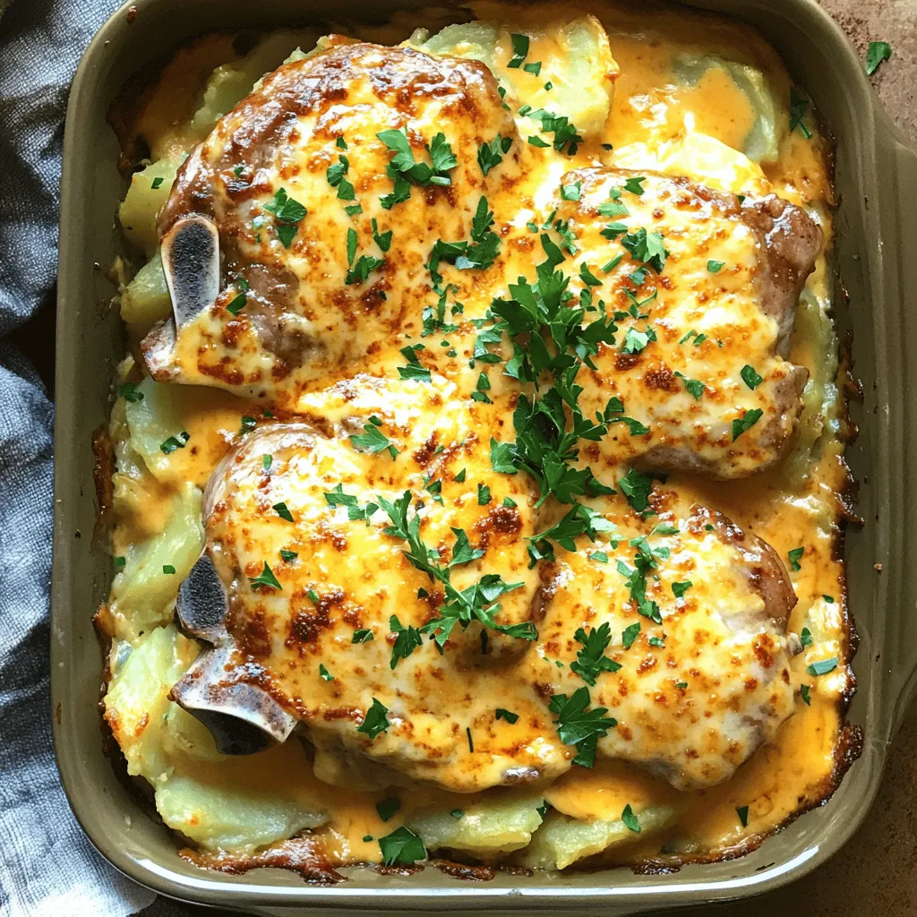 - 4 bone-in pork chops - Salt and pepper, to taste - 1 tablespoon olive oil - 1 medium onion, thinly sliced - 2 cloves garlic, minced - 1 teaspoon smoked paprika - 1 teaspoon dried thyme - 1 cup beef broth - 1 cup heavy cream - 4 large potatoes, thinly sliced - 1 cup shredded sharp cheddar cheese - 1/2 cup grated Parmesan cheese - Fresh parsley, for garnish