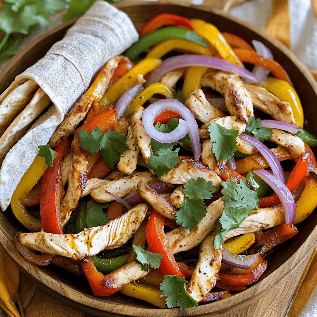 - 1 pound boneless, skinless chicken breasts - Bell peppers (red, yellow, green) - 1 medium red onion - 3 cloves garlic - Olive oil In this recipe, the chicken takes center stage. I like using boneless, skinless chicken breasts for their tenderness. Slice them into thin strips to ensure they cook quickly and evenly. Bell peppers add color and crunch. I often use red, yellow, and green peppers for a vibrant dish. A medium red onion brings sweetness and depth to the fajitas, while minced garlic adds a punch of flavor. Finally, a splash of olive oil helps everything cook nicely. - Ground cumin - Chili powder - Smoked paprika - Salt and pepper - Juice of 1 lime Spices are the heart of this dish. Ground cumin gives a warm, earthy taste. Chili powder brings heat and complexity, while smoked paprika adds a rich, smoky flavor. Don’t forget salt and pepper to enhance all the tastes. A squeeze of fresh lime juice at the end brightens up the dish and balances the flavors. - Fresh cilantro for garnish - Tortillas for serving To serve, sprinkle fresh cilantro on top for a burst of freshness. Soft tortillas wrap everything up perfectly. You can use flour or corn tortillas, depending on your preference. Both options work well for scooping up those tasty chicken and veggie bits! If you want the full recipe, check out the complete guide on One-Pan Chicken Fajitas. To start, you need to marinate the chicken. In a large bowl, mix the sliced chicken with olive oil, minced garlic, ground cumin, chili powder, smoked paprika, salt, pepper, and lime juice. This spice mix is important for flavor. Toss the chicken well to coat it evenly. Once mixed, let the marination sit for 15 minutes. This wait allows the spices to soak in, making the chicken tastier. Now it’s time to cook the chicken. Heat a large skillet over medium-high heat. Add the marinated chicken in a single layer. You want to hear that sizzle! Let it cook undisturbed for about 4-5 minutes. This step is key for browning. Stir occasionally to ensure even cooking. When the chicken is golden brown, it’s ready for the next step. Once the chicken starts to brown, add the sliced bell peppers and onions to the pan. Combine everything well. Cooking time for the veggies and chicken is about 7-10 minutes. Stir often. You want the vegetables to soften and the chicken to finish cooking. The colors will look beautiful, and the smell will be amazing. That's how you create a delicious one-pan meal. For detailed preparation, you can refer to the Full Recipe. To make your one-pan chicken fajitas pop, adjust the seasoning to your taste. You can start with the basic spices in the recipe, but don’t be shy! Add more chili powder or cumin for extra depth. If you like heat, consider adding a pinch of cayenne or some sliced jalapeños. This small change can make a big impact on the flavor. A beautiful dish makes the meal even more enjoyable. Serve your fajitas on a large platter. Wrap warm tortillas in a clean kitchen towel to keep them soft. For garnish, sprinkle fresh cilantro on top. Add lime wedges around the dish. This brightens up the look and adds a fresh zing when squeezed over the fajitas. Prepping ingredients ahead of time can save you a lot of effort. Slice your chicken and veggies the night before. Store them in the fridge in airtight containers. This way, you can cook quickly after a long day. For cooking, use a hot skillet to sear the chicken fast. This helps lock in juices and cuts your cooking time. {{image_2}} You can swap chicken for other proteins. Shrimp cooks fast and adds a nice taste. Beef is another great choice; it gives a hearty flavor. For those who prefer plant-based meals, tofu or mushrooms work well. Both absorb spices, making them tasty and satisfying. Get creative with your fajitas by adding fruits. Pineapple gives a sweet twist, while mango adds a tropical flair. Experimenting with spices can also change the game. Try adding chipotle for heat or oregano for a fresh flavor. Each mix offers a new taste adventure. Fajitas aren't just for wraps. You can serve them in bowls for a fun twist. Layer rice, beans, and the chicken mix for a filling meal. Sliders are another option; use small tortillas or slider buns. This way, everyone can enjoy their own tasty bite. After cooking, let your fajitas cool down. Place them in airtight containers. Glass or plastic containers work well. This helps keep your fajitas fresh. Store them in the fridge. They will last about three to four days. To freeze cooked fajitas, let them cool completely. Then, pack them in freezer-safe bags. Remove as much air as you can. This keeps the fajitas from freezer burn. When you want to eat them, thaw in the fridge overnight. Reheat them in a skillet over low heat. You can also use the microwave for quick reheating. You can keep fajitas in the fridge for three to four days. Check for signs of spoilage before eating. Look for changes in color or smell. If fajitas feel slimy, it’s best to throw them away. Always trust your senses to ensure food safety. For more cooking ideas, check out the Full Recipe. One-Pan Chicken Fajitas are a simple and tasty dish. You cook chicken, peppers, and onions in one pan. This makes clean-up easy. You slice the chicken and veggies, then cook them with spices. The result is a colorful, flavorful meal. The spices include cumin, chili powder, and smoked paprika. For extra flavor, squeeze lime juice over the dish before serving. This recipe takes about 30 minutes from start to finish. Yes, you can use frozen chicken. However, I recommend using fresh chicken for the best taste. If you use frozen chicken, thaw it first. You can place it in the fridge overnight. If you forgot to thaw it, you can use the microwave. Just make sure the chicken is fully thawed before cooking. This helps it cook evenly and stay juicy. To make chicken fajitas spicier, you have a few options. First, add cayenne pepper to the spice mix. Start with a small pinch and adjust to taste. You can also add sliced jalapeños while cooking. If you like heat, use fresh serrano peppers. For extra flavor, try using a spicy salsa when serving. These tips will give your fajitas a nice kick! Several sides go well with chicken fajitas. Here are some great options: - Mexican rice - Refried beans - Corn salad - Guacamole - Chips and salsa - A fresh green salad You can also enjoy a cool drink like iced tea or margaritas. These sides balance the flavors and add fun to your meal! In this post, we explored how to make tasty chicken fajitas. We covered main ingredients, spices, and cooking steps. Plus, I shared tips for flavor and presentation. You can easily adapt this recipe with different proteins or veggies. Remember to store leftovers correctly to keep them fresh. With these tips, you’ll enjoy delicious fajitas any time. Connecting flavors and ingredients brings joy to cooking. I hope you feel ready to try making these at home!