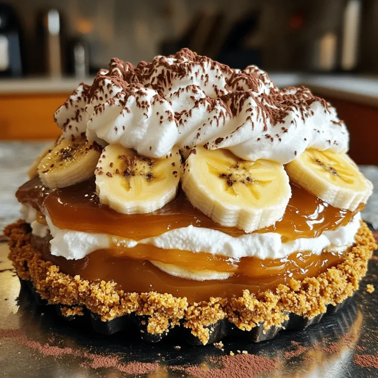 To make the easy banoffee pie, gather these ingredients: - 1 packet of digestive biscuits (approximately 250g) - 100g unsalted butter, melted - 1 can (400g) sweetened condensed milk - 3 ripe bananas, sliced - 300ml heavy cream - 2 tablespoons powdered sugar - 1 teaspoon vanilla extract - Grated dark chocolate or cocoa powder for garnish You can swap some ingredients if needed: - Use graham crackers instead of digestive biscuits for a different base. - Coconut oil can replace butter for a dairy-free option. - Try caramel sauce if you want a quicker version instead of making dulce de leche. - For a lighter cream, use whipped topping instead of heavy cream. Make sure you have these tools ready: - A food processor or rolling pin for crushing biscuits - A mixing bowl for combining ingredients - A 9-inch pie dish for the crust - A whisk or electric mixer for whipping cream - A pot for boiling the sweetened condensed milk Gathering these ingredients and tools makes the process smooth and fun. Enjoy making your easy banoffee pie! For the full recipe, check the detailed instructions. To start, you need to make the biscuit base. First, crush the digestive biscuits. You can use a food processor or a zip-lock bag with a rolling pin. Aim for fine crumbs. Next, mix the crushed biscuits with melted butter in a bowl. Make sure all crumbs get coated well. Now, press this mixture firmly into the bottom and sides of a 9-inch pie dish. This forms your crust. After that, put the pie dish in the fridge for about 30 minutes. This helps the crust to set nicely. Dulce de leche adds a rich flavor. To make it, take a can of sweetened condensed milk. Place it in a pot and cover it with water. Boil the can for about 2 hours. It’s important to keep the can submerged in water during cooking. Once the time is up, turn off the heat and let it cool. After it cools, you can open the can. You will find a smooth, caramel-like spread inside. Now comes the fun part: assembling your banoffee pie! Start by spreading the dulce de leche evenly over the biscuit crust. Make sure it covers the base well. Next, layer the sliced bananas on top of the dulce de leche. Don’t be shy; add enough bananas for a tasty bite! In another bowl, whip the heavy cream with powdered sugar and vanilla extract. Beat until you see soft peaks form. Carefully spread this whipped cream over the banana layer. Finally, you can garnish your pie with grated dark chocolate or a dusting of cocoa powder. This adds a lovely touch. Don’t forget to refrigerate your pie for at least 1 hour before serving. This helps all the flavors meld together. For the full recipe, check out the detailed instructions above! To make a great crust, use fresh digestive biscuits. They should be finely crushed for a smooth base. Mix the crumbs with melted butter well. Press the mixture firmly into the pie dish. This helps it hold together. Chill the crust for at least 30 minutes. Cooling helps it set, so it's sturdy when you add the layers. For fluffy whipped cream, start with cold cream. Use a chilled bowl for best results. Beat the cream on medium speed. Add powdered sugar and vanilla extract for taste. Whip until soft peaks form. Be careful not to overbeat, or it can turn into butter. Soft peaks mean the cream holds its shape but is still smooth. One mistake is not chilling the crust long enough. This can lead to a soggy base. Another mistake is overwhipping the cream, which can ruin its texture. Avoid using overly ripe bananas. They should be firm and sweet, not mushy. Finally, don’t forget to refrigerate the pie before serving. This helps meld the flavors beautifully. Check out the Full Recipe for more details on making this delight! {{image_2}} You can switch up the base for your banoffee pie. Try using graham crackers instead of digestive biscuits. Graham crackers add a sweet, slightly honeyed taste. If you need a gluten-free option, use gluten-free cookies. They work great and taste just as good. Just crush them like you would the biscuits. Want to add a twist? Mix in some peanut butter for a rich flavor. Spread it on the crust before adding the dulce de leche. For chocolate lovers, add cocoa powder to the whipped cream. You can also drizzle melted chocolate on top for extra indulgence. These flavors make your banoffee pie even more special! Make your pie look stunning. Use a piping bag to swirl the whipped cream on top. Add banana slices and chocolate shavings for a pop of color. You can also serve slices with a drizzle of caramel sauce. Presenting your pie well makes it even more tempting to eat. Enjoy this delightful dessert in style! To keep your leftover banoffee pie fresh, cover it tightly. You can use plastic wrap or a lid. This prevents the pie from drying out. Place it in the fridge. It should stay good for about three days. Make sure to keep it chilled until you are ready to enjoy it again. You can freeze banoffee pie, but it may change the texture. To freeze, slice the pie first. Wrap each slice in plastic wrap. Then, place the slices in a freezer bag. This way, you can take out one slice at a time. It will last up to two months in the freezer. When ready to eat, thaw it in the fridge overnight. For the best taste, eat the pie within three days of making it. The bananas will brown over time. If you freeze it, try to eat it within two months for the best flavor. Enjoying it fresh ensures you taste all the layers. Each layer blends well when you eat it soon after making it. For the full recipe, check the earlier section. Banoffee pie can last up to three days in the fridge. Make sure to cover it to keep it fresh. The bananas may darken, but the taste stays great. Yes, you can make banoffee pie a day ahead. Just keep it in the fridge. This helps the flavors mix well. It’s perfect for parties or gatherings! If you don’t have bananas, try using sliced strawberries or peaches. These fruits will give a fresh taste. You can also use apples for a crunchier texture. Yes, you can use low-fat cream, but the texture may change. It might not whip as well as heavy cream. Your pie will still taste good, just a bit different. The traditional recipe is not gluten-free because of the biscuits. To make it gluten-free, use gluten-free biscuits. It will still taste amazing! To keep bananas from browning, add a bit of lemon juice on top. This helps keep them fresh and bright. It also adds a nice tangy flavor. Freezing banoffee pie is not recommended. The cream and bananas do not freeze well. However, you can freeze the crust and dulce de leche separately. Banoffee pie pairs well with coffee or tea. You can also serve it with a scoop of vanilla ice cream. This adds a creamy touch to your dessert. For the complete recipe, check the section titled Full Recipe. It has all the steps and tips to create this delicious dessert! In this post, we explored the simple steps to make an easy banoffee pie. We covered the key ingredients and offered substitutions. You learned how to prepare the biscuit base and make dulce de leche. I shared tips for the perfect crust and whipped cream. We discussed variations and how to store leftovers. Banoffee pie is a fun, tasty treat you can customize. With these tips, you'll impress anyone who enjoys dessert. Now, grab your tools and start baking!