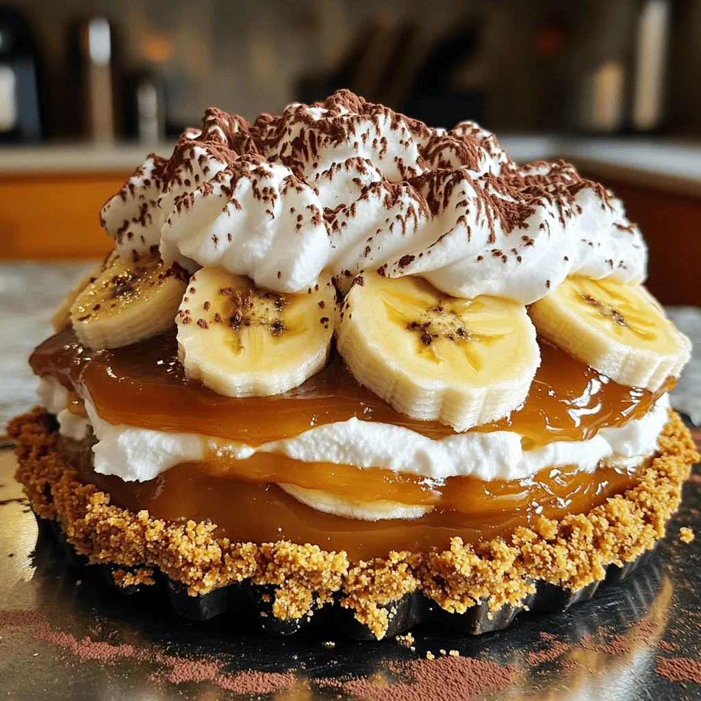 To make the easy banoffee pie, gather these ingredients: - 1 packet of digestive biscuits (approximately 250g) - 100g unsalted butter, melted - 1 can (400g) sweetened condensed milk - 3 ripe bananas, sliced - 300ml heavy cream - 2 tablespoons powdered sugar - 1 teaspoon vanilla extract - Grated dark chocolate or cocoa powder for garnish You can swap some ingredients if needed: - Use graham crackers instead of digestive biscuits for a different base. - Coconut oil can replace butter for a dairy-free option. - Try caramel sauce if you want a quicker version instead of making dulce de leche. - For a lighter cream, use whipped topping instead of heavy cream. Make sure you have these tools ready: - A food processor or rolling pin for crushing biscuits - A mixing bowl for combining ingredients - A 9-inch pie dish for the crust - A whisk or electric mixer for whipping cream - A pot for boiling the sweetened condensed milk Gathering these ingredients and tools makes the process smooth and fun. Enjoy making your easy banoffee pie! For the full recipe, check the detailed instructions. To start, you need to make the biscuit base. First, crush the digestive biscuits. You can use a food processor or a zip-lock bag with a rolling pin. Aim for fine crumbs. Next, mix the crushed biscuits with melted butter in a bowl. Make sure all crumbs get coated well. Now, press this mixture firmly into the bottom and sides of a 9-inch pie dish. This forms your crust. After that, put the pie dish in the fridge for about 30 minutes. This helps the crust to set nicely. Dulce de leche adds a rich flavor. To make it, take a can of sweetened condensed milk. Place it in a pot and cover it with water. Boil the can for about 2 hours. It’s important to keep the can submerged in water during cooking. Once the time is up, turn off the heat and let it cool. After it cools, you can open the can. You will find a smooth, caramel-like spread inside. Now comes the fun part: assembling your banoffee pie! Start by spreading the dulce de leche evenly over the biscuit crust. Make sure it covers the base well. Next, layer the sliced bananas on top of the dulce de leche. Don’t be shy; add enough bananas for a tasty bite! In another bowl, whip the heavy cream with powdered sugar and vanilla extract. Beat until you see soft peaks form. Carefully spread this whipped cream over the banana layer. Finally, you can garnish your pie with grated dark chocolate or a dusting of cocoa powder. This adds a lovely touch. Don’t forget to refrigerate your pie for at least 1 hour before serving. This helps all the flavors meld together. For the full recipe, check out the detailed instructions above! To make a great crust, use fresh digestive biscuits. They should be finely crushed for a smooth base. Mix the crumbs with melted butter well. Press the mixture firmly into the pie dish. This helps it hold together. Chill the crust for at least 30 minutes. Cooling helps it set, so it's sturdy when you add the layers. For fluffy whipped cream, start with cold cream. Use a chilled bowl for best results. Beat the cream on medium speed. Add powdered sugar and vanilla extract for taste. Whip until soft peaks form. Be careful not to overbeat, or it can turn into butter. Soft peaks mean the cream holds its shape but is still smooth. One mistake is not chilling the crust long enough. This can lead to a soggy base. Another mistake is overwhipping the cream, which can ruin its texture. Avoid using overly ripe bananas. They should be firm and sweet, not mushy. Finally, don’t forget to refrigerate the pie before serving. This helps meld the flavors beautifully. Check out the Full Recipe for more details on making this delight! {{image_2}} You can switch up the base for your banoffee pie. Try using graham crackers instead of digestive biscuits. Graham crackers add a sweet, slightly honeyed taste. If you need a gluten-free option, use gluten-free cookies. They work great and taste just as good. Just crush them like you would the biscuits. Want to add a twist? Mix in some peanut butter for a rich flavor. Spread it on the crust before adding the dulce de leche. For chocolate lovers, add cocoa powder to the whipped cream. You can also drizzle melted chocolate on top for extra indulgence. These flavors make your banoffee pie even more special! Make your pie look stunning. Use a piping bag to swirl the whipped cream on top. Add banana slices and chocolate shavings for a pop of color. You can also serve slices with a drizzle of caramel sauce. Presenting your pie well makes it even more tempting to eat. Enjoy this delightful dessert in style! To keep your leftover banoffee pie fresh, cover it tightly. You can use plastic wrap or a lid. This prevents the pie from drying out. Place it in the fridge. It should stay good for about three days. Make sure to keep it chilled until you are ready to enjoy it again. You can freeze banoffee pie, but it may change the texture. To freeze, slice the pie first. Wrap each slice in plastic wrap. Then, place the slices in a freezer bag. This way, you can take out one slice at a time. It will last up to two months in the freezer. When ready to eat, thaw it in the fridge overnight. For the best taste, eat the pie within three days of making it. The bananas will brown over time. If you freeze it, try to eat it within two months for the best flavor. Enjoying it fresh ensures you taste all the layers. Each layer blends well when you eat it soon after making it. For the full recipe, check the earlier section. Banoffee pie can last up to three days in the fridge. Make sure to cover it to keep it fresh. The bananas may darken, but the taste stays great. Yes, you can make banoffee pie a day ahead. Just keep it in the fridge. This helps the flavors mix well. It’s perfect for parties or gatherings! If you don’t have bananas, try using sliced strawberries or peaches. These fruits will give a fresh taste. You can also use apples for a crunchier texture. Yes, you can use low-fat cream, but the texture may change. It might not whip as well as heavy cream. Your pie will still taste good, just a bit different. The traditional recipe is not gluten-free because of the biscuits. To make it gluten-free, use gluten-free biscuits. It will still taste amazing! To keep bananas from browning, add a bit of lemon juice on top. This helps keep them fresh and bright. It also adds a nice tangy flavor. Freezing banoffee pie is not recommended. The cream and bananas do not freeze well. However, you can freeze the crust and dulce de leche separately. Banoffee pie pairs well with coffee or tea. You can also serve it with a scoop of vanilla ice cream. This adds a creamy touch to your dessert. For the complete recipe, check the section titled Full Recipe. It has all the steps and tips to create this delicious dessert! In this post, we explored the simple steps to make an easy banoffee pie. We covered the key ingredients and offered substitutions. You learned how to prepare the biscuit base and make dulce de leche. I shared tips for the perfect crust and whipped cream. We discussed variations and how to store leftovers. Banoffee pie is a fun, tasty treat you can customize. With these tips, you'll impress anyone who enjoys dessert. Now, grab your tools and start baking!
