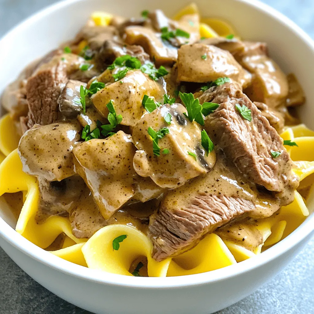 To make classic beef stroganoff, gather these key ingredients: - 1 lb (450g) beef tenderloin or sirloin, thinly sliced - 2 tablespoons olive oil - 1 medium onion, finely chopped - 3 cloves garlic, minced - 8 oz (225g) mushrooms, sliced (button or cremini) - 2 tablespoons all-purpose flour - 2 cups beef broth - 1 tablespoon Worcestershire sauce - 1 teaspoon Dijon mustard - 1 cup sour cream - Salt and pepper to taste - 1 tablespoon fresh parsley, chopped (for garnish) - 8 oz (225g) egg noodles or pasta of choice - Optional: 1 teaspoon smoked paprika for added depth Quality matters in beef stroganoff. Fresh beef gives the best flavor and texture. Choose tender cuts like tenderloin or sirloin. Fresh mushrooms add a nice earthiness to the dish. Use good beef broth for rich taste; homemade is best. Fresh parsley brightens the dish, so don’t skip it. You can make this dish your own. For a lighter version, swap sour cream for Greek yogurt. If you're vegetarian, use mushrooms and a plant-based broth instead of beef. For gluten-free needs, use gluten-free pasta and flour. Add a splash of white wine for extra flavor or switch the noodles for rice. Check out the Full Recipe for more ideas! Start by boiling a large pot of salted water. Add 8 oz of egg noodles. Cook them as the package directs, until they are al dente. This should take about 7-9 minutes. Once done, drain the noodles and set them aside. In a large skillet, heat 1 tablespoon of olive oil over medium-high heat. Add the sliced beef in batches. Do not overcrowd the pan. Season with salt and pepper. Cook until browned, about 2-3 minutes. Remove the beef from the skillet and keep it warm. In the same skillet, add the other tablespoon of olive oil. Add the finely chopped onion and minced garlic. Sauté them until the onion turns translucent, about 3-4 minutes. Next, add the sliced mushrooms. Cook for another 4-5 minutes until they soften. Sprinkle 2 tablespoons of flour over the mushroom mix. Stir for about 1 minute to remove the raw taste. Gradually pour in 2 cups of beef broth while stirring to avoid lumps. Add Worcestershire sauce, Dijon mustard, and smoked paprika if you want extra depth. Let it simmer for 5-7 minutes until it thickens. Lower the heat. Stir in 1 cup of sour cream. Return the cooked beef to the skillet and mix well. Allow it to heat through. Taste and adjust seasoning with salt and pepper as needed. On a plate, serve a generous portion of the cooked egg noodles. Top it with the creamy beef stroganoff mixture. Garnish with fresh parsley for a lovely finish. Enjoy your meal, and feel free to add a side of crusty bread for a complete dish! To get that creamy sauce you want, start with the right amount of flour. Use two tablespoons of flour to thicken the sauce. When you add the beef broth, do it slowly while stirring. This helps avoid lumps. Let the sauce simmer for five to seven minutes. It should coat the back of a spoon when done. If the sauce is too thick, add a splash of broth until you reach the desired texture. For tender beef, choose cuts like tenderloin or sirloin. Slice the beef thinly against the grain. This keeps it soft as it cooks. Sear the beef quickly over high heat. This creates a nice brown crust and locks in juices. Don’t overcrowd the pan; cook in batches if needed. This way, each piece gets the heat it needs. Presentation can make your dish even better. Serve Beef Stroganoff in shallow bowls to showcase the sauce. A sprinkle of fresh parsley adds color and freshness. You can also add a little smoked paprika on top for a hint of spice. Pair the dish with a slice of crusty bread to soak up the sauce. This makes for a hearty meal that looks great on the table. Check out the Full Recipe for more details! {{image_2}} If you want a meat-free dish, try using mushrooms as the star. Portobello or cremini mushrooms bring a rich, meaty flavor. Use the same cooking steps in the Full Recipe but skip the beef. Replace the beef broth with vegetable broth for a deep taste. Add extra veggies like bell peppers or spinach for more texture and color. To make this dish gluten-free, use gluten-free pasta or rice. Instead of all-purpose flour, try using cornstarch or gluten-free flour as a thickener. Simply mix it with a bit of cold broth before adding it to the skillet. This will help avoid lumps in your sauce. Always read labels on sauces to ensure they are gluten-free. You can take the flavor up a notch with herbs and spices. Fresh thyme or rosemary can add a lovely aroma. A pinch of smoked paprika gives a nice depth and warmth. You can also try a dash of cayenne pepper for a bit of heat. Experiment with flavors to make the dish your own! After enjoying your beef stroganoff, let it cool down. Place it in an airtight container. Store it in the fridge. Leftovers stay fresh for about three to four days. Make sure to keep the sauce and pasta together for best results. When you're ready to eat again, take the stroganoff out of the fridge. You can reheat it on the stove. Add a splash of beef broth or water to keep it moist. Stir it over low heat until it’s warm. You can also use a microwave. Heat in short bursts, stirring in between. This keeps the dish creamy and tasty. If you want to save some for later, freezing is a good option. Let the stroganoff cool completely first. Then, place it in a freezer-safe container. It can last for up to three months in the freezer. When you’re ready to eat, thaw it in the fridge overnight. Reheat as mentioned above for the best flavor. Enjoy your beef stroganoff whenever you like! For the full recipe, check out the detailed steps provided. Beef Stroganoff comes from Russia. The dish dates back to the 19th century. It is named after the Stroganov family, who were wealthy merchants. They loved good food and hosted many parties. The dish became popular in other countries over time, especially in the U.S. and Europe. Yes, you can. While beef is traditional, you can use chicken, pork, or even mushrooms for a vegetarian version. Just keep in mind that cooking times may change. Thinner cuts of meat cook faster, while thicker cuts take longer to become tender. To make Beef Stroganoff creamier, add more sour cream or use heavy cream. Cream cheese also works well for added richness. Another tip is to reduce the broth a bit longer for a thicker sauce. This gives it a nice, velvety texture that coats the meat and noodles beautifully. Beef Stroganoff pairs well with several sides. Traditional choices are egg noodles or rice. You can also serve it with mashed potatoes or crusty bread. A fresh salad or steamed vegetables can add color and balance to the meal. To prevent curdling, let the sour cream warm up a bit before adding it to the sauce. Stir it in slowly, away from direct heat. This helps it blend smoothly. If it does curdle, you can still enjoy the dish, but the texture won’t be as nice. This blog post covered how to make Beef Stroganoff with quality ingredients and tips. I shared step-by-step cooking instructions, from the pasta to the sauce. You learned about variations for different diets and how to store leftovers properly. My goal was to help you make a delicious meal with ease. Now, it's time to enjoy your tasty Beef Stroganoff while exploring new flavors. Remember, cooking is about having fun and sharing. Happy cooking!