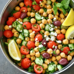 To make Mediterranean Chickpea Salad, gather the following ingredients: - 1 can (15 oz) chickpeas, drained and rinsed - 1 cup cherry tomatoes, halved - 1 cucumber, diced - 1 red bell pepper, diced - 1/2 red onion, finely chopped - 1/2 cup Kalamata olives, pitted and sliced - 1/4 cup feta cheese, crumbled (optional) - 2 tablespoons fresh parsley, chopped - 1 tablespoon fresh mint, chopped - 3 tablespoons olive oil - 2 tablespoons lemon juice - 1 teaspoon dried oregano - Salt and pepper to taste When measuring ingredients, use these tips for accuracy: - Use a dry measuring cup for solids like chickpeas and vegetables. - Use a liquid measuring cup for olive oil and lemon juice. - Level off dry ingredients with a knife for precision. - If using feta, crumble it directly over the salad for easy measurement. You can swap ingredients if needed: - Use canned black beans instead of chickpeas for a different flavor. - Substitute grape tomatoes for cherry tomatoes if you prefer. - Use green bell pepper instead of red for a milder taste. - Replace Kalamata olives with green olives if you like. - For a dairy-free option, skip the feta cheese or use a vegan alternative. For the full recipe, check out Mediterranean Chickpea Delight 🥗. To make Mediterranean Chickpea Salad, gather all your ingredients first. This dish is quick and easy. You need fresh veggies and canned chickpeas. Rinsing the chickpeas helps remove extra salt. It also makes them taste better. 1. In a large bowl, mix the rinsed chickpeas, halved cherry tomatoes, diced cucumber, red bell pepper, and finely chopped red onion. 2. Add sliced Kalamata olives and crumbled feta cheese if you want. 3. In a small bowl, whisk together olive oil, lemon juice, dried oregano, salt, and pepper. Mix until smooth. 4. Pour the dressing over your chickpea mix. Gently toss everything to coat well. 5. Add freshly chopped parsley and mint. Toss again to spread the herbs evenly. 6. Let the salad rest for 15 minutes. This helps the flavors blend nicely. 7. Taste the salad. Adjust the seasoning if needed. You can add more lemon juice, salt, or pepper. To mix evenly, start with a bigger bowl. This gives you space to toss the salad. Use a gentle hand when mixing. This keeps the veggies from breaking apart. If you want, use two forks to lift and turn the salad. This method helps keep everything intact. To boost flavors, try adding a pinch of garlic powder. Fresh herbs like basil or dill can also elevate your salad. Using fresh lemon juice makes the taste bright. Adding a splash of balsamic vinegar gives depth. You can even experiment with spices like cumin or paprika for a twist. Serve your Mediterranean chickpea salad on a bed of greens for a vibrant look. You can also use it as a filling in pita bread. Top it with grilled chicken or shrimp for a hearty meal. Consider pairing it with whole-grain crackers or toasted bread for a crunchy side. One common mistake is not rinsing the chickpeas well. This can lead to a gritty texture. Another issue is adding too much salt. Taste your salad before adding more. Letting the salad sit too long can make it soggy. Aim for freshness by serving it soon after mixing. {{image_2}} You can switch things up in this salad easily. If you want a twist, try using black beans instead of chickpeas. This adds a nice color and taste. You can also use different vegetables, like zucchini or carrots. For a crunchy texture, add some radishes or jicama. If you do not have Kalamata olives, green olives work too. For a vegan option, skip the feta cheese or use a plant-based alternative. This salad is friendly for many diets. To make it vegan, simply leave out the feta cheese. It still tastes great without it. If you need a gluten-free dish, you are in luck. All the ingredients are naturally gluten-free. Just make sure any packaged items, like olives or dressings, are labeled gluten-free. You can adapt this salad to fit the seasons. In summer, add fresh corn or diced avocados for a creamy bite. In autumn, try roasted butternut squash cubes for warmth. You can also mix in seasonal herbs, like basil in summer or thyme in fall. This keeps the salad fresh and exciting all year round. For the full recipe, check out the Mediterranean Chickpea Delight 🥗. Store any leftover Mediterranean Chickpea Salad in an airtight container. This keeps it fresh and tasty. If you use a bowl, cover it tightly with plastic wrap. Avoid letting air in, as it can spoil the salad quickly. The salad lasts about 3 to 4 days in the fridge. After this time, the veggies may become soggy. Keep an eye on the texture and smell. If it smells off, it's best to throw it away. You can freeze Mediterranean Chickpea Salad, but it may change the texture. I recommend freezing only the chickpeas and dressing. Store them in a freezer-safe container. When you want to eat it, thaw it overnight in the fridge. Then, mix in fresh veggies and herbs before serving. Serve Mediterranean Chickpea Salad cold or at room temperature. I love presenting it in a large bowl. Top it with extra feta cheese and fresh mint for color. You can also add lemon wedges on the side. This makes it look pretty and adds more flavor when served. Yes, you can make this salad ahead of time. In fact, letting it sit improves the taste. I recommend making it about an hour before you want to eat. Just cover it and keep it in the fridge. If you plan to store it longer, hold off on adding the herbs. Add them right before serving for the best flavor. Mediterranean Chickpea Salad is very healthy! It is packed with nutrients. Chickpeas provide protein and fiber. Fresh veggies like tomatoes and cucumbers add vitamins and minerals. Olive oil offers healthy fats. Overall, it is a great choice for a light meal or side dish. You can enjoy it guilt-free! For the full recipe, check out Mediterranean Chickpea Delight. In this article, I covered key points to make a Mediterranean Chickpea Salad. We discussed the ingredients, their measurements, and substitutions. I provided step-by-step cooking instructions and tips for even mixing. Flavor enhancements and common mistakes made the process easier. I shared variations, including dietary adjustments and seasonal choices. Lastly, I covered storage tips to keep leftovers fresh. This salad is not just healthy; it's also fun to make and share. Enjoy making your Mediterranean Chickpea Salad your own!