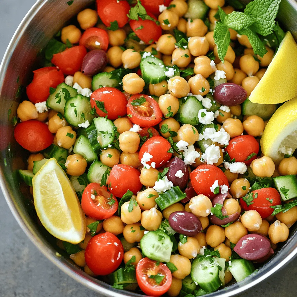 To make Mediterranean Chickpea Salad, gather the following ingredients: - 1 can (15 oz) chickpeas, drained and rinsed - 1 cup cherry tomatoes, halved - 1 cucumber, diced - 1 red bell pepper, diced - 1/2 red onion, finely chopped - 1/2 cup Kalamata olives, pitted and sliced - 1/4 cup feta cheese, crumbled (optional) - 2 tablespoons fresh parsley, chopped - 1 tablespoon fresh mint, chopped - 3 tablespoons olive oil - 2 tablespoons lemon juice - 1 teaspoon dried oregano - Salt and pepper to taste When measuring ingredients, use these tips for accuracy: - Use a dry measuring cup for solids like chickpeas and vegetables. - Use a liquid measuring cup for olive oil and lemon juice. - Level off dry ingredients with a knife for precision. - If using feta, crumble it directly over the salad for easy measurement. You can swap ingredients if needed: - Use canned black beans instead of chickpeas for a different flavor. - Substitute grape tomatoes for cherry tomatoes if you prefer. - Use green bell pepper instead of red for a milder taste. - Replace Kalamata olives with green olives if you like. - For a dairy-free option, skip the feta cheese or use a vegan alternative. For the full recipe, check out Mediterranean Chickpea Delight 🥗. To make Mediterranean Chickpea Salad, gather all your ingredients first. This dish is quick and easy. You need fresh veggies and canned chickpeas. Rinsing the chickpeas helps remove extra salt. It also makes them taste better. 1. In a large bowl, mix the rinsed chickpeas, halved cherry tomatoes, diced cucumber, red bell pepper, and finely chopped red onion. 2. Add sliced Kalamata olives and crumbled feta cheese if you want. 3. In a small bowl, whisk together olive oil, lemon juice, dried oregano, salt, and pepper. Mix until smooth. 4. Pour the dressing over your chickpea mix. Gently toss everything to coat well. 5. Add freshly chopped parsley and mint. Toss again to spread the herbs evenly. 6. Let the salad rest for 15 minutes. This helps the flavors blend nicely. 7. Taste the salad. Adjust the seasoning if needed. You can add more lemon juice, salt, or pepper. To mix evenly, start with a bigger bowl. This gives you space to toss the salad. Use a gentle hand when mixing. This keeps the veggies from breaking apart. If you want, use two forks to lift and turn the salad. This method helps keep everything intact. To boost flavors, try adding a pinch of garlic powder. Fresh herbs like basil or dill can also elevate your salad. Using fresh lemon juice makes the taste bright. Adding a splash of balsamic vinegar gives depth. You can even experiment with spices like cumin or paprika for a twist. Serve your Mediterranean chickpea salad on a bed of greens for a vibrant look. You can also use it as a filling in pita bread. Top it with grilled chicken or shrimp for a hearty meal. Consider pairing it with whole-grain crackers or toasted bread for a crunchy side. One common mistake is not rinsing the chickpeas well. This can lead to a gritty texture. Another issue is adding too much salt. Taste your salad before adding more. Letting the salad sit too long can make it soggy. Aim for freshness by serving it soon after mixing. {{image_2}} You can switch things up in this salad easily. If you want a twist, try using black beans instead of chickpeas. This adds a nice color and taste. You can also use different vegetables, like zucchini or carrots. For a crunchy texture, add some radishes or jicama. If you do not have Kalamata olives, green olives work too. For a vegan option, skip the feta cheese or use a plant-based alternative. This salad is friendly for many diets. To make it vegan, simply leave out the feta cheese. It still tastes great without it. If you need a gluten-free dish, you are in luck. All the ingredients are naturally gluten-free. Just make sure any packaged items, like olives or dressings, are labeled gluten-free. You can adapt this salad to fit the seasons. In summer, add fresh corn or diced avocados for a creamy bite. In autumn, try roasted butternut squash cubes for warmth. You can also mix in seasonal herbs, like basil in summer or thyme in fall. This keeps the salad fresh and exciting all year round. For the full recipe, check out the Mediterranean Chickpea Delight 🥗. Store any leftover Mediterranean Chickpea Salad in an airtight container. This keeps it fresh and tasty. If you use a bowl, cover it tightly with plastic wrap. Avoid letting air in, as it can spoil the salad quickly. The salad lasts about 3 to 4 days in the fridge. After this time, the veggies may become soggy. Keep an eye on the texture and smell. If it smells off, it's best to throw it away. You can freeze Mediterranean Chickpea Salad, but it may change the texture. I recommend freezing only the chickpeas and dressing. Store them in a freezer-safe container. When you want to eat it, thaw it overnight in the fridge. Then, mix in fresh veggies and herbs before serving. Serve Mediterranean Chickpea Salad cold or at room temperature. I love presenting it in a large bowl. Top it with extra feta cheese and fresh mint for color. You can also add lemon wedges on the side. This makes it look pretty and adds more flavor when served. Yes, you can make this salad ahead of time. In fact, letting it sit improves the taste. I recommend making it about an hour before you want to eat. Just cover it and keep it in the fridge. If you plan to store it longer, hold off on adding the herbs. Add them right before serving for the best flavor. Mediterranean Chickpea Salad is very healthy! It is packed with nutrients. Chickpeas provide protein and fiber. Fresh veggies like tomatoes and cucumbers add vitamins and minerals. Olive oil offers healthy fats. Overall, it is a great choice for a light meal or side dish. You can enjoy it guilt-free! For the full recipe, check out Mediterranean Chickpea Delight. In this article, I covered key points to make a Mediterranean Chickpea Salad. We discussed the ingredients, their measurements, and substitutions. I provided step-by-step cooking instructions and tips for even mixing. Flavor enhancements and common mistakes made the process easier. I shared variations, including dietary adjustments and seasonal choices. Lastly, I covered storage tips to keep leftovers fresh. This salad is not just healthy; it's also fun to make and share. Enjoy making your Mediterranean Chickpea Salad your own!