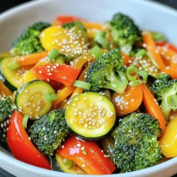To make a tasty quick veggie stir-fry, you need fresh vegetables. Here’s a list to get you started: - 1 cup broccoli florets - 1 red bell pepper, sliced thin - 1 yellow zucchini, sliced into half-moons - 1 carrot, julienned - 1 cup snap peas, trimmed - 3 cloves garlic, minced - 1 teaspoon fresh ginger, grated Next, we’ll need some flavorful sauces and oils: - 2 tablespoons soy sauce (or tamari for gluten-free) - 1 tablespoon sesame oil - 1 tablespoon olive oil Finally, don’t forget the seasoning essentials: - Salt and pepper to taste - 2 green onions, sliced (for garnish) - Sesame seeds (for garnish) These ingredients combine to create a colorful, crunchy dish that bursts with flavor and nutrition. For this stir-fry, you’ll need the right cooking tools to get the best results. - Skillet or wok: A large skillet or wok works best to give the veggies space to cook evenly. - Utensils for stir-frying: Use a spatula or wooden spoon to toss the veggies around. This helps them cook fast and stay crisp. With these ingredients and tools, you are ready to whip up your quick veggie stir-fry. If you want to see the full process, check out the Full Recipe for all the details. To start, wash your vegetables well. Rinse them under cold water to remove dirt. For leafy greens, soak them in a bowl of water for a few minutes. This helps to get rid of any bugs. Next, let’s chop. Use a sharp knife for easy cutting. Cut the broccoli into small florets. For the red bell pepper, slice it into thin strips. The yellow zucchini should be cut into half-moons. Julienning your carrot means cutting it into thin matchsticks. Finally, trim the snap peas and set everything aside. Now, let’s cook! Heat the olive oil in a large skillet or wok over medium-high heat. Once the oil is hot, add the minced garlic and grated ginger. Sauté for about 30 seconds until you smell a nice aroma. Next, toss in the broccoli, red bell pepper, and carrot. Stir-fry these for 3-4 minutes. Watch for them to start softening but still be crisp. After that, add the yellow zucchini and snap peas. Keep stir-frying for another 2-3 minutes. The goal is to keep the colors bright and the veggies tender-crisp. Now pour the soy sauce and sesame oil over the mix. Stir well to coat all the veggies. Cook for one more minute. Add salt and pepper to taste. Remove the pan from heat and garnish with sliced green onions and sesame seeds. When serving, plate your stir-fry in a large bowl or on a plate. Make it look nice! You can arrange the veggies in a circle or pile them high for a fun look. To make it a complete meal, serve your stir-fry with steamed rice or noodles. You can also add a side of crispy spring rolls for extra crunch. Don't forget to share the Full Recipe with friends who would love this dish! - Prepping vegetables in advance: Spend a few minutes before cooking. Wash, chop, and store your veggies in the fridge. This makes it easy to grab and cook when you are ready. For example, slice your bell pepper and zucchini the day before. It cuts your cooking time in half. - Quick-cooking methods to speed up preparation: Use high heat for fast cooking. A hot skillet or wok cooks veggies quickly. Stir-frying keeps them crisp and colorful. You can also try blanching. Just boil the veggies for a minute, then shock them in ice water. This keeps them bright and fresh. - Suggestions for additional herbs and spices: To make your stir-fry pop, add fresh herbs like basil or cilantro. A sprinkle of red pepper flakes adds heat. You can also add a splash of lime juice for brightness. These little changes can make a big difference in flavor. - How to adjust seasoning based on personal preference: Taste your stir-fry as you cook. If it needs more flavor, try adding more soy sauce or sesame oil. Adjust salt and pepper to your liking. If you want it sweeter, add a dash of honey or sugar. Your taste matters most, so make it yours! For more ideas, check out the Full Recipe for Quick Veggie Stir-Fry! {{image_2}} You can add protein to your Quick Veggie Stir-Fry for a heartier meal. Options like chicken, tofu, or shrimp work well. - Chicken: Cut chicken breast into small pieces. Cook it for about 5-7 minutes before adding veggies. - Tofu: Use firm tofu for a great texture. Fry it until golden, about 5 minutes, then add your veggies. - Shrimp: Cook shrimp for 2-3 minutes until they turn pink before adding the rest. Adjust cooking times based on your protein choice. This way, everything cooks evenly and tastes great. Feel free to swap veggies based on your taste or what you have at home. This stir-fry is flexible and fun! - Alternative veggies: Try adding bell peppers, spinach, or mushrooms. Each brings its own flavor. - Seasonal produce: Use what’s fresh in your area. Spring peas or summer squash can make your dish even better. This lets you enjoy different tastes and support local farms. You can easily make this dish fit different diets. - Gluten-free: Just use tamari instead of soy sauce. This keeps it safe for gluten-free eaters. - Vegan: Stick with tofu or skip the animal proteins to keep it plant-based. - Low-carb: Replace carrots with zucchini noodles for fewer carbs. These adjustments make your Quick Veggie Stir-Fry accessible for everyone, while keeping it tasty. For the full recipe, check out the ingredients and steps above! To keep your Quick Veggie Stir-Fry fresh, store leftovers in the fridge. Use an airtight container to prevent moisture loss. You can keep it for about 3 days. For longer shelf life, freeze your stir-fry. Let it cool first, then portion it into freezer-safe bags. Squeeze out the air to avoid freezer burn. It can last up to 3 months in the freezer. To reheat without losing texture, use a skillet over medium heat. Add a splash of water or broth to help steam the veggies. Stir often until warmed through, about 5 minutes. You can also use the microwave. Place the stir-fry in a bowl and cover it with a damp paper towel. Heat in short bursts of 30 seconds, stirring in between, until hot. To refresh the dish, add a little splash of soy sauce or sesame oil just before serving. This adds flavor and keeps your meal vibrant. Enjoy your Quick Veggie Stir-Fry, even days later! How long can I store leftover stir-fry? You can keep leftover stir-fry in the fridge for about 3 to 4 days. Store it in an airtight container to keep it fresh. Can I make this stir-fry ahead of time? Yes, you can prep the veggies in advance. This saves time during busy days. Just chop and store them in the fridge. However, it’s best to cook just before serving for the best taste. What vegetables are best for stir-frying? The best veggies for stir-frying are those that cook quickly. Some great options are: - Broccoli - Bell peppers - Carrots - Snap peas - Zucchini These veggies stay crisp and colorful when cooked. Can I use a non-stick pan for stir-frying? Yes, a non-stick pan works well for stir-frying. It helps prevent the veggies from sticking. However, a wok is ideal for high heat and quick cooking. What’s the best way to achieve high heat for stir-frying? To get high heat, preheat your pan first. Add oil and let it get hot before adding the veggies. This helps them cook fast and keeps them crunchy. Is veggie stir-fry healthy? Absolutely! Veggie stir-fry is packed with vitamins and minerals. It is low in calories and high in fiber, making it a great choice for meals. How can I make stir-fry lower in calories? To lower calories, use less oil or choose lighter sauces. You can also add more veggies to increase volume without adding many calories. Try using cauliflower rice instead of regular rice for a low-carb option. For the full recipe, check out the Quick Veggie Stir-Fry. In this post, we explored the key ingredients and techniques for a quick veggie stir-fry. You learned how to choose fresh vegetables, the right sauces, and essential cooking tools. I shared efficient prep tips and detailed steps for cooking and serving. Remember, you can customize stir-frys with different proteins and veggies to suit your taste. Proper storage and reheating keep your meals fresh and tasty. Get creative, and enjoy making this fast and healthy dish often.