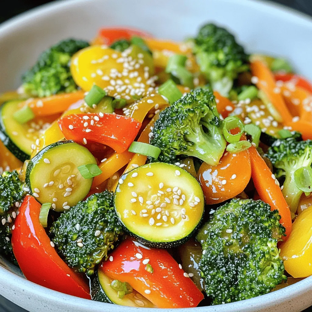 To make a tasty quick veggie stir-fry, you need fresh vegetables. Here’s a list to get you started: - 1 cup broccoli florets - 1 red bell pepper, sliced thin - 1 yellow zucchini, sliced into half-moons - 1 carrot, julienned - 1 cup snap peas, trimmed - 3 cloves garlic, minced - 1 teaspoon fresh ginger, grated Next, we’ll need some flavorful sauces and oils: - 2 tablespoons soy sauce (or tamari for gluten-free) - 1 tablespoon sesame oil - 1 tablespoon olive oil Finally, don’t forget the seasoning essentials: - Salt and pepper to taste - 2 green onions, sliced (for garnish) - Sesame seeds (for garnish) These ingredients combine to create a colorful, crunchy dish that bursts with flavor and nutrition. For this stir-fry, you’ll need the right cooking tools to get the best results. - Skillet or wok: A large skillet or wok works best to give the veggies space to cook evenly. - Utensils for stir-frying: Use a spatula or wooden spoon to toss the veggies around. This helps them cook fast and stay crisp. With these ingredients and tools, you are ready to whip up your quick veggie stir-fry. If you want to see the full process, check out the Full Recipe for all the details. To start, wash your vegetables well. Rinse them under cold water to remove dirt. For leafy greens, soak them in a bowl of water for a few minutes. This helps to get rid of any bugs. Next, let’s chop. Use a sharp knife for easy cutting. Cut the broccoli into small florets. For the red bell pepper, slice it into thin strips. The yellow zucchini should be cut into half-moons. Julienning your carrot means cutting it into thin matchsticks. Finally, trim the snap peas and set everything aside. Now, let’s cook! Heat the olive oil in a large skillet or wok over medium-high heat. Once the oil is hot, add the minced garlic and grated ginger. Sauté for about 30 seconds until you smell a nice aroma. Next, toss in the broccoli, red bell pepper, and carrot. Stir-fry these for 3-4 minutes. Watch for them to start softening but still be crisp. After that, add the yellow zucchini and snap peas. Keep stir-frying for another 2-3 minutes. The goal is to keep the colors bright and the veggies tender-crisp. Now pour the soy sauce and sesame oil over the mix. Stir well to coat all the veggies. Cook for one more minute. Add salt and pepper to taste. Remove the pan from heat and garnish with sliced green onions and sesame seeds. When serving, plate your stir-fry in a large bowl or on a plate. Make it look nice! You can arrange the veggies in a circle or pile them high for a fun look. To make it a complete meal, serve your stir-fry with steamed rice or noodles. You can also add a side of crispy spring rolls for extra crunch. Don't forget to share the Full Recipe with friends who would love this dish! - Prepping vegetables in advance: Spend a few minutes before cooking. Wash, chop, and store your veggies in the fridge. This makes it easy to grab and cook when you are ready. For example, slice your bell pepper and zucchini the day before. It cuts your cooking time in half. - Quick-cooking methods to speed up preparation: Use high heat for fast cooking. A hot skillet or wok cooks veggies quickly. Stir-frying keeps them crisp and colorful. You can also try blanching. Just boil the veggies for a minute, then shock them in ice water. This keeps them bright and fresh. - Suggestions for additional herbs and spices: To make your stir-fry pop, add fresh herbs like basil or cilantro. A sprinkle of red pepper flakes adds heat. You can also add a splash of lime juice for brightness. These little changes can make a big difference in flavor. - How to adjust seasoning based on personal preference: Taste your stir-fry as you cook. If it needs more flavor, try adding more soy sauce or sesame oil. Adjust salt and pepper to your liking. If you want it sweeter, add a dash of honey or sugar. Your taste matters most, so make it yours! For more ideas, check out the Full Recipe for Quick Veggie Stir-Fry! {{image_2}} You can add protein to your Quick Veggie Stir-Fry for a heartier meal. Options like chicken, tofu, or shrimp work well. - Chicken: Cut chicken breast into small pieces. Cook it for about 5-7 minutes before adding veggies. - Tofu: Use firm tofu for a great texture. Fry it until golden, about 5 minutes, then add your veggies. - Shrimp: Cook shrimp for 2-3 minutes until they turn pink before adding the rest. Adjust cooking times based on your protein choice. This way, everything cooks evenly and tastes great. Feel free to swap veggies based on your taste or what you have at home. This stir-fry is flexible and fun! - Alternative veggies: Try adding bell peppers, spinach, or mushrooms. Each brings its own flavor. - Seasonal produce: Use what’s fresh in your area. Spring peas or summer squash can make your dish even better. This lets you enjoy different tastes and support local farms. You can easily make this dish fit different diets. - Gluten-free: Just use tamari instead of soy sauce. This keeps it safe for gluten-free eaters. - Vegan: Stick with tofu or skip the animal proteins to keep it plant-based. - Low-carb: Replace carrots with zucchini noodles for fewer carbs. These adjustments make your Quick Veggie Stir-Fry accessible for everyone, while keeping it tasty. For the full recipe, check out the ingredients and steps above! To keep your Quick Veggie Stir-Fry fresh, store leftovers in the fridge. Use an airtight container to prevent moisture loss. You can keep it for about 3 days. For longer shelf life, freeze your stir-fry. Let it cool first, then portion it into freezer-safe bags. Squeeze out the air to avoid freezer burn. It can last up to 3 months in the freezer. To reheat without losing texture, use a skillet over medium heat. Add a splash of water or broth to help steam the veggies. Stir often until warmed through, about 5 minutes. You can also use the microwave. Place the stir-fry in a bowl and cover it with a damp paper towel. Heat in short bursts of 30 seconds, stirring in between, until hot. To refresh the dish, add a little splash of soy sauce or sesame oil just before serving. This adds flavor and keeps your meal vibrant. Enjoy your Quick Veggie Stir-Fry, even days later! How long can I store leftover stir-fry? You can keep leftover stir-fry in the fridge for about 3 to 4 days. Store it in an airtight container to keep it fresh. Can I make this stir-fry ahead of time? Yes, you can prep the veggies in advance. This saves time during busy days. Just chop and store them in the fridge. However, it’s best to cook just before serving for the best taste. What vegetables are best for stir-frying? The best veggies for stir-frying are those that cook quickly. Some great options are: - Broccoli - Bell peppers - Carrots - Snap peas - Zucchini These veggies stay crisp and colorful when cooked. Can I use a non-stick pan for stir-frying? Yes, a non-stick pan works well for stir-frying. It helps prevent the veggies from sticking. However, a wok is ideal for high heat and quick cooking. What’s the best way to achieve high heat for stir-frying? To get high heat, preheat your pan first. Add oil and let it get hot before adding the veggies. This helps them cook fast and keeps them crunchy. Is veggie stir-fry healthy? Absolutely! Veggie stir-fry is packed with vitamins and minerals. It is low in calories and high in fiber, making it a great choice for meals. How can I make stir-fry lower in calories? To lower calories, use less oil or choose lighter sauces. You can also add more veggies to increase volume without adding many calories. Try using cauliflower rice instead of regular rice for a low-carb option. For the full recipe, check out the Quick Veggie Stir-Fry. In this post, we explored the key ingredients and techniques for a quick veggie stir-fry. You learned how to choose fresh vegetables, the right sauces, and essential cooking tools. I shared efficient prep tips and detailed steps for cooking and serving. Remember, you can customize stir-frys with different proteins and veggies to suit your taste. Proper storage and reheating keep your meals fresh and tasty. Get creative, and enjoy making this fast and healthy dish often.