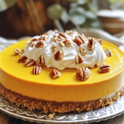 To make the best pumpkin cheesecake, you need fresh, quality ingredients. Here’s what you will need: - Pumpkin Cheesecake Crust Ingredients - 1 ½ cups graham cracker crumbs - ½ cup unsalted butter, melted - 2 tablespoons sugar - Cream Cheese Filling Ingredients - 3 (8 oz) packages cream cheese, softened - 1 cup granulated sugar - 1 cup brown sugar, packed - 1 can (15 oz) pure pumpkin purée - 3 large eggs - 1 teaspoon vanilla extract - 1 teaspoon ground cinnamon - ½ teaspoon ground nutmeg - ½ teaspoon ground ginger - ½ teaspoon salt - 1 cup sour cream - Optional Topping Ingredients - Whipped cream for topping - Toasted pecans or walnuts for garnish Using these ingredients will ensure your pumpkin cheesecake is rich and flavorful. The balance of spices and creaminess from the cheese creates a perfect dessert for any occasion. For the full recipe, check out the details above! To start, we need a tasty base for our cheesecake. - Mixing Graham Cracker Crumbs and Butter: In a medium bowl, combine 1 ½ cups of graham cracker crumbs with ½ cup of melted unsalted butter and 2 tablespoons of sugar. Mix well until all the crumbs are coated. This mixture gives the cheesecake a sweet and crunchy layer. - Baking the Crust: Next, press the crumb mixture into the bottom of a 9-inch springform pan. Make sure it is even. Bake the crust in a preheated oven at 350°F (175°C) for 8-10 minutes. You want it lightly golden. Once done, remove it from the oven and let it cool. Now, let’s create the rich filling. - Creaming the Cream Cheese: In a large mixing bowl, beat 3 packages of softened cream cheese with an electric mixer on medium speed. Mix until it is smooth and creamy. - Adding Pumpkin and Spices: Gradually add in 1 cup of granulated sugar and 1 cup of brown sugar. Mix until combined. Then, add 1 can of pure pumpkin purée, 3 large eggs (adding them one at a time), 1 teaspoon of vanilla extract, 1 teaspoon of ground cinnamon, ½ teaspoon of ground nutmeg, ½ teaspoon of ground ginger, and ½ teaspoon of salt. Beat until everything is well blended and smooth. - Folding in the Sour Cream: Finally, gently fold in 1 cup of sour cream. Be careful not to overmix, as we want a light texture. We're almost there! - Pouring the Filling into the Crust: Pour your pumpkin filling into the cooled crust. Use a spatula to smooth the top. - Bake Time and Temperature: Bake at 325°F (160°C) for 60-70 minutes. The edges should be set, but the center should still jiggle slightly. - Cooling Instructions: Turn off the oven and crack the door open a bit. Let the cheesecake cool inside for about an hour. After that, refrigerate it for at least 4 hours, or overnight for the best taste. Now, you can enjoy a delicious slice of pumpkin cheesecake! For the full recipe, check the earlier sections. Choosing the Right Pumpkin Purée Use pure pumpkin purée, not pumpkin pie filling. The filling has added sugar and spices. Look for brands that have just one ingredient: pumpkin. This keeps your cheesecake tasting fresh and true to flavor. If you want to make your own purée, roast fresh pumpkins until soft and blend until smooth. This gives you full control over the taste. Spice Variations for Pumpkin Cheesecake You can add different spices to boost flavor. Try adding cloves for warmth or allspice for depth. A pinch of cardamom can also add a unique twist. Mix and match to find what you love! Baking Tips for a Creamy Cheesecake Bake your cheesecake at a lower temperature, around 325°F (160°C). This helps it cook evenly. Also, avoid overmixing the filling. When you add eggs, mix just until combined. Too much air makes it puff up and crack. Importance of Cooling in the Oven Let your cheesecake cool in the oven with the door cracked. This step helps avoid sudden temperature changes. A slow cooling process makes for a smooth, creamy texture. Chill it in the fridge for at least four hours, but overnight is best. Garnishing Ideas for Serving Top your cheesecake with whipped cream for a classic look. You can add toasted pecans or walnuts for crunch. Drizzle caramel sauce for extra sweetness. Fresh herbs like mint can also add color. Serving Suggestions for Different Occasions This cheesecake fits many events, from Thanksgiving to birthdays. Serve it as a dessert or with coffee for a cozy treat. Cut slices small for parties or larger for a main dessert. Each slice looks great on any plate! {{image_2}} You can give your pumpkin cheesecake a twist. Try a chocolate pumpkin cheesecake. Just add melted chocolate to the filling. It adds a rich taste that blends well with pumpkin. Another great choice is maple pumpkin cheesecake. Swap some sugar for maple syrup for a sweet, cozy flavor. This version tastes like autumn in every bite. If you need gluten-free options, use almond flour or gluten-free cookies. You can crush them and mix with melted butter. This creates a tasty, nutty crust. You can also use different cookie bases. For a twist, try Oreo or gingersnap cookies. These will give your cheesecake a unique flavor. To make this cheesecake dairy-free, substitute cream cheese with cashew cream or coconut cream. They offer a creamy texture without dairy. For sour cream, you can use coconut yogurt. It adds a nice tang without the dairy. If you need egg replacements, use flaxseed meal or applesauce. Mix one tablespoon of flaxseed with three tablespoons of water for one egg. This keeps your cheesecake rich and moist. Explore these variations to make your pumpkin cheesecake your own! For the complete recipe, check the Full Recipe. To keep leftover cheesecake fresh, wrap it well. Use plastic wrap or foil. A good airtight container works too. Place it in the fridge right away. Your cheesecake stays tasty for up to five days. Want to save some cheesecake for later? You can freeze it! First, let it cool completely. Then, slice it into pieces. Wrap each slice in plastic wrap. Place the wrapped slices in a freezer bag. Try to remove as much air as possible. Your pumpkin cheesecake can last up to three months in the freezer. When you are ready to enjoy it, remove a slice and put it in the fridge overnight. This slow thawing keeps it creamy and delicious. How long does pumpkin cheesecake last? In the fridge, it lasts about five days. In the freezer, it can stay fresh for three months. Watch for signs of spoilage. If you see any mold or smell a strange odor, it's time to toss it. Enjoy the Full Recipe to make this tasty treat and store it right! To avoid cracks, use a water bath. This means placing your cheesecake pan inside a larger pan filled with water. The steam helps keep the cheesecake moist. Bake at a lower temperature, about 325°F (160°C). Also, let your cheesecake cool slowly in the oven with the door slightly open. This reduces the shock from temperature changes, which can cause cracks. Yes, you can make pumpkin cheesecake in advance. In fact, it tastes better when chilled for a day or two. After baking, let it cool completely. Then, cover it well and store it in the fridge. It will stay fresh for up to five days. This makes it perfect for holiday gatherings or parties. The cheesecake is done when the edges are set but the center is slightly jiggly. Use a toothpick or knife to check the edges. If it comes out clean from the sides but slightly wet in the center, it’s perfect. Remember, the cheesecake will continue to firm up as it cools. You can use mascarpone cheese or ricotta cheese as a substitute. Both options give a creamy texture. Greek yogurt can also work, but it will change the flavor. If you want a dairy-free option, try cashew cream or silken tofu. Just blend it until smooth for the best results. For the full recipe, check the detailed instructions. Making pumpkin cheesecake is fun and easy. You now know the key ingredients, from crust to filling and toppings. I shared step-by-step instructions to guide you through every part. You also learned tips to boost flavor and texture. Variations let you get creative, while storage tips keep your treats fresh. Enjoy sharing this treat with friends and family. Your pumpkin cheesecake will impress everyone. Happy baking!