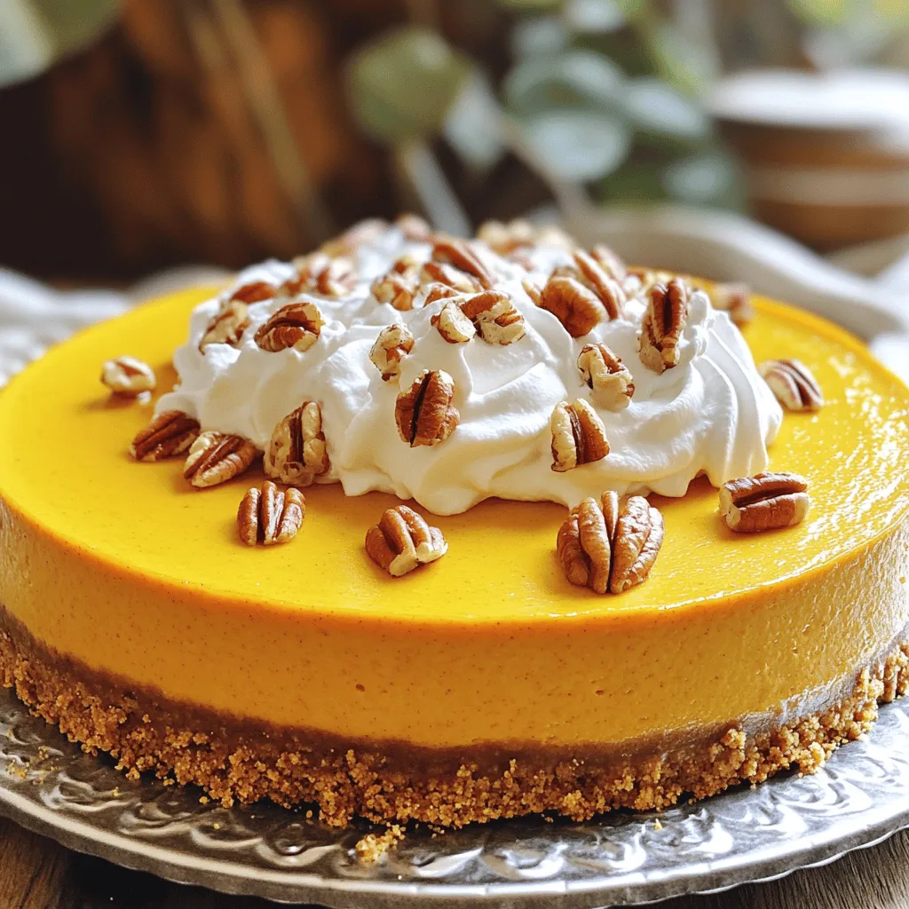 To make the best pumpkin cheesecake, you need fresh, quality ingredients. Here’s what you will need: - Pumpkin Cheesecake Crust Ingredients - 1 ½ cups graham cracker crumbs - ½ cup unsalted butter, melted - 2 tablespoons sugar - Cream Cheese Filling Ingredients - 3 (8 oz) packages cream cheese, softened - 1 cup granulated sugar - 1 cup brown sugar, packed - 1 can (15 oz) pure pumpkin purée - 3 large eggs - 1 teaspoon vanilla extract - 1 teaspoon ground cinnamon - ½ teaspoon ground nutmeg - ½ teaspoon ground ginger - ½ teaspoon salt - 1 cup sour cream - Optional Topping Ingredients - Whipped cream for topping - Toasted pecans or walnuts for garnish Using these ingredients will ensure your pumpkin cheesecake is rich and flavorful. The balance of spices and creaminess from the cheese creates a perfect dessert for any occasion. For the full recipe, check out the details above! To start, we need a tasty base for our cheesecake. - Mixing Graham Cracker Crumbs and Butter: In a medium bowl, combine 1 ½ cups of graham cracker crumbs with ½ cup of melted unsalted butter and 2 tablespoons of sugar. Mix well until all the crumbs are coated. This mixture gives the cheesecake a sweet and crunchy layer. - Baking the Crust: Next, press the crumb mixture into the bottom of a 9-inch springform pan. Make sure it is even. Bake the crust in a preheated oven at 350°F (175°C) for 8-10 minutes. You want it lightly golden. Once done, remove it from the oven and let it cool. Now, let’s create the rich filling. - Creaming the Cream Cheese: In a large mixing bowl, beat 3 packages of softened cream cheese with an electric mixer on medium speed. Mix until it is smooth and creamy. - Adding Pumpkin and Spices: Gradually add in 1 cup of granulated sugar and 1 cup of brown sugar. Mix until combined. Then, add 1 can of pure pumpkin purée, 3 large eggs (adding them one at a time), 1 teaspoon of vanilla extract, 1 teaspoon of ground cinnamon, ½ teaspoon of ground nutmeg, ½ teaspoon of ground ginger, and ½ teaspoon of salt. Beat until everything is well blended and smooth. - Folding in the Sour Cream: Finally, gently fold in 1 cup of sour cream. Be careful not to overmix, as we want a light texture. We're almost there! - Pouring the Filling into the Crust: Pour your pumpkin filling into the cooled crust. Use a spatula to smooth the top. - Bake Time and Temperature: Bake at 325°F (160°C) for 60-70 minutes. The edges should be set, but the center should still jiggle slightly. - Cooling Instructions: Turn off the oven and crack the door open a bit. Let the cheesecake cool inside for about an hour. After that, refrigerate it for at least 4 hours, or overnight for the best taste. Now, you can enjoy a delicious slice of pumpkin cheesecake! For the full recipe, check the earlier sections. Choosing the Right Pumpkin Purée Use pure pumpkin purée, not pumpkin pie filling. The filling has added sugar and spices. Look for brands that have just one ingredient: pumpkin. This keeps your cheesecake tasting fresh and true to flavor. If you want to make your own purée, roast fresh pumpkins until soft and blend until smooth. This gives you full control over the taste. Spice Variations for Pumpkin Cheesecake You can add different spices to boost flavor. Try adding cloves for warmth or allspice for depth. A pinch of cardamom can also add a unique twist. Mix and match to find what you love! Baking Tips for a Creamy Cheesecake Bake your cheesecake at a lower temperature, around 325°F (160°C). This helps it cook evenly. Also, avoid overmixing the filling. When you add eggs, mix just until combined. Too much air makes it puff up and crack. Importance of Cooling in the Oven Let your cheesecake cool in the oven with the door cracked. This step helps avoid sudden temperature changes. A slow cooling process makes for a smooth, creamy texture. Chill it in the fridge for at least four hours, but overnight is best. Garnishing Ideas for Serving Top your cheesecake with whipped cream for a classic look. You can add toasted pecans or walnuts for crunch. Drizzle caramel sauce for extra sweetness. Fresh herbs like mint can also add color. Serving Suggestions for Different Occasions This cheesecake fits many events, from Thanksgiving to birthdays. Serve it as a dessert or with coffee for a cozy treat. Cut slices small for parties or larger for a main dessert. Each slice looks great on any plate! {{image_2}} You can give your pumpkin cheesecake a twist. Try a chocolate pumpkin cheesecake. Just add melted chocolate to the filling. It adds a rich taste that blends well with pumpkin. Another great choice is maple pumpkin cheesecake. Swap some sugar for maple syrup for a sweet, cozy flavor. This version tastes like autumn in every bite. If you need gluten-free options, use almond flour or gluten-free cookies. You can crush them and mix with melted butter. This creates a tasty, nutty crust. You can also use different cookie bases. For a twist, try Oreo or gingersnap cookies. These will give your cheesecake a unique flavor. To make this cheesecake dairy-free, substitute cream cheese with cashew cream or coconut cream. They offer a creamy texture without dairy. For sour cream, you can use coconut yogurt. It adds a nice tang without the dairy. If you need egg replacements, use flaxseed meal or applesauce. Mix one tablespoon of flaxseed with three tablespoons of water for one egg. This keeps your cheesecake rich and moist. Explore these variations to make your pumpkin cheesecake your own! For the complete recipe, check the Full Recipe. To keep leftover cheesecake fresh, wrap it well. Use plastic wrap or foil. A good airtight container works too. Place it in the fridge right away. Your cheesecake stays tasty for up to five days. Want to save some cheesecake for later? You can freeze it! First, let it cool completely. Then, slice it into pieces. Wrap each slice in plastic wrap. Place the wrapped slices in a freezer bag. Try to remove as much air as possible. Your pumpkin cheesecake can last up to three months in the freezer. When you are ready to enjoy it, remove a slice and put it in the fridge overnight. This slow thawing keeps it creamy and delicious. How long does pumpkin cheesecake last? In the fridge, it lasts about five days. In the freezer, it can stay fresh for three months. Watch for signs of spoilage. If you see any mold or smell a strange odor, it's time to toss it. Enjoy the Full Recipe to make this tasty treat and store it right! To avoid cracks, use a water bath. This means placing your cheesecake pan inside a larger pan filled with water. The steam helps keep the cheesecake moist. Bake at a lower temperature, about 325°F (160°C). Also, let your cheesecake cool slowly in the oven with the door slightly open. This reduces the shock from temperature changes, which can cause cracks. Yes, you can make pumpkin cheesecake in advance. In fact, it tastes better when chilled for a day or two. After baking, let it cool completely. Then, cover it well and store it in the fridge. It will stay fresh for up to five days. This makes it perfect for holiday gatherings or parties. The cheesecake is done when the edges are set but the center is slightly jiggly. Use a toothpick or knife to check the edges. If it comes out clean from the sides but slightly wet in the center, it’s perfect. Remember, the cheesecake will continue to firm up as it cools. You can use mascarpone cheese or ricotta cheese as a substitute. Both options give a creamy texture. Greek yogurt can also work, but it will change the flavor. If you want a dairy-free option, try cashew cream or silken tofu. Just blend it until smooth for the best results. For the full recipe, check the detailed instructions. Making pumpkin cheesecake is fun and easy. You now know the key ingredients, from crust to filling and toppings. I shared step-by-step instructions to guide you through every part. You also learned tips to boost flavor and texture. Variations let you get creative, while storage tips keep your treats fresh. Enjoy sharing this treat with friends and family. Your pumpkin cheesecake will impress everyone. Happy baking!