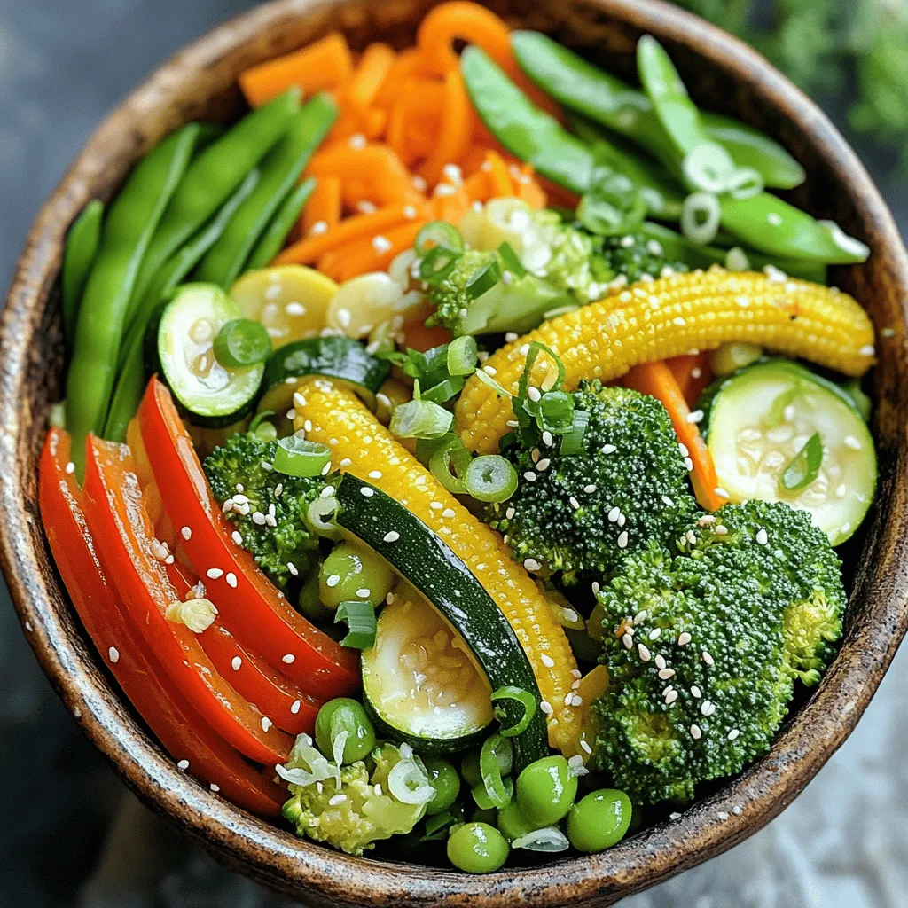Let’s gather what you need for this easy veggie stir-fry. Fresh ingredients make a huge difference. Here’s the list: - 1 cup broccoli florets - 1 bell pepper, sliced - 1 medium carrot, julienned - 1 cup snap peas - 1 zucchini, sliced into half-moons - 1 cup baby corn, cut in half - 2 tablespoons olive oil - 3 cloves garlic, minced - 1 tablespoon fresh ginger, grated - 2 tablespoons low-sodium soy sauce - 1 tablespoon sesame oil - Salt and pepper to taste - 2 green onions, sliced (for garnish) - Sesame seeds (for garnish) These ingredients blend well for a full-flavored meal. Feel free to swap in what you have on hand. Using fresh veggies gives the best crunch. If you want the full recipe, just look for the Colorful Veggie Bliss Stir-Fry. It’s a simple way to make eating veggies fun! - Wash and chop all vegetables. - Organize ingredients for easy access. Start by washing all your veggies. Fresh produce makes the dish pop. Chop the broccoli, bell pepper, carrot, snap peas, zucchini, and baby corn. Keep everything in bowls near your stove. This helps you grab what you need fast. - Instructions to heat olive oil in skillet. - Importance of oil temperature. Next, take your large skillet or wok. Pour in the olive oil and heat it on medium-high. You want the oil to shimmer but not smoke. This heat level helps cook the veggies evenly. - Cooking garlic and ginger. - Timing to avoid burning. Now, add minced garlic and grated ginger to the hot oil. Stir-fry for about 30 seconds. Watch closely! You don’t want them to burn. They should smell great and add flavor fast. - First vegetables to add and timing. - Tips for maintaining crunch. Toss in the broccoli florets and sliced carrots first. Stir-fry these for about 2-3 minutes. This timing softens them just right while keeping a nice crunch. - Order of adding softer vegetables. - How to stir-fry properly. Now it’s time for the bell pepper, snap peas, zucchini, and baby corn. Add these and stir-fry for another 4-5 minutes. Keep the veggies moving so they stay bright and crisp. - Adding soy sauce and sesame oil. - Adjusting seasonings and flavors. When the veggies are done to your liking, pour in soy sauce and sesame oil. Stir well to mix the flavors. Taste and adjust with salt and pepper if needed. - Stir in green onions. - Presentation suggestions. Remove the skillet from heat. Stir in sliced green onions for a fresh finish. For a great look, serve in a colorful bowl. - Ideal serving suggestions. - Pairing recommendations. Plate the stir-fry hot. Sprinkle sesame seeds on top for a nice crunch. This dish pairs well with steamed rice or noodles. For the full recipe, check the details above. Enjoy your easy veggie stir-fry! Using high heat is key for a great stir-fry. It cooks the veggies fast and keeps them crisp. Make sure your skillet or wok is hot before adding oil. This helps prevent sticking and gives your dish a nice sear. Stick to the stir-fry method by keeping everything moving in the pan. This way, you get even cooking and tasty flavors. Choosing the freshest produce makes a big difference. Look for bright colors and firm textures. Avoid veggies that are wilted or have dark spots. Proper storage is also important. Keep your vegetables in the fridge to stay fresh. Use a damp cloth to wrap leafy greens for extra moisture. This keeps them crisp until you are ready to cook. To change up the flavors, consider using different sauces. Try teriyaki or hoisin sauce for a sweet twist. You can also add proteins like tofu, chicken, or shrimp. This makes your stir-fry a full meal. Just be sure to adjust your cooking time depending on the protein you choose. For example, chicken will need more time than tofu. For the full recipe, click here. {{image_2}} You can easily add protein to your veggie stir-fry. Tofu, chicken, or shrimp work great. For tofu, use firm or extra-firm. Cut it into cubes and sauté for about 5-7 minutes until golden. For chicken, slice it thin. Cook it for about 5 minutes before adding veggies. If using shrimp, add it for the last 3-4 minutes. Make sure it turns pink and opaque. This keeps your protein tender and juicy. Soy sauce is a classic, but you can try other options. Tamari is a great gluten-free choice. Coconut aminos offer a sweeter flavor. You can also boost flavor with spices. Try garlic powder, crushed red pepper, or five-spice powder. These spices add unique tastes and make your dish pop. Seasonal veggies can change your stir-fry game. In spring, use asparagus and snap peas. Summer is great for zucchini and bell peppers. Fall brings squash and sweet potatoes. In winter, try broccoli and carrots. Adjust cooking times based on your veggies. Harder veggies need more time, while softer ones cook fast. This helps keep everything crisp and vibrant. To store your stir-fry safely, let it cool first. Place it in an airtight container. This keeps the food fresh and tasty. Use glass or BPA-free plastic containers for best results. They are durable and safe for food. The best way to reheat stir-fry is on the stovetop. This method keeps the veggies crisp. Heat a bit of oil in a pan, then add your leftovers. Stir often until warmed through. If using a microwave, place the stir-fry in a safe bowl. Cover it to trap steam and heat for a minute. Stir and heat again if needed. Yes, you can freeze veggie stir-fry! For best results, freeze it right after cooking. Use freezer-safe containers or bags. Remove air to prevent freezer burn. It will stay good for about three months. When ready to eat, thaw overnight in the fridge before reheating. Enjoy a quick meal that tastes fresh! For a detailed recipe, check the Full Recipe. Preparing Easy Veggie Stir-Fry takes about 10 minutes. Cooking it takes around 10 minutes, too. So, you can enjoy a warm, healthy meal in just 20 minutes. Yes, you can use frozen vegetables! They save time and are often just as nutritious. However, they can release more water when cooked, making the stir-fry a bit soggy. Fresh vegetables give a better crunch and bright color. Cut your vegetables into even sizes. This helps them cook at the same rate. Aim for bite-sized pieces, like thin strips or small cubes. This way, every bite has a mix of flavors and textures. To make it gluten-free, swap soy sauce with tamari or coconut aminos. Both options taste great and keep your dish flavorful. Always check labels to ensure other ingredients are gluten-free, too. Yes, this recipe is vegan! All ingredients come from plants. You can add tofu or chickpeas for extra protein. Customize it with your favorite veggies to fit different diets. This stir-fry recipe is easy and quick. You learned about fresh veggies, cooking methods, and flavors. Using high heat makes cooking fun and fast. Don’t forget to try different proteins and sauces. Proper storage keeps leftovers tasty for later. Enjoy making this dish your own with seasonal veggies. I hope this helps you create a delicious meal every time. Happy cooking!
