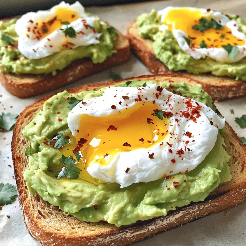 - 2 ripe avocados - 4 slices of whole-grain bread - 4 large eggs - 1 tablespoon white vinegar - Salt and pepper to taste - 1 teaspoon red pepper flakes (optional) - 1 tablespoon lemon juice - Fresh herbs (like cilantro or parsley) for garnish Health benefits of avocados Avocados are full of good fats. They help keep your heart healthy. These fruits also have fiber, which aids digestion. Plus, they contain vitamins like E and K. Protein content in eggs Eggs are a great source of protein. One large egg has about 6 grams of protein. Protein helps build and repair muscles. It also keeps you full longer, which is great for breakfast. Whole grain vs. white bread Whole grain bread has more nutrients than white bread. It has fiber, which helps digestion. Whole grains can lower the risk of heart disease. They also keep your energy steady throughout the day. This simple and tasty meal is not just easy to make, but it's also packed with health benefits. For the full recipe, check out the recipe section above! Toasting the bread is the first step. You want it golden and crispy. I recommend using whole-grain bread. It gives a great flavor and texture. You can use a toaster or a skillet. Toasting in a skillet allows for a nice, even brown. A crispy toast holds the toppings well. Next, let’s make the avocado mash. Start with ripe avocados. Cut them in half, remove the pit, and scoop the green flesh into a bowl. Use a fork to mash them gently. You want it creamy but still chunky. This texture adds interest. Then, add lemon juice, salt, and pepper. The lemon juice adds brightness. Mix well, and set aside. Now, we get to the eggs. Poaching eggs can be tricky, but it’s fun! First, fill a pot with about three inches of water. Bring it to a gentle simmer. Add a tablespoon of white vinegar. This helps the egg whites stay together. Crack each egg into a small bowl. Create a gentle whirlpool in the water. Drop the egg in the center. Repeat until all eggs are in the pot. Poach the eggs for three to four minutes. The whites should be set, but the yolks need to be runny. Use a slotted spoon to remove the eggs. Drain them on a paper towel to remove excess water. Now, you are ready to assemble your dish! For the full recipe, check out the recipe section. Enjoy your tasty avocado toast with poached egg! To make perfect poached eggs, avoid a few common mistakes. First, always use fresh eggs. Fresh eggs hold their shape better in water. Second, add vinegar to the water. This helps the egg whites stay together. Keep the water at a gentle simmer, not a rolling boil. If the water is too hot, the eggs may break apart. For timing, it depends on how you like your yolks. For runny yolks, poach the eggs for about 3-4 minutes. If you prefer firm yolks, aim for 5-6 minutes. Use a slotted spoon to lift the eggs out. Let them drain on a paper towel to remove excess water. To add flavor, consider a few seasonings. A sprinkle of salt and pepper is a must. You can also add red pepper flakes for some heat. For a fresh twist, try adding lemon zest or a drizzle of olive oil. Pair your avocado toast with crispy bacon or smoked salmon. They both add a savory touch. You can also include sliced tomatoes or a sprinkle of feta cheese. These toppings complement the creaminess of the avocado well. To make your dish look great, pay attention to plating. Start with a nice, clean plate. Place the toast on the plate, then add the avocado mash. Make sure to spread it evenly. Top each slice with a poached egg. This adds height and visual interest. For garnishing, use fresh herbs like cilantro or parsley. They add a pop of color and freshness. You can also drizzle a bit of olive oil around the plate for an extra touch. {{image_2}} You can get creative with your avocado toast! Try adding smoked salmon or crispy bacon for a salty kick. These toppings bring rich flavors and extra protein. If you want a vegetarian twist, consider sliced radishes or cherry tomatoes. Both add a fresh taste and vibrant colors. You can also sprinkle pumpkin seeds or feta cheese for a nutty or creamy touch. The type of bread you choose can change everything. If you want gluten-free options, look for rice or almond flour breads. They work great with the creamy avocado. Sourdough is another option. It pairs well with the richness of the egg and avocado. Whole-grain bread is also a healthy choice. It adds fiber and a hearty texture to your meal. Feeling adventurous? Turn your avocado toast into a breakfast bowl! Start with a base of quinoa or brown rice. Then, add your mashed avocado and top it with a poached egg. You can customize it with toppings like sautéed spinach or roasted sweet potatoes. This way, you get a filling and nutritious meal that still tastes amazing. For more ideas, check the Full Recipe. To keep your avocado toast fresh, store it in the fridge. Place the assembled toast in an airtight container. This will stop the bread from getting soggy. If you have mashed avocado left, squeeze lemon juice over it. This helps prevent browning. Then, put it in a small container with a lid. When it's time to eat your leftovers, you can reheat bread and eggs. For bread, use a toaster or an oven. Heat it at a low temperature to keep it crispy. For poached eggs, place them in warm water for a minute. This will warm them up without cooking them more. Avocados can last about 3 to 5 days at room temperature. Once cut, keep them in the fridge for 1 to 2 days. Eggs can stay fresh for about 3 to 5 weeks in the fridge. Whole-grain bread usually lasts about a week. Always check for signs of spoilage. If the bread smells off or feels hard, it's best to throw it out. For avocados, look for dark spots or a mushy feel. Discard any eggs that float in water, as that means they are bad. To make avocado toast with poached egg, you need to follow these steps: 1. Toast the bread until it is golden and crispy. 2. Prepare the avocados by cutting and mashing them, adding lemon juice, salt, and pepper. 3. Poach the eggs in simmering water with vinegar for about 3-4 minutes. 4. Assemble the toast by spreading avocado on the bread and adding the poached egg on top. 5. Garnish with red pepper flakes and fresh herbs. This dish is simple and so satisfying. You can add many tasty toppings to your avocado toast. Here are a few: - Sliced tomatoes - Crumbled feta cheese - Bacon or smoked salmon - Radishes for crunch - A drizzle of balsamic reduction Mix and match to find your favorite combination! Yes, you can make a vegan version of this recipe. Simply skip the poached egg and try these ideas instead: - Use sliced cucumbers for freshness. - Top with nuts or seeds for added protein. - Add a sprinkle of nutritional yeast for a cheesy flavor. You can still enjoy creamy avocado goodness without eggs. To keep your avocado from browning, try these tips: - Add lemon or lime juice right after cutting. - Store any leftover avocado in an airtight container. - Press plastic wrap directly onto the surface of the avocado. These methods help slow down the browning process. Avocado toast pairs well with many sides. Here are some ideas: - Fresh fruit like berries or citrus. - A side salad with greens and nuts. - Smoothies for a refreshing drink. - Yogurt with granola for extra protein. These sides can create a balanced meal. For a complete guide, check the Full Recipe. In this post, we explored the tasty world of avocado toast with poached eggs. You learned about key ingredients like avocados and whole-grain bread. I shared steps for perfecting your toast, mashing avocados, and poaching eggs just right. Remember, you can mix it up with toppings and different breads. Store any leftovers wisely to keep them fresh. Whether you stick to classic flavors or try new variations, enjoy this healthy dish that fits any meal.