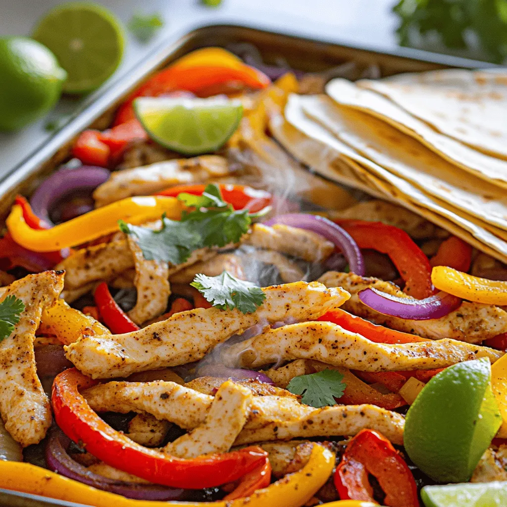 - 1 lb chicken breast, sliced into thin strips - 1 red bell pepper, sliced - 1 yellow bell pepper, sliced - 1 red onion, sliced - 3 cloves garlic, minced For these fajitas, I love using fresh chicken breast. It cooks quickly and stays juicy. The colors of the bell peppers make the dish pop. Red and yellow bell peppers add sweetness. The red onion brings a nice bite. Garlic gives a lovely aroma that fills the kitchen. - 2 tablespoons olive oil - 1 tablespoon chili powder - 1 teaspoon cumin - 1 teaspoon paprika - 1 teaspoon smoked paprika - Salt and pepper to taste The spice blend is key for flavor. Chili powder gives heat without being too spicy. Cumin adds warmth, while paprika brings a hint of smokiness. I like to mix these spices with olive oil. This helps the spices stick to the chicken and veggies. - 8 small flour or corn tortillas - Fresh cilantro, chopped (for garnish) - Lime wedges (for serving) Tortillas are the heart of fajitas. You can use corn or flour, based on your taste. Fresh cilantro adds brightness. Lime wedges bring a zesty kick when squeezed on top. When you serve these fajitas, don't forget the Full Recipe for all the steps! First, I preheat the oven to 400°F (200°C). This helps cook the fajitas evenly. In a large bowl, I combine the sliced chicken, red bell pepper, yellow bell pepper, red onion, and minced garlic. Mixing these fresh ingredients together adds great flavor. Next, I take a small bowl and whisk together the olive oil, chili powder, cumin, paprika, smoked paprika, salt, and pepper. This spice blend brings life to the dish. I pour this mixture over the chicken and veggies, tossing everything until it is evenly coated. Each piece should be covered well for the best taste. Now, I spread the chicken and vegetable mixture in a single layer on a large sheet pan. This allows them to cook evenly and get a nice roast. I bake everything in the preheated oven for 20 to 25 minutes. I check that the chicken reaches an internal temperature of 165°F (75°C) and that the veggies become tender and slightly roasted. While the fajitas bake, I warm the tortillas in a separate pan over medium heat for about 30 seconds per side. This makes them soft and ready to hold all that delicious filling. Once the fajitas are done, I remove the sheet pan from the oven to cool slightly. Then, I serve the sizzling fajita mixture on the warm tortillas. I like to garnish with fresh cilantro and lime wedges for some extra zing. You can find the full recipe in the earlier section. To ensure even cooking, spread the chicken and veggies in one layer on your sheet pan. This helps all the pieces cook at the same rate. When you crowd the pan, some ingredients may cook slower than others. To avoid soggy tortillas, warm them right before serving. You can heat them in a pan for about 30 seconds on each side. This makes them soft but not too wet. You can add more spices to kick up the flavor. Try adding cayenne pepper for heat or oregano for a fresh twist. Adjust the spice levels to your taste. Marinating your chicken can enhance flavor greatly. Mix the chicken with olive oil and spices, then let it sit for 30 minutes. This extra time allows the flavors to soak in. For garnishing, fresh cilantro adds a nice touch. Sprinkle it over the fajitas just before serving. Lime wedges on the side provide a fresh burst when squeezed. When serving, place the fajita mixture directly on warm tortillas. You can create a fajita station with toppings like cheese, salsa, or guacamole. This way, everyone can customize their meal. For the full recipe, check out the details above. {{image_2}} You can swap chicken for beef or shrimp. Both options bring a different taste. If you choose beef, use flank or sirloin. For shrimp, select large, raw shrimp. Both proteins cook quickly and stay juicy. If you prefer a vegetarian meal, try using firm tofu or tempeh. Both options add protein and soak up the flavors. You can also use beans, like black beans or pinto beans, for a hearty option. Adding more veggies makes fajitas even better. You can include zucchini, mushrooms, or corn. These veggies add color and flavor. Seasonal vegetables work well too. In summer, use fresh tomatoes and summer squash. In fall, add butternut squash or Brussels sprouts. Experiment, and find the mix you love. For gluten-free fajitas, use corn tortillas instead of flour ones. This simple swap keeps all the taste without gluten. If you're looking for low-carb options, skip the tortillas. Serve the fajita mix in a lettuce wrap instead. You get all the flavor with fewer carbs. Check out the Full Recipe for more ideas on how to make these dishes your own! To keep your fajitas fresh, place them in an airtight container. Let them cool first, then seal tightly. Store them in the fridge for up to four days. If you want to keep them longer, freezing works great too. Place the fajitas in freezer bags, press out the air, and seal well. They can last up to three months in the freezer. You can reheat fajitas in two main ways: microwave or oven. If you use the microwave, place the fajitas on a microwave-safe plate. Heat in short bursts, checking often to avoid overcooking. If you prefer the oven, preheat it to 350°F (175°C). Spread the fajitas on a baking sheet and heat for about 10-15 minutes. This method keeps them crispy and tasty. To keep the fajitas flavorful, add a splash of lime juice before reheating. This brightens up the dish and enhances the taste. Leftovers last about four days in the fridge. If you freeze them, they can stay good for three months. Always check for signs of spoilage. If the fajitas smell off or look discolored, it’s best to throw them away. When in doubt, trust your senses! For the full recipe, check out the original post. Yes, you can use frozen chicken for these fajitas. To ensure safety, thaw the chicken completely before cooking. The best way to thaw chicken is in the fridge overnight. If you're short on time, you can use the cold water method. Place the chicken in a sealed bag and submerge it in cold water. Change the water every 30 minutes until it's thawed. Avoid thawing chicken in hot water, as it can raise bacteria levels. Toppings enhance the flavor and add freshness to your fajitas. Here are some popular suggestions: - Shredded cheese - Sour cream - Guacamole - Salsa or pico de gallo - Sliced jalapeños - Avocado slices - Fresh lime juice - Shredded lettuce - Chopped tomatoes Feel free to mix and match your favorites. Each topping brings its own flair to the dish. To check if the chicken is cooked, use a meat thermometer. The internal temperature should reach 165°F (75°C). Insert the thermometer into the thickest part of the chicken. If you don't have a thermometer, cut into the chicken. The meat should be white and no longer pink. Juices should run clear. This ensures that your chicken is safe to eat and tender. This blog explained how to make tasty chicken fajitas. We covered ingredients like chicken, veggies, and spices. I shared step-by-step instructions for preparation and cooking. The tips help you perfect your dish and try fun variations. Storing and reheating ideas keep your leftovers great. In conclusion, making fajitas is easy and fun. Experiment with flavors and toppings to suit your taste. Enjoy your cooking adventure!