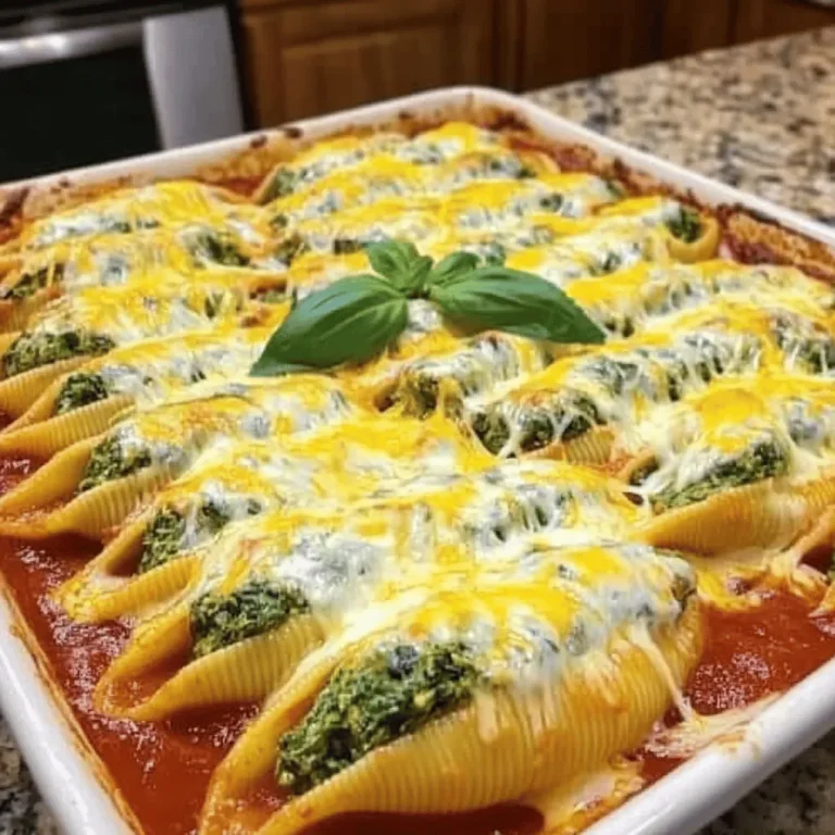 To make cheesy spinach stuffed shells, you need a few simple ingredients. Here's the list: - 12 jumbo pasta shells - 2 cups fresh spinach, chopped - 1 cup ricotta cheese - 1 cup mozzarella cheese, shredded - 1/2 cup parmesan cheese, grated - 1 egg, lightly beaten - 1 teaspoon garlic powder - 1 teaspoon onion powder - Salt and pepper to taste - 2 cups marinara sauce - Fresh basil leaves, for garnish Each ingredient plays a key role in the dish. The jumbo pasta shells hold the filling and become soft and tasty when cooked. Fresh spinach adds color and nutrition. Ricotta cheese gives a creamy texture, while mozzarella and parmesan add rich flavor. The egg helps bind everything together. Garlic and onion powders boost the taste. Marinara sauce adds moisture and a nice tang. Lastly, fresh basil gives a bright finish. You can find the full recipe at the top of this article to see how these ingredients come together in this dish. Start by setting your oven to 350°F (175°C). This step is key for cooking the shells evenly. Boil a large pot of water and add salt. Cook the jumbo pasta shells according to the package until they are al dente. This means they should still have a slight bite. Once done, drain them and let them cool for a bit. In a mixing bowl, combine the chopped spinach, ricotta cheese, half of the mozzarella, and the parmesan cheese. Add the beaten egg, garlic powder, onion powder, salt, and pepper. Mix everything well until it's creamy and smooth. This filling packs a lot of flavor. Take each cooked shell and gently fill it with the spinach cheese mixture. Place the shells seam-side up in a 9x13 inch baking dish. Make sure they fit snugly but are not overcrowded. Pour marinara sauce over the stuffed shells. Cover them well so they soak up the flavor. This step adds a rich, tangy taste that complements the cheese. Sprinkle the remaining mozzarella cheese on top of the marinara sauce. This will melt beautifully and create a golden crust. Cover the dish with aluminum foil and bake it in the preheated oven for 20 minutes. After that, remove the foil and bake for an additional 10-15 minutes. Look for the cheese to be melted and bubbly. Once done, take the dish out of the oven and let it cool for a few minutes. Garnish with fresh basil leaves before serving. This adds a nice pop of color and flavor. For the full recipe, check out the details above. Enjoy your tasty creation! To make a great filling, start with fresh ingredients. Use soft ricotta cheese for a smooth texture. Mix in chopped spinach and cheese for a rich flavor. I like to add garlic and onion powder to boost taste. Make sure to blend well for a creamy filling. When cooking pasta, aim for al dente. This means it should be firm but not hard. Al dente pasta holds its shape better when stuffed. If you overcook it, the shells may tear. Always follow the package directions for best results. You can mix different cheeses for your filling. Try using goat cheese for a tangy kick. Cream cheese can add a rich and creamy flavor. You can even swap mozzarella for a sharper cheese like provolone. Each cheese will change the taste, so feel free to experiment. Serve cheesy spinach stuffed shells warm for the best taste. Let them cool for a few minutes after baking. This helps the cheese set a bit. For an elegant touch, garnish with fresh basil leaves. You can also sprinkle extra cheese on top before serving for added flavor. For the full recipe, check out the complete instructions. {{image_2}} You can easily add meat to cheesy spinach stuffed shells. Ground beef, chicken, or turkey work well. Cook the meat first, then mix it with the spinach filling. This adds protein and flavor to the dish. Just use about one cup of cooked meat for a balanced taste. If you want to keep it vegetarian, consider adding more veggies. Chopped mushrooms, bell peppers, or zucchini can enhance the dish. You can also mix in some artichoke hearts. These options add texture and flavor without meat. It’s a fun way to change things up while keeping it healthy. For a gluten-free version, use gluten-free pasta shells. Many stores offer these now. Make sure to check the box for cooking times. You can follow the same steps in the recipe. This option ensures everyone can enjoy this cheesy delight. While marinara is classic, you can try other sauces. Alfredo or pesto sauce would add a rich taste. If you like a kick, use a spicy arrabbiata sauce. Each sauce gives a new twist to the dish. Feel free to experiment and find your favorite! You can store leftover cheesy spinach stuffed shells in the fridge. Place them in an airtight container. They will stay fresh for up to three days. Make sure to cover them well with plastic wrap if you do not have a container. This will keep them from drying out. When you're ready to eat, simply take them out and enjoy! To reheat your cheesy spinach stuffed shells, preheat your oven to 350°F (175°C). Place the shells in a baking dish. Add a little marinara sauce on top to keep them moist. Cover the dish with foil. Heat for about 20 minutes or until they are warm. If you prefer a quicker method, you can use a microwave. Heat them for 1-2 minutes. Check to ensure they are hot all the way through. You can freeze cheesy spinach stuffed shells for later use. First, let them cool completely. Then, place them in a freezer-safe container or bag. Make sure to remove as much air as possible. They will last for up to three months in the freezer. When you are ready to eat them, thaw in the fridge overnight. Then, follow the reheating instructions to warm them up. This makes for an easy meal on a busy day! For the full recipe, check out the details above. It takes about 15 minutes to prep and 35 minutes to cook. So, you can enjoy this dish in around 50 minutes. Yes, you can! Prepare the shells and filling a day before. Store them in the fridge. Just add sauce and cheese before baking. This makes dinner easy for busy days. You can use cottage cheese or cream cheese. Both will give a creamy texture. You can also try goat cheese for a tangy twist. Yes! Thawed frozen spinach works well. Just make sure to drain it well to avoid excess water in your filling. A fresh salad pairs nicely with these shells. You can also serve garlic bread or steamed veggies. These sides balance the rich flavors of the dish. No, this recipe is not gluten-free due to the pasta. You can use gluten-free pasta shells for a safe option. This will keep the flavor while meeting gluten-free needs. For the full recipe, check the earlier section. Cheesy spinach stuffed shells are simple and tasty. We covered the ingredients, step-by-step instructions, and tips for perfecting the dish. I shared variations to suit different diets and storage info for leftovers. You can enjoy this meal fresh or reheated later. Experiment with flavors and ingredients to make it your own. Cooking should be fun, and these shells are a great way to enjoy good food. Now, grab your ingredients and start cooking!