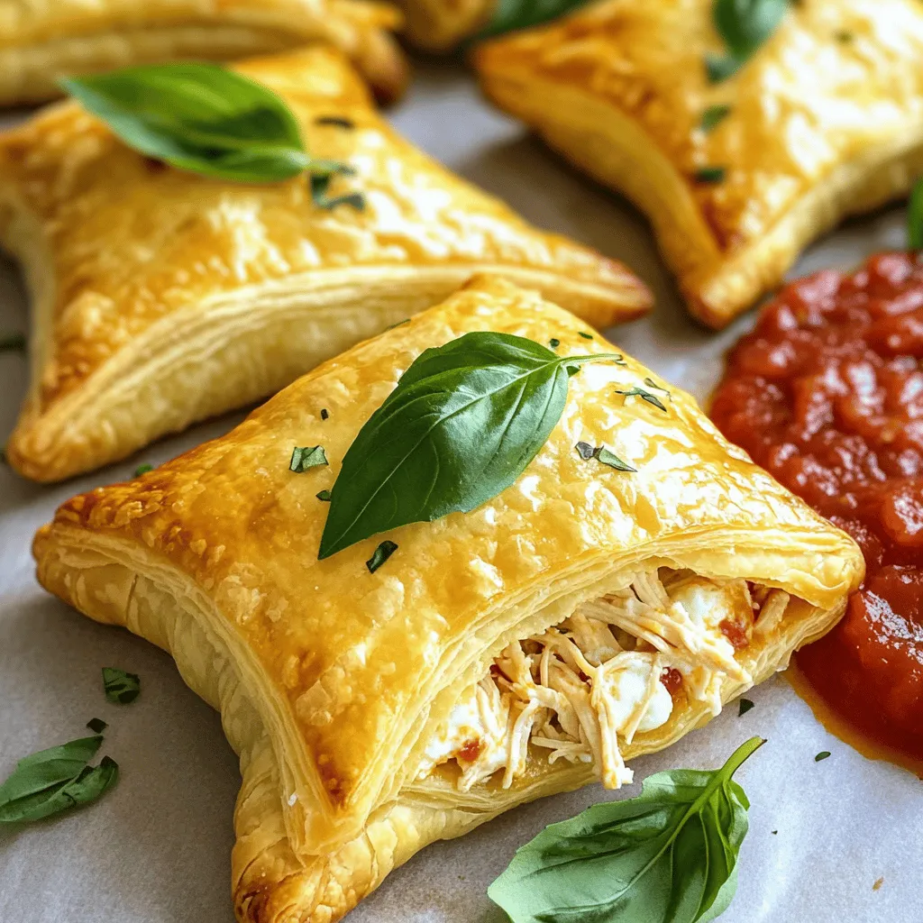 - 1 lb chicken breast, cooked and shredded - 1 cup ricotta cheese - 1 cup shredded mozzarella cheese - 1/2 cup grated Parmesan cheese - 1 egg, beaten - 1 teaspoon garlic powder - 1 teaspoon Italian seasoning - Salt and pepper to taste - 1 package (1 lb) refrigerated puff pastry sheets - 1 cup marinara sauce, for serving - Fresh basil leaves, for garnish