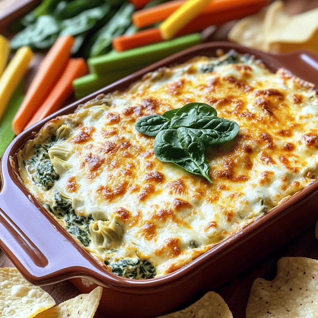 To make the best creamy spinach artichoke dip, you need some key ingredients. Here’s what you’ll need: - 1 cup fresh spinach, chopped - 1 cup canned artichoke hearts, drained and chopped - ½ cup cream cheese, softened - ½ cup sour cream - ½ cup mayonnaise - 1 cup shredded mozzarella cheese - ¼ cup grated Parmesan cheese - 2 cloves garlic, minced - 1 teaspoon lemon juice - Salt and pepper to taste You can add more flavor with these optional ingredients: - ¼ teaspoon red pepper flakes for heat - A squeeze of fresh lemon juice for brightness - Chopped herbs like parsley or basil for freshness Adding these extras can give your dip a unique twist. Using fresh ingredients makes a big difference in taste. Here are some tips: - Spinach: Look for vibrant, dark green leaves. Avoid wilted or yellowing leaves. - Artichokes: Choose canned artichokes packed in water, not oil. This keeps them light. - Cheeses: Go for blocks of cheese instead of pre-shredded. Freshly shredded cheese melts better. - Cream Cheese: Use full-fat cream cheese for creaminess. It gives a rich flavor. When you pick high-quality ingredients, your creamy spinach artichoke dip will shine. For the full recipe, check out the instructions above! Start by preheating your oven to 375°F (190°C). This step warms the oven for even cooking. In a medium bowl, mix the cream cheese, sour cream, and mayonnaise. Use a hand mixer or spatula to blend them until smooth. A creamy base is key to a great dip. Next, add the chopped spinach and artichoke hearts to the creamy mix. Stir them in well, making sure they are evenly spread. This mix should look bright and inviting. Then, add minced garlic, lemon juice, shredded mozzarella, and Parmesan cheese. Season with salt, pepper, and red pepper flakes if you like some heat. Mix until everything is combined. Once your mixture is ready, spoon it into an oven-safe dish. Spread it evenly across the dish. Place it in the preheated oven and bake for about 25-30 minutes. You want the dip to be bubbly and golden on top. After baking, let it cool for a few minutes before serving. This dip tastes great warm with pita chips or fresh veggies. For the full recipe, see the earlier section. To get the creamiest texture for your dip, use room-temperature ingredients. This helps them blend well. I recommend softening the cream cheese first. Mixing it with a hand mixer gives you a smooth base. Make sure you stir in the spinach and artichokes gently. This keeps the dip fluffy and light. Using full-fat cream cheese and mayonnaise also adds richness. One common mistake is overcooking the dip. This can make it dry. Bake just until bubbly and golden on top. Another mistake is not seasoning enough. A pinch of salt and pepper makes a big difference. Don’t skip the garlic; it adds great flavor. Lastly, avoid using frozen spinach. It can make the dip watery. Always choose fresh spinach for the best taste. Serve your dip warm for the best flavor. I love using toasted pita chips for a crunchy bite. Fresh vegetable sticks are a healthy option too. You can also try crispy tortilla chips. For a fun twist, add some red pepper flakes for heat. Garnish with extra Parmesan and spinach leaves for color. These small details make a big impact on your dish. For the full recipe, check out the details above. {{image_2}} If you want a lighter dip, you can swap some ingredients. Use low-fat cream cheese and Greek yogurt instead of sour cream and mayonnaise. This way, you keep the flavor but cut some calories. You can also use reduced-fat mozzarella cheese. These changes still give you that creamy texture without the extra fat. To make your dip more exciting, try adding spices. You can mix in a pinch of cayenne for heat or smoked paprika for a smoky taste. Want more zest? Add a squeeze of fresh lime juice. You can also use fresh herbs like parsley or basil. Each tweak brings a new twist to the classic flavor. This dip shines when served with the right snacks. Pair it with crunchy pita chips or fresh veggie sticks like carrots and cucumbers. Tortilla chips also work well. For a fun twist, spread it on toasted bread for mini bruschetta. Each option makes the dip even more enjoyable. For the full recipe, check the details above. To store leftover dip, let it cool first. Transfer it to an airtight container. This helps keep out air and moisture. Place it in the fridge. It will stay fresh for about 3-4 days. Always use a clean spoon when serving. This helps keep the dip safe to eat. When you are ready to enjoy the dip again, reheating is key. Preheat your oven to 350°F (175°C). Place the dip in an oven-safe dish. Cover it with foil to keep it moist. Heat it for about 15-20 minutes. Stir halfway through for even warmth. You can also microwave it. Heat in short bursts of 30 seconds. Stir in between to avoid hot spots. You can freeze this dip, too! Start by letting it cool completely. Transfer it to a freezer-safe container. Leave some space at the top, as it may expand. It can last for up to two months in the freezer. To thaw, move it to the fridge overnight. Reheat as mentioned above for the best taste. Enjoy your creamy spinach artichoke bliss later with full flavor! I love to serve Creamy Spinach Artichoke Dip warm. It tastes best fresh from the oven. You can pair it with toasted pita chips or crunchy tortilla chips. Fresh vegetable sticks also work well. For a fun twist, add a sprinkle of extra Parmesan on top. This makes it look great and adds flavor. The warm, cheesy dip is a crowd-pleaser at parties and gatherings. Yes, you can make this dip ahead of time! Prepare it completely and store it in the fridge. Cover it to keep it fresh. When you are ready to serve, just bake it as usual. This dip tastes just as good, even when reheated. You can save time by making it the day before a party. Just remember to let it cool slightly before serving. Absolutely! You can create a vegan version with some simple swaps. Use vegan cream cheese instead of regular cream cheese. Replace sour cream and mayonnaise with plant-based yogurt or cashew cream. For the cheese, try using nutritional yeast for a cheesy flavor. You can also add more spices to boost the taste. This way, everyone can enjoy a creamy dip. Check the Full Recipe for more ideas! We explored how to make a delicious Creamy Spinach Artichoke Dip. You learned about key ingredients and how to mix them well. Following the tips can help you avoid mistakes and ensure a creamy texture. We also covered variations to suit your taste and storage methods for leftovers. Remember, you can adjust flavors and serve this dip in fun ways. With these steps, you can impress anyone with your dip-making skills. Keep experimenting and enjoy every bite!