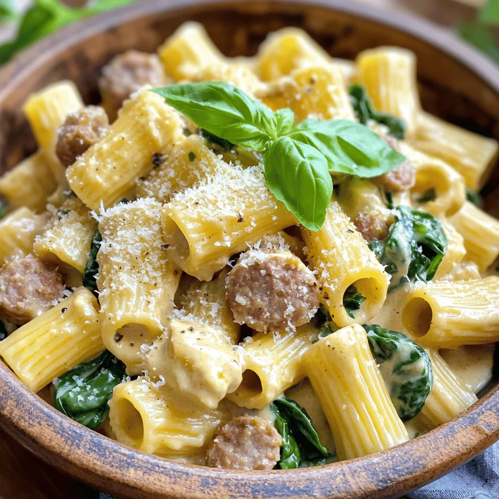 - <strong>12 oz. rigatoni pasta</strong> – <strong>1 lb. Italian sausage</strong> (mild or spicy, casings removed) – <strong>1 tablespoon olive oil</strong> – <strong>1 medium onion, diced</strong> – <strong>3 cloves garlic, minced</strong> – <strong>1/2 teaspoon red pepper flakes</strong> (optional) – <strong>1 cup heavy cream</strong> – <strong>1 cup chicken broth</strong> – <strong>1 cup grated Parmesan cheese</strong> – <strong>1 cup fresh spinach, roughly chopped</strong> – <strong>Salt and black pepper, to taste</strong> – <strong>Fresh basil leaves, for garnish</strong>” /></p>
</p>
<h2>Variations</h2>
</p>
<h3>Healthier Alternatives</h3>
<p>You can make creamy sausage rigatoni healthier. Try whole wheat or gluten-free pasta. Whole wheat adds fiber and keeps you full longer. Gluten-free pasta is great for those with allergies. You can also swap the Italian sausage for turkey sausage. Turkey sausage is leaner but still packed with flavor. It keeps the dish tasty while cutting down on fat.</p>
</p>
<h3>Flavor Variations</h3>
<p>Want to change up the flavor? Add vegetables like bell peppers or mushrooms. These veggies bring color and taste. You can also spice up the dish with fresh herbs. Basil, oregano, or thyme will add depth and aroma. Experiment with different herbs to find your favorite mix.</p>
</p>
<h3>Serving Suggestions</h3>
<p>When serving creamy sausage rigatoni, think about the occasion. For weeknight dinners, keep it simple. Just serve it in bowls with grated cheese on top. For special occasions, get creative. Use white plates for a nice look. Garnish with fresh basil leaves and a drizzle of olive oil. This adds a touch of elegance. For a fun twist, serve in individual ramekins for a personal touch.</p>
</p>
<p>You can find the full recipe in other sections.</p>
</p>
<h2>Storage Info</h2>
</p>
<h3>Refrigeration</h3>
<p>To store your leftover creamy sausage rigatoni, place it in an airtight container. Make sure it cools down first to avoid condensation. In the fridge, it stays fresh for about 3 to 4 days. If you know you won’t eat it soon, consider freezing it instead.</p>
</p>
<h3>Freezing</h3>
<p>When freezing creamy sausage rigatoni, use freezer-safe containers. Let the dish cool completely before sealing. This helps keep the texture nice. It can last up to 3 months in the freezer. To reheat, thaw it in the fridge overnight. Then, heat it gently on the stove or in the microwave. Add a splash of cream or broth to help restore the creaminess.</p>
</p>
<h3>Portioning</h3>
<p>For meal prep, consider dividing the rigatoni into single servings. This makes it easy to grab and go. Use glass or BPA-free plastic containers for storage. These keep the food fresh and are microwave safe. You can enjoy your creamy sausage rigatoni anytime with these convenient portions.</p>
</p>
<h2>FAQs</h2>
</p>
<h3>What can I substitute for heavy cream?</h3>
<p>You can use several options if you want to avoid heavy cream. Here are some alternatives:</p>
</p>
<p>– <strong>Milk and butter</strong>: Mix 3/4 cup of milk with 1/4 cup of melted butter to mimic cream.</p>
<p>– <strong>Coconut cream</strong>: This gives a nice flavor and is dairy-free.</p>
<p>– <strong>Greek yogurt</strong>: It adds creaminess and protein. Mix with a little milk to thin it out.</p>
<p>– <strong>Silken tofu</strong>: Blend it until smooth for a vegan option that is rich.</p>
</p>
<p>These substitutions work well in creamy sauces. They can change the taste slightly but still taste great.</p>
</p>
<h3>Can I make this dish ahead of time?</h3>
<p>Yes, you can prepare this dish ahead of time. Here are some best practices:</p>
</p>
<p>– <strong>Cook the pasta</strong>: Make it al dente. It will hold up better when reheated.</p>
<p>– <strong>Prepare the sauce</strong>: You can cook and store it separately. Mix it just before serving.</p>
<p>– <strong>Store properly</strong>: Use airtight containers to keep it fresh in the fridge.</p>
</p>
<p>When you are ready to eat, heat the sauce and combine it with the pasta. This keeps everything creamy and delicious.</p>
</p>
<h3>How do I keep the pasta from getting soggy?</h3>
<p>Keeping the pasta from getting soggy is easy with some tips:</p>
</p>
<p>– <strong>Cook al dente</strong>: This means it should have a slight bite. It will not overcook when reheated.</p>
<p>– <strong>Rinse with cold water</strong>: After draining, rinse the pasta to stop cooking.</p>
<p>– <strong>Store separately</strong>: Keep pasta and sauce in different containers until you serve.</p>
<p>– <strong>Reheat gently</strong>: Use low heat to warm it up, and add a splash of water if needed.</p>
</p>
<p>These steps will help keep your creamy sausage rigatoni perfect every time. For the full recipe, check out the complete guide.</p>
</p>
<p>This blog post covered the main steps to create a tasty rigatoni dish. We outlined essential ingredients, cooking methods, and helpful tips for perfecting flavor. You learned about variations to suit different diets and occasions, as well as storage options for leftovers.</p>
</p>
<p>Remember, cooking is all about fun and creativity. Don’t hesitate to customize the dish to your taste. Experiment with spices and toppings until you find your favorite version. Enjoy every bite of your homemade rigatoni!</p>
<div id=