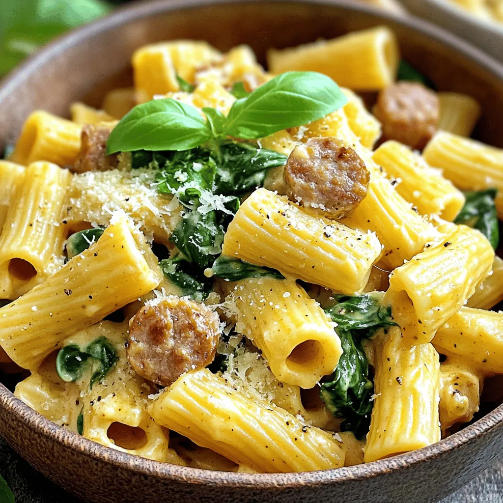 - 12 oz. rigatoni pasta - 1 lb. Italian sausage (mild or spicy, casings removed) - 1 tablespoon olive oil - 1 medium onion, diced - 3 cloves garlic, minced - 1/2 teaspoon red pepper flakes (optional) - 1 cup heavy cream - 1 cup chicken broth - 1 cup grated Parmesan cheese - 1 cup fresh spinach, roughly chopped - Salt and black pepper, to taste - Fresh basil leaves, for garnish