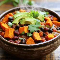 Sweet potatoes are the star of this dish. They add a nice sweetness and a creamy texture when cooked. For this vegan sweet potato chili, you need two medium sweet potatoes. Peel and dice them into small cubes. The smaller the pieces, the quicker they cook. Sweet potatoes are not just tasty; they also provide vitamins and fiber. Beans and tomatoes make this chili hearty. I use three cans of beans: black beans and kidney beans. Be sure to drain and rinse them before adding. This step helps to reduce the sodium. The canned diced tomatoes with green chilies bring flavor and a bit of spice to the mix. Their tangy taste balances the sweet potatoes well. Spices bring this chili to life! You will need two tablespoons of chili powder, one tablespoon of cumin, and one teaspoon of smoked paprika. These spices give depth and warmth. Salt and pepper are key for flavor too. Adjust the amounts to fit your taste. Fresh cilantro and avocado make great toppings, adding freshness and creaminess. This combination of ingredients creates a rich and satisfying dish. If you want the full recipe, check out the [Full Recipe]. Start by peeling and dicing the sweet potatoes. You want them to be small pieces. This helps them cook faster and mix well. Next, chop the onion and the red bell pepper. Mince the garlic cloves. Gather all your vegetables together. This makes cooking easier and more fun. In a large pot, heat the olive oil over medium heat. Add the chopped onion and garlic. Sauté them for about 3-4 minutes. You want the onion to look soft and clear. Then, add the diced sweet potatoes and red bell pepper. Stir everything well and cook for another 5 minutes. This step helps to soften the veggies and build flavor. Now, stir in the chili powder, cumin, smoked paprika, salt, and pepper. Cook these spices for about one minute. This helps release their wonderful aromas. Pour in the vegetable broth, diced tomatoes with green chilies, black beans, kidney beans, and corn. Stir well to mix all the ingredients together. Bring your chili to a gentle boil. Then, reduce the heat to low. Cover the pot and let it simmer for 25-30 minutes. Check often to stir and prevent sticking. When the sweet potatoes feel tender, your chili is ready. Taste it and adjust the spices if you need to. If you like a thicker chili, mash some sweet potato pieces. For the full recipe, you can refer to the earlier section. You might want a mild chili or a spicy kick. To adjust spice, start small. Add chili powder or cumin in small amounts. Taste as you go. If you need more heat, add diced jalapeños or red pepper flakes. If it’s too hot, add a bit of sugar or more sweet potatoes. This balances out the heat. To make your chili pop, try adding a splash of lime juice. It brightens the flavors and adds a fresh touch. Consider using fresh herbs like cilantro or parsley for depth. A dash of soy sauce or liquid smoke can give it a nice umami flavor. You can also top it with avocado or sour cream for creaminess. Use a heavy pot to cook your chili. It helps distribute heat evenly. Always sauté your onions and garlic first. This brings out their natural sweetness. Stir occasionally to prevent sticking. If the chili gets too thick, add a bit of vegetable broth. For a richer taste, let it simmer longer. Follow the Full Recipe for step-by-step guidance. {{image_2}} You can easily add more veggies to your vegan sweet potato chili. Try adding carrots, zucchini, or spinach. Each adds flavor and nutrition. For carrots, chop them small. They cook well and blend in nicely. If you use zucchini, add it in the last few minutes of cooking. This keeps it fresh and crunchy. Spinach wilts down fast, so toss it in right before serving. You can make this chili your own by mixing in your favorite vegetables. Want to make your chili even heartier? Consider adding more protein. You can use extra beans or lentils. Chickpeas work great too! Just add one can of your choice along with the other beans. If you want a non-vegan option, feel free to add some cooked ground turkey or beef. This adds a nice texture while keeping it filling. Choosing how to boost protein can make your meal more satisfying. Spice can change the whole flavor of chili. If you like more heat, try adding cayenne pepper or jalapeños. For a smoky flavor, use chipotle powder. You can also mix in fresh herbs like oregano or thyme. These herbs add a depth of flavor that is hard to beat. Experiment with different spices to find your favorite combo. This will keep your chili exciting and new every time you make it. For the full recipe, check out the details above. You can store leftover vegan sweet potato chili in the fridge. Use an airtight container for best results. It will stay fresh for about 4 to 5 days. Just make sure to cool the chili before sealing it up. This way, it won't steam and lose flavor. When you're ready to enjoy it again, give it a good stir. Freezing chili is easy and great for meal prep. Allow the chili to cool completely first. Then, pour it into freezer-safe bags or containers. Make sure to leave some space at the top, as liquids expand when frozen. Your chili will be good for up to 3 months in the freezer. When you're ready to eat it, just thaw it in the fridge overnight. Reheating vegan sweet potato chili is simple. You can use a pot on the stove or a microwave. If using the stove, heat on low and stir often. This helps it heat evenly. If you're microwaving, put it in a bowl and cover it loosely. Heat in short bursts, stirring in between. Always check the temperature before serving. Enjoy your warm, hearty meal! For the full recipe, check back to make sure you have everything you need. Yes, you can make Vegan Sweet Potato Chili in a slow cooker. Just prepare the ingredients as stated in the Full Recipe. Add everything to the slow cooker. Set it on low for 6-8 hours or high for 3-4 hours. This method allows the flavors to blend nicely over time. You’ll still get that hearty and rich taste. If you want a different taste, you can use butternut squash or carrots. Both options add a nice sweetness and texture. You could also try regular potatoes, but they have a different flavor. Make sure to cut them into small pieces for even cooking. Adjust cooking time if needed. Leftover chili can last up to 5 days in the fridge. Store it in an airtight container to keep it fresh. When you want to eat it, just reheat on the stove or in the microwave. If you notice any off smells or changes in color, it’s best to toss it out. Enjoy your chili! You learned how to make Vegan Sweet Potato Chili step by step. We covered key ingredients like sweet potatoes, beans, tomatoes, and spices. You now know tips for cooking, spice adjustments, and flavor ideas. You also discovered fun variations to suit your taste. Finally, I shared storage tips to keep your chili fresh. Making this dish can be easy and fun. Enjoy your cooking adventure!