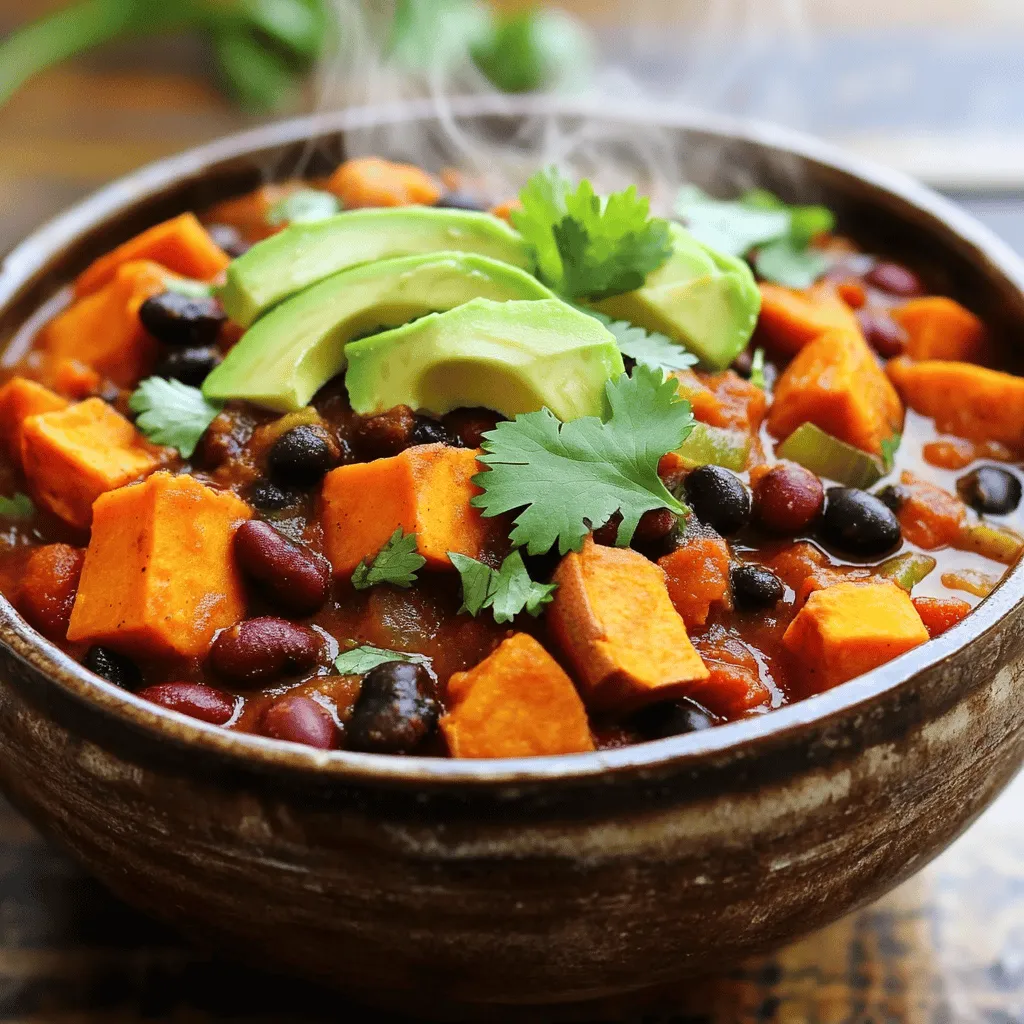 Sweet potatoes are the star of this dish. They add a nice sweetness and a creamy texture when cooked. For this vegan sweet potato chili, you need two medium sweet potatoes. Peel and dice them into small cubes. The smaller the pieces, the quicker they cook. Sweet potatoes are not just tasty; they also provide vitamins and fiber. Beans and tomatoes make this chili hearty. I use three cans of beans: black beans and kidney beans. Be sure to drain and rinse them before adding. This step helps to reduce the sodium. The canned diced tomatoes with green chilies bring flavor and a bit of spice to the mix. Their tangy taste balances the sweet potatoes well. Spices bring this chili to life! You will need two tablespoons of chili powder, one tablespoon of cumin, and one teaspoon of smoked paprika. These spices give depth and warmth. Salt and pepper are key for flavor too. Adjust the amounts to fit your taste. Fresh cilantro and avocado make great toppings, adding freshness and creaminess. This combination of ingredients creates a rich and satisfying dish. If you want the full recipe, check out the [Full Recipe]. Start by peeling and dicing the sweet potatoes. You want them to be small pieces. This helps them cook faster and mix well. Next, chop the onion and the red bell pepper. Mince the garlic cloves. Gather all your vegetables together. This makes cooking easier and more fun. In a large pot, heat the olive oil over medium heat. Add the chopped onion and garlic. Sauté them for about 3-4 minutes. You want the onion to look soft and clear. Then, add the diced sweet potatoes and red bell pepper. Stir everything well and cook for another 5 minutes. This step helps to soften the veggies and build flavor. Now, stir in the chili powder, cumin, smoked paprika, salt, and pepper. Cook these spices for about one minute. This helps release their wonderful aromas. Pour in the vegetable broth, diced tomatoes with green chilies, black beans, kidney beans, and corn. Stir well to mix all the ingredients together. Bring your chili to a gentle boil. Then, reduce the heat to low. Cover the pot and let it simmer for 25-30 minutes. Check often to stir and prevent sticking. When the sweet potatoes feel tender, your chili is ready. Taste it and adjust the spices if you need to. If you like a thicker chili, mash some sweet potato pieces. For the full recipe, you can refer to the earlier section. You might want a mild chili or a spicy kick. To adjust spice, start small. Add chili powder or cumin in small amounts. Taste as you go. If you need more heat, add diced jalapeños or red pepper flakes. If it’s too hot, add a bit of sugar or more sweet potatoes. This balances out the heat. To make your chili pop, try adding a splash of lime juice. It brightens the flavors and adds a fresh touch. Consider using fresh herbs like cilantro or parsley for depth. A dash of soy sauce or liquid smoke can give it a nice umami flavor. You can also top it with avocado or sour cream for creaminess. Use a heavy pot to cook your chili. It helps distribute heat evenly. Always sauté your onions and garlic first. This brings out their natural sweetness. Stir occasionally to prevent sticking. If the chili gets too thick, add a bit of vegetable broth. For a richer taste, let it simmer longer. Follow the Full Recipe for step-by-step guidance. {{image_2}} You can easily add more veggies to your vegan sweet potato chili. Try adding carrots, zucchini, or spinach. Each adds flavor and nutrition. For carrots, chop them small. They cook well and blend in nicely. If you use zucchini, add it in the last few minutes of cooking. This keeps it fresh and crunchy. Spinach wilts down fast, so toss it in right before serving. You can make this chili your own by mixing in your favorite vegetables. Want to make your chili even heartier? Consider adding more protein. You can use extra beans or lentils. Chickpeas work great too! Just add one can of your choice along with the other beans. If you want a non-vegan option, feel free to add some cooked ground turkey or beef. This adds a nice texture while keeping it filling. Choosing how to boost protein can make your meal more satisfying. Spice can change the whole flavor of chili. If you like more heat, try adding cayenne pepper or jalapeños. For a smoky flavor, use chipotle powder. You can also mix in fresh herbs like oregano or thyme. These herbs add a depth of flavor that is hard to beat. Experiment with different spices to find your favorite combo. This will keep your chili exciting and new every time you make it. For the full recipe, check out the details above. You can store leftover vegan sweet potato chili in the fridge. Use an airtight container for best results. It will stay fresh for about 4 to 5 days. Just make sure to cool the chili before sealing it up. This way, it won't steam and lose flavor. When you're ready to enjoy it again, give it a good stir. Freezing chili is easy and great for meal prep. Allow the chili to cool completely first. Then, pour it into freezer-safe bags or containers. Make sure to leave some space at the top, as liquids expand when frozen. Your chili will be good for up to 3 months in the freezer. When you're ready to eat it, just thaw it in the fridge overnight. Reheating vegan sweet potato chili is simple. You can use a pot on the stove or a microwave. If using the stove, heat on low and stir often. This helps it heat evenly. If you're microwaving, put it in a bowl and cover it loosely. Heat in short bursts, stirring in between. Always check the temperature before serving. Enjoy your warm, hearty meal! For the full recipe, check back to make sure you have everything you need. Yes, you can make Vegan Sweet Potato Chili in a slow cooker. Just prepare the ingredients as stated in the Full Recipe. Add everything to the slow cooker. Set it on low for 6-8 hours or high for 3-4 hours. This method allows the flavors to blend nicely over time. You’ll still get that hearty and rich taste. If you want a different taste, you can use butternut squash or carrots. Both options add a nice sweetness and texture. You could also try regular potatoes, but they have a different flavor. Make sure to cut them into small pieces for even cooking. Adjust cooking time if needed. Leftover chili can last up to 5 days in the fridge. Store it in an airtight container to keep it fresh. When you want to eat it, just reheat on the stove or in the microwave. If you notice any off smells or changes in color, it’s best to toss it out. Enjoy your chili! You learned how to make Vegan Sweet Potato Chili step by step. We covered key ingredients like sweet potatoes, beans, tomatoes, and spices. You now know tips for cooking, spice adjustments, and flavor ideas. You also discovered fun variations to suit your taste. Finally, I shared storage tips to keep your chili fresh. Making this dish can be easy and fun. Enjoy your cooking adventure!