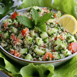 To make a tasty quinoa tabbouleh, gather these fresh ingredients: - 1 cup uncooked quinoa - 2 cups water or vegetable broth - 1 cup fresh parsley, finely chopped - 1/2 cup fresh mint, finely chopped - 1 medium cucumber, diced - 2 medium tomatoes, diced - 1/4 red onion, finely chopped - 1/4 cup lemon juice (about 2 lemons) - 2 tablespoons olive oil - Salt and pepper to taste Quinoa is a great source of protein and fiber. It keeps you full and satisfied. - Parsley adds vitamins A, C, and K. It also gives a fresh taste. - Mint helps with digestion and adds a cool flavor. - Cucumber is hydrating and low in calories, perfect for a light dish. - Tomatoes are full of antioxidants. They add color and sweetness. - Red onion offers a slight bite and is rich in nutrients. - Lemon juice brightens the dish and adds vitamin C. - Olive oil provides healthy fats that are good for your heart. When shopping, look for vibrant colors and firm textures. Here are some tips: - Parsley and mint: Choose bright green leaves without wilting. - Cucumbers: They should be firm and smooth, with no soft spots. - Tomatoes: Pick ones that feel heavy for their size and have no blemishes. - Red onions: Select ones that are firm and dry, avoiding any soft or sprouted bulbs. Fresh ingredients make your quinoa tabbouleh shine. For the full recipe, check out [Full Recipe]. Start by rinsing 1 cup of uncooked quinoa under cold water. This step removes its natural bitterness. In a medium saucepan, mix the rinsed quinoa with 2 cups of water or vegetable broth. Bring it to a boil over medium heat. Once it boils, lower the heat to low and cover the pot. Cook for about 15 minutes. The quinoa is ready when it’s fluffy and all the liquid is absorbed. After cooking, remove the pot from the heat and let it cool. While the quinoa cools, wash and chop the vegetables. Dice 1 medium cucumber and 2 medium tomatoes. Finely chop 1/4 of a red onion. In a large mixing bowl, combine the diced cucumber, tomatoes, and onion. Next, add 1 cup of finely chopped fresh parsley and 1/2 cup of finely chopped fresh mint to the bowl. These herbs give your tabbouleh its fresh flavor. In a small bowl, whisk together 1/4 cup of lemon juice, 2 tablespoons of olive oil, salt, and pepper to taste. This dressing adds a zesty kick to your dish. Once the quinoa has cooled, fluff it with a fork and add it to the vegetable mix. Pour the dressing over the quinoa and vegetables. Stir gently to mix everything well. Make sure each bite is flavorful. Taste your tabbouleh and adjust the seasoning if needed. For the full recipe, refer to the instructions provided. Enjoy your fresh and healthy quinoa tabbouleh! To get fluffy quinoa, rinse it first. This removes bitterness. Use two cups of water or broth for each cup of quinoa. Bring this mix to a boil. Once boiling, reduce the heat to low and cover it. Cook for about 15 minutes. When done, let it sit off the heat. This step helps the grains expand. Fluff it gently with a fork before mixing it with other ingredients. Fresh herbs make a big difference in flavor. Use a lot of parsley and mint for a fresh taste. You can also add a touch of garlic or cumin for depth. If you like spice, add some red pepper flakes. Always taste as you go. Adjust flavors to make it your own. A dash of salt enhances all the flavors, so don’t skip it! You can change the recipe to fit your taste. If you don't like cucumbers, try bell peppers or carrots. Prefer a tangier taste? Add more lemon juice. Want it creamier? Consider adding a dollop of yogurt. This dish is flexible, so feel free to experiment. Your quinoa tabbouleh should reflect your taste. The goal is to make it delicious for you! For the full recipe, check out the [Full Recipe]. {{image_2}} If you want to mix it up, you can use other grains instead of quinoa. Bulgur is a popular choice in traditional tabbouleh. It has a chewy texture and can absorb flavors well. You can also try farro or brown rice for a hearty bite. Another option is to use cauliflower rice for a low-carb twist. Just pulse fresh cauliflower in a food processor until it resembles rice. To make your quinoa tabbouleh even more exciting, think about adding feta cheese or olives. Feta brings a creamy, tangy flavor that pairs well with the fresh herbs. Olives add a briny touch that enhances the overall taste. You can also try adding roasted red peppers for a sweet and smoky flavor. Mix and match these ingredients to suit your taste! Quinoa is naturally gluten-free, making it perfect for those with gluten issues. To keep it vegan, just skip any dairy products. Instead of feta, try using a vegan cheese or avocado for creaminess. You can also add chickpeas for protein and a nice texture. These changes give your dish a new life while keeping it healthy and delicious. For the full recipe, check out the Healthy Quinoa Tabbouleh Delight 🥗. To keep your quinoa tabbouleh fresh, store it in an airtight container. Place the container in the fridge right after serving. This helps lock in the flavors. If you notice extra moisture, use a paper towel to absorb it. This simple step prevents sogginess. You can keep quinoa tabbouleh in the fridge for about three to four days. After that, the veggies may lose their crunch. Always check for any signs of spoilage before eating. If it smells off or looks strange, it’s best to toss it. If you want to store it for longer, freezing is a great option. First, let the tabbouleh cool down completely. Then, portion it into freezer-safe bags or containers. Make sure to remove as much air as possible before sealing. You can freeze it for up to three months. When ready to eat, thaw it in the fridge overnight. Stir well before serving. For the best taste, enjoy it fresh! If you want the full recipe, check out the Full Recipe section. The best way to cook quinoa for tabbouleh is simple. First, rinse the quinoa under cold water. This step removes its natural bitterness. Then, in a medium saucepan, combine the rinsed quinoa and water or broth. Bring it to a boil over medium-high heat. Once boiling, reduce the heat, cover, and let it simmer for about 15 minutes. The quinoa should absorb all the liquid. After cooking, let it cool, then fluff it with a fork. This method gives you light, fluffy quinoa that works perfectly in your tabbouleh. Yes, you can make quinoa tabbouleh ahead of time! It tastes even better after resting. Prepare your tabbouleh a few hours in advance or even the night before. Just store it in the fridge in an airtight container. The flavors will blend nicely as it chills. However, I suggest adding the dressing just before serving. This keeps everything fresh and vibrant. Quinoa tabbouleh is very healthy. It is packed with nutrients and flavor. Quinoa itself is a great source of protein and fiber. It contains all nine essential amino acids. This makes it a complete protein, perfect for vegetarians. The fresh herbs, like parsley and mint, offer vitamins and minerals. The vegetables add more fiber and hydration. Lemon juice and olive oil provide healthy fats and antioxidants. Overall, this dish supports good health and well-being. You can find the full recipe linked above for your cooking pleasure! Quinoa Tabbouleh is a tasty and healthy dish you can make easily. I shared the key ingredients, how to cook quinoa, and tips for fresh veggies. Don’t forget flavor tricks and variations to suit your taste. Storing leftovers the right way helps keep your dish fresh longer. Making this dish can be fun and good for you. Dive in and enjoy a nutritious meal that you can customize!