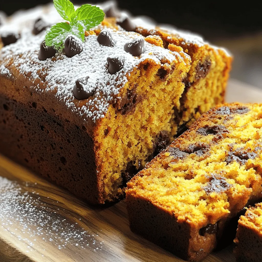 - 1 ½ cups all-purpose flour - ½ teaspoon baking soda - ½ teaspoon baking powder - 1 teaspoon ground cinnamon - ½ teaspoon ground nutmeg - ½ teaspoon salt - 1 cup canned pumpkin puree - ½ cup granulated sugar - ½ cup brown sugar, packed - ½ cup vegetable oil - 2 large eggs - 1 teaspoon vanilla extract - 1 cup semi-sweet chocolate chips - Optional: ½ cup chopped walnuts or pecans When making chocolate chip pumpkin bread, the right ingredients matter. I always recommend using canned pumpkin puree, not pumpkin pie filling. This ensures the bread has the right texture and flavor. Start with your dry ingredients. Mix the flour, baking soda, baking powder, cinnamon, nutmeg, and salt in a bowl. This blend gives the bread a warm spice flavor. Next, gather your wet ingredients. The pumpkin puree, sugars, oil, eggs, and vanilla will make the bread moist and rich. The sugars balance the pumpkin's earthiness. Now for the fun part: add-ins! Semi-sweet chocolate chips bring sweetness and richness. If you like, toss in some chopped walnuts or pecans for crunch. Once you have all your ingredients ready, you can follow the full recipe to create this delicious treat. Enjoy the process and the delightful smell that fills your kitchen! - Preheat the Oven Preheat your oven to 350°F (175°C). This step is key for even baking. - Prepare the Loaf Pan Grease a 9x5-inch loaf pan. You can also line it with parchment paper to help with easy removal. - Whisk Together Flour and Spices In a medium bowl, whisk together 1 ½ cups of all-purpose flour, ½ teaspoon of baking soda, ½ teaspoon of baking powder, 1 teaspoon of ground cinnamon, ½ teaspoon of ground nutmeg, and ½ teaspoon of salt. This mix adds flavor and helps the bread rise. - Set Aside and Prepare for Wet Ingredients Set this dry mix aside. Now, let’s get ready for the wet ingredients. - Mix Wet Ingredients Until Smooth In a large mixing bowl, combine 1 cup of canned pumpkin puree, ½ cup of granulated sugar, ½ cup of brown sugar, ½ cup of vegetable oil, 2 large eggs, and 1 teaspoon of vanilla extract. Mix until smooth. - Gradually Combine Wet and Dry Mixtures Gradually add the dry mix to the wet mix. Stir gently until just combined. It's okay if some lumps remain; don’t over-mix! - Add Chocolate Chips and Nuts Fold in 1 cup of semi-sweet chocolate chips. If you want, you can add ½ cup of chopped walnuts or pecans for extra texture. - Pour Batter into Pan Pour the batter into your prepared loaf pan. Spread it evenly to ensure even baking. - Bake and Check Doneness Bake for 60 to 70 minutes. Check doneness by inserting a toothpick into the center. If it comes out clean, your bread is ready! - Cool Before Slicing Once baked, remove the bread from the oven. Let it cool in the pan for about 10 minutes. Then, transfer it to a wire rack to cool completely before slicing. This recipe is simple and fun. You can find the full recipe easily online. Enjoy your delicious chocolate chip pumpkin bread! - Importance of Pumpkin Puree Pumpkin puree adds moisture and flavor to the bread. It keeps the bread soft and tender. Always use canned pumpkin puree, not pumpkin pie filling. This ensures your bread has that rich pumpkin taste without added spices or sugars. - Don't Over-mix the Batter Mix the wet and dry ingredients until just combined. Over-mixing can lead to tough bread. Some lumps are perfectly fine. This step helps keep your bread light and fluffy. - Oven Temperature and Baking Time Preheat your oven to 350°F (175°C) for best results. Bake for 60-70 minutes. Every oven is different, so keep an eye on your bread. It should be golden brown when done. - Using a Toothpick to Test for Doneness Insert a toothpick into the center of the loaf. If it comes out clean, your bread is ready. If it has wet batter, give it more time. This simple test ensures perfectly baked bread. - How to Slice and Serve Once cooled, slice the bread with a sharp knife. Serve it on a wooden or ceramic platter. This adds a nice touch to your table. You can also enjoy it warm or toasted. - Garnishing Suggestions Dust the top with powdered sugar for sweetness. Add a sprig of mint or extra chocolate chips for flair. These small details make your dish look inviting and delicious. For the full recipe, check out the link above. {{image_2}} Adding spices or extracts can make your chocolate chip pumpkin bread even better. Try mixing in some ground ginger or allspice for a warm flavor. You can also use vanilla or almond extract to boost the taste. For a fun twist, consider adding orange or lemon zest. These flavors will brighten the bread and add a unique touch. Using different types of chocolate can change the whole experience. You might use dark chocolate chips for a richer taste or white chocolate chips for a sweet contrast. Some people love mixing in peanut butter chips or butterscotch chips. Each option offers something special to your bread. If you need gluten-free options, you can swap the all-purpose flour for a gluten-free blend. Use a mix that has xanthan gum to help with texture. It keeps the bread moist and fluffy, just like the original recipe. For those looking for a vegan version, you can replace the eggs with flaxseed meal. Mix 1 tablespoon of flaxseed meal with 2.5 tablespoons of water. Let it sit for a few minutes until it thickens. Use a plant-based oil instead of vegetable oil. These simple swaps will give you a delicious vegan pumpkin bread. Pairing your chocolate chip pumpkin bread with spreads can enhance its flavor. Cream cheese, almond butter, or even Nutella can add extra richness. Try toasting the slices for a warm treat. You can serve this bread as a dessert or a breakfast option. It’s perfect for brunch with coffee or tea. You can also slice it for afternoon snacks. The options are endless, and it’s always a hit! To store chocolate chip pumpkin bread at room temperature, wait until it cools. Wrap the bread in plastic wrap or foil. This keeps it fresh and moist. You can also place it in an airtight container. It lasts about 2 to 3 days this way. If you live in a warm place, you may need to refrigerate it. Chocolate chip pumpkin bread stays good in the fridge for about a week. Just wrap it tightly in plastic wrap. This helps keep it from drying out. Remember to let it warm up before eating. It tastes better that way! To freeze chocolate chip pumpkin bread, wrap it well in plastic wrap. Then, put it in a freezer bag or container. This keeps out air and freezer burn. The bread can last up to 3 months in the freezer. To thaw, take it out and leave it at room temperature. You can also warm it in the oven for a few minutes. Enjoy it fresh and tasty! For the full recipe, check the main article. Yes, you can use fresh pumpkin. Start by selecting a sugar pumpkin. These smaller pumpkins have sweeter flesh. Cut the pumpkin in half and remove the seeds. Roast the halves at 350°F for about 45 minutes. After cooling, scoop out the soft flesh. Blend it until smooth. You can use this puree in your bread. Just substitute the canned pumpkin with an equal amount of fresh puree. You can check if the bread is done by inserting a toothpick into its center. If it comes out clean, the bread is ready. You might see a few crumbs, but no wet batter. The top should look golden and firm. Additionally, the bread should spring back lightly when pressed. Yes, you can skip the chocolate chips. If you want a different flavor, add nuts or dried fruit. Chopped apples or cranberries can also work well. For a spiced touch, try adding more cinnamon or nutmeg. You can even add a little orange zest for a bright flavor. This bread pairs well with many things. Cream cheese or butter makes a great spread. You can also serve it with a cup of coffee or tea. For a fun twist, add a scoop of vanilla ice cream on the side. It makes a delightful dessert! This blog post covers how to make delicious chocolate chip pumpkin bread. We explored the right dry and wet ingredients, plus helpful tips to ensure a moist loaf. I shared variations, storage info, and frequently asked questions to guide you. With this recipe, you'll enjoy a tasty treat perfect for breakfast or dessert. The blend of spices and chocolate makes it special. Enjoy your baking adventure and happy eating!