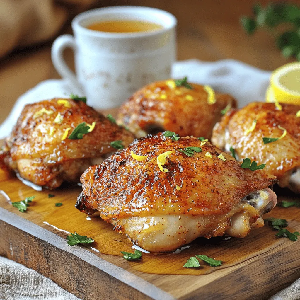 To make Lemon Tea Fried Chicken, you need the following items: - 4 chicken thighs (bone-in, skin-on) - 2 cups buttermilk - 2 tablespoons lemon zest - 2 bags of lemon-flavored tea - 1 ½ cups all-purpose flour - 1 teaspoon paprika - 1 teaspoon garlic powder - 1 teaspoon onion powder - ½ teaspoon cayenne pepper (adjust to taste) - Salt and pepper to taste - Vegetable oil (for frying) - Fresh parsley (for garnish)