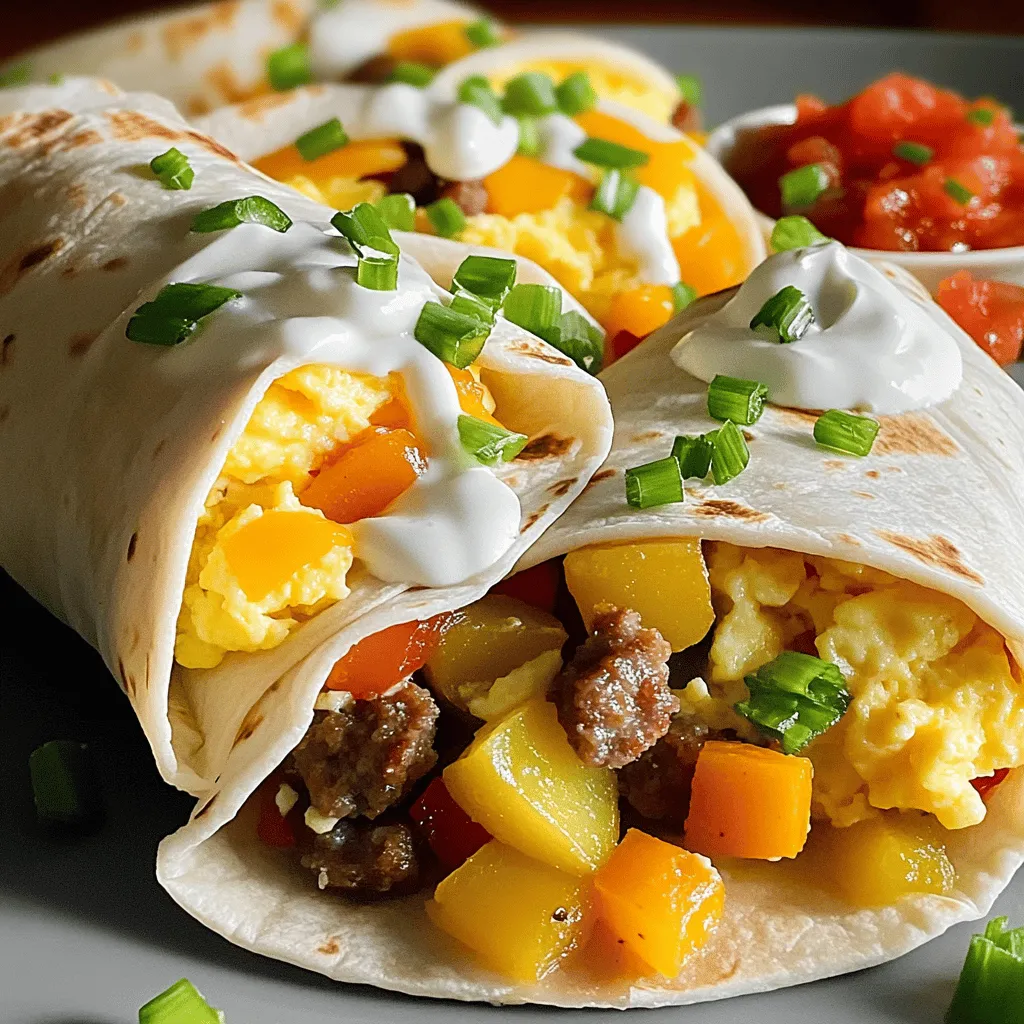 To make savory breakfast burritos, gather these simple ingredients: - 4 large flour tortillas - 6 large eggs - 1/2 cup milk - 1 cup diced bell peppers (mixed colors) - 1 cup diced cooked potatoes (or hash browns) - 1/2 cup shredded cheese (cheddar or pepper jack) - 1/2 cup cooked and crumbled breakfast sausage or plant-based sausage - 1/4 cup green onions, chopped - 1 teaspoon smoked paprika - Salt and pepper to taste - 1 tablespoon olive oil - Salsa and sour cream for serving (optional) These ingredients create a mix of flavors and textures. The eggs provide protein, while the cheese adds creaminess. The bell peppers and potatoes bring color and heartiness. You can use your favorite sausage or choose a plant-based option for a tasty twist. The smoked paprika gives a nice depth to the dish. For serving, salsa and sour cream can add extra zing. This recipe is versatile, so you can adjust it to fit your taste. You can find the full recipe details in the main article. Enjoy cooking! - Whisk together eggs, milk, smoked paprika, salt, and pepper. - Sauté bell peppers and cooked potatoes in olive oil. - Combine egg mixture with veggies and cook until set. First, take a bowl and whisk the eggs, milk, smoked paprika, salt, and pepper. This mix makes the base for your burritos. Next, heat olive oil in a skillet over medium heat. Add diced bell peppers and cooked potatoes. Sauté them for about five minutes until the peppers soften. After that, pour your egg mixture into the skillet. Stir gently until the eggs are just set. This should take about five to seven minutes. You want them fluffy, not dry. - Fold in cooked sausage, cheese, and green onions. - Warm tortillas and fill with the mixture. - Roll and tuck to secure the filling. Now, remove the skillet from heat. Fold in the cooked sausage, shredded cheese, and green onions. The cheese will melt and blend nicely. Next, warm your tortillas in another skillet or microwave. Place a generous scoop of the egg mixture onto each tortilla. Roll the tortilla tightly and tuck in the sides. This keeps all the delicious filling inside. - Place burritos seam-side down on a skillet. - Cook until tortillas are crispy. For a crispy finish, place the burritos seam-side down on a skillet. Cook them for two to three minutes on each side. This technique gives your burritos a nice crunch. Enjoy your savory breakfast burritos packed with flavorful goodness! For the full recipe, refer to the beginning of this article. - Use fresh tortillas for better flavor. Fresh tortillas give your burrito a soft and tasty base. - Adjust seasoning to taste for personalization. Don’t be shy! Add more spice or salt to fit your taste. - Ensure eggs are not overcooked for best texture. Soft, fluffy eggs are key to a great burrito. - Alternative cooking methods (oven or grill) can add a fun twist. Try baking your burritos for a crispy outer layer. - Suggested skillet types for even heating include cast iron. This helps distribute heat and cooks food evenly. - Tips for preventing sticking during cooking include using non-stick pans or enough oil. This keeps your burritos intact. - Pair with salsa and sour cream for a fresh kick. It adds tangy flavors that brighten up your meal. - Best side dishes to complement burritos are fresh fruit or a light salad. They balance the richness of the burrito. - Ideas for breakfast drink pairings include coffee or fresh juice. These drinks enhance the overall breakfast experience. For the best way to create these delicious burritos, check out the Full Recipe. {{image_2}} You can make your breakfast burritos exciting with different fillings. For a vegetarian option, use beans and tofu. Both add protein and flavor without meat. You might also like spicy touches, like jalapeños or hot sauce. These will give your burritos a nice kick. Cheese is another way to change the flavor. Try different types, like feta or pepper jack. Each cheese adds its special taste. If you need gluten-free options, look for gluten-free tortillas. Many brands make good ones that taste great. For those avoiding dairy, there are dairy-free cheese options too. This way, you can still enjoy a cheesy bite. You might also want to try low-carb or keto variations. Use lettuce wraps instead of tortillas for a lighter meal. Herbs and spices can take your burritos to the next level. Fresh cilantro or chives add a burst of flavor. You can also explore regional variations of breakfast burritos. For example, a Southwest style might include black beans and avocado. Incorporating seasonal vegetables, like zucchini or spinach, keeps it fresh and vibrant. Each season brings new flavors to try in your burritos. To keep your savory breakfast burritos fresh, place them in the fridge right away. Use an airtight container to keep out air and moisture. This method helps maintain their flavor and texture. You can store them for up to four days. After that, they may lose taste and quality. If you want to save burritos for later, freezing is a great option. First, let them cool down. Next, wrap each burrito tightly in plastic wrap. This step keeps them from getting freezer burn. Then, place the wrapped burritos in a freezer bag. You can keep them in the freezer for up to three months. When you're ready to eat, take one out and let it thaw in the fridge overnight. For the best taste, reheating is key. If you use a microwave, cover the burrito with a damp paper towel. This helps keep moisture in. Heat for about one to two minutes. For a crispy texture, use an oven. Preheat it to 350°F (175°C) and place the burrito on a baking sheet. Bake for about 10-15 minutes. To avoid sogginess, don’t wrap them in foil while reheating. Enjoy your flavorful goodness anytime! What can I substitute for flour tortillas? You can use corn tortillas, lettuce wraps, or whole wheat tortillas. Each option adds a unique taste and texture. If you need gluten-free, corn tortillas are a great choice. How do I customize my breakfast burrito to be healthier? To make it healthier, use egg whites instead of whole eggs. Add more veggies like spinach, mushrooms, or zucchini. Opt for low-fat cheese and limit sausage to keep calories low. Can I make savory breakfast burritos ahead of time? Yes! You can prepare them ahead and store them in the fridge. Just wrap them well to keep the filling fresh. You can also freeze them for longer storage. How long does it take to cook scrambled eggs for burritos? Cooking scrambled eggs takes about 5 to 7 minutes. Stir gently until they are just set, so they stay soft and creamy. What is the minimum cooking time for the potatoes? Cook diced potatoes for at least 10 minutes until they are tender. If using hash browns, about 5 minutes is enough. Can I use raw sausage in the burrito filling? No, you should always cook sausage before adding it to a burrito. This ensures it is safe to eat and adds flavor. What are the best drinks to serve with breakfast burritos? Coffee, fresh juice, or smoothies pair well. Try a nice herbal tea for a lighter option. How can I make the burritos less messy? Wrap them tightly and tuck in the sides. Use less filling to make them easier to handle. Are breakfast burritos suitable for meal prep? Absolutely! They work great for meal prep. You can make a batch and heat them up when you're ready to eat. Check out the Full Recipe for more tips! You learned how to make tasty breakfast burritos with fresh ingredients. Remember to customize your flavor by trying different fillings and spices. Storing and reheating them properly will keep them delicious for later. Whether you enjoy them at breakfast or as a snack, these burritos offer great taste and fun. Get creative with your choices and enjoy every bite. Happy cooking!