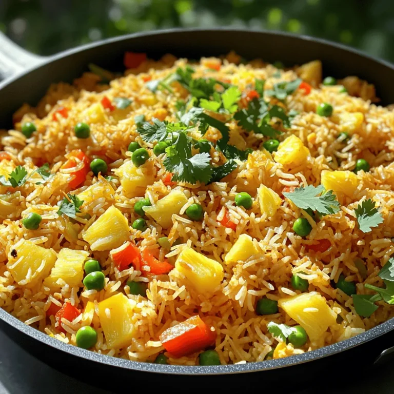 To make my favorite fried rice with coconut milk flavor, gather these tasty ingredients: - 2 cups cooked jasmine rice (day-old preferred) - 1 cup coconut milk - 1/2 cup diced pineapple - 1/2 cup peas - 1/2 cup diced bell pepper - 2 green onions - 2 cloves garlic - 2 tablespoons soy sauce - 1 tablespoon vegetable oil - 1 teaspoon sesame oil - Salt and pepper - Fresh cilantro for garnish Using day-old rice helps give the dish a nice texture. Freshly cooked rice can be too moist. The coconut milk adds a rich creaminess. It makes the rice feel tropical and exciting. Fresh pineapple gives a sweet burst. The peas and bell pepper add color and crunch. This recipe is simple, yet it packs a lot of flavor. You can find the Full Recipe with detailed steps in the next section. Enjoy cooking! Using day-old rice is key here. Fresh rice can be too sticky, making it hard to fry. Day-old rice dries out a bit, which gives it the right texture. You want each grain to separate easily. Now, prepare your vegetables and aromatics. Dice half a cup of bell pepper. Mince two cloves of garlic. If you want some sweetness, get half a cup of diced pineapple, either fresh or canned. Start by heating a large skillet over medium heat. Add one tablespoon of vegetable oil and let it warm up. Next, sauté the minced garlic for about 30 seconds. You want it fragrant but not burnt. Then, toss in the diced bell pepper. Cook for about two to three minutes until it softens a bit. Now it’s time to add the rice. Stir in the two cups of day-old jasmine rice. Break up any clumps. Make sure the rice is evenly spread in the pan. Pour in one cup of coconut milk and two tablespoons of soy sauce. Stir well and let it simmer for three to four minutes. This allows the rice to soak in the flavors. After that, add the diced pineapple and half a cup of peas. Stir gently to keep the pineapple intact. Cook for another two to three minutes until everything is warmed through. Finally, drizzle one teaspoon of sesame oil over the rice and mix it in. Season with salt and pepper to taste. Remove from heat and fold in the sliced green onions. Serve hot and enjoy your delicious meal! For the full recipe, check the earlier section. Coconut milk adds a rich, creamy taste to fried rice. It also gives a hint of sweetness. This unique flavor makes the dish stand out. Fresh ingredients enhance the taste, too. I love using fresh pineapple and peas. They bring bright colors and flavors that canned items can't match. Fresh rice and day-old rice are not the same. Day-old rice is drier and perfect for frying. It helps you avoid mushy rice. Overcooking vegetables is another common error. You want them tender yet crisp, not soft and soggy. For the perfect fried texture, keep the heat high. This helps the rice fry quickly. Stir often to ensure even cooking. Ideal cooking temperatures are medium to high. This way, your rice gets crispy without burning. Remember, patience is key for great fried rice! For the full recipe, check out the Tropical Coconut Fried Rice section. {{image_2}} You can make this fried rice your own. Start by swapping out veggies. Instead of peas, try carrots or corn. Both add color and crunch. You can also boost nutrition by adding leafy greens like spinach. Next, consider proteins. Chicken, shrimp, or tofu are great choices. For chicken, use cooked pieces and add them at the end. If you prefer shrimp, cook them until pink, then mix them in. Tofu works well too. Just cube it and sauté until golden brown before adding it to the rice. To elevate your fried rice, think about spices. A pinch of ginger or chili flakes can bring warmth. Ginger adds a nice zing, while chili flakes give a spicy kick. Adjust the amounts to suit your taste. You can also explore different sauces. Teriyaki sauce adds sweetness, and fish sauce brings depth. Both options change the flavor profile. Feel free to experiment until you find your perfect blend. Making this dish plant-based is easy. Just skip the meat and use tofu or extra veggies instead. You can swap the soy sauce for a gluten-free version if needed. Many brands offer tasty gluten-free soy sauce. It keeps the flavor and works well in the recipe. Using these tips, you can create a delicious fried rice that suits your taste and needs. Explore all your options for a unique meal every time you cook! For the complete recipe, check out the [Full Recipe]. To keep your fried rice fresh, place it in the fridge. Use airtight containers for storage. This helps keep moisture out and prevents odors. Make sure to cool the rice before sealing it. It’s best to eat leftovers within three days for the best taste. When reheating fried rice, the stove works best. Heat a skillet on medium heat. Add a small splash of water or oil to help steam the rice. Stir often for even heating. If using a microwave, place rice in a bowl. Cover it with a damp paper towel. Heat it in short bursts, stirring in between. This keeps the rice soft and tasty. To freeze fried rice, allow it to cool completely. Portion it into freezer bags. Remove as much air as possible before sealing. It can last for up to three months in the freezer. To thaw, place it in the fridge overnight. Reheat it on the stove or microwave as mentioned above. Enjoy a quick meal ready to go! For the [Full Recipe], check the earlier sections. Yes, you can use different types of rice. Jasmine rice works best for fried rice. Its fluffy texture holds up well. You can also try basmati rice for a unique flavor. Short-grain rice may become sticky. For a healthier option, brown rice adds nuttiness. To avoid mushy fried rice, start with day-old rice. Freshly cooked rice holds too much water. Dry rice grains help keep the dish light. Make sure to cool cooked rice before storing it. Spread it out on a tray to cool quickly. Ensure your skillet is hot before adding rice. This helps fry rather than steam the rice. Leftover fried rice is very versatile. You can turn it into a hearty breakfast. Just add scrambled eggs and some veggies. You can also use it in stuffed peppers. Combine it with beans for a filling meal. Or, toss it with a stir-fry for a quick lunch. Be creative! This blog post provided a clear recipe for delicious coconut fried rice. We discussed essential ingredients, like jasmine rice and coconut milk, along with simple steps to prepare it. Tips on avoiding common mistakes and maximizing flavor helped make this dish stand out. You can customize the recipe to suit your taste and dietary needs. Storing leftovers properly ensures you enjoy today's meal later. Cooking fried rice can be fun and rewarding. I hope you feel ready to try this recipe and make it your own. Enjoy your cooking!