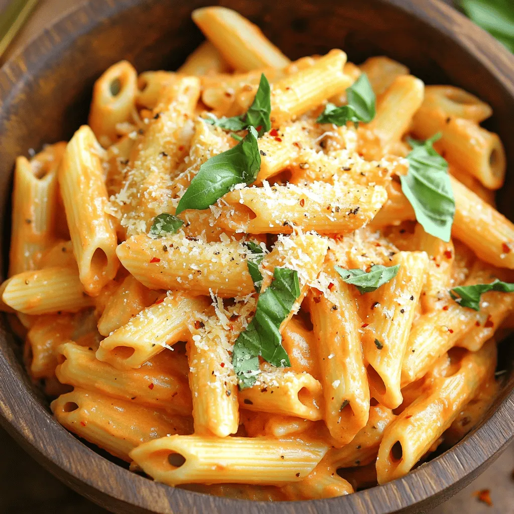 When you want to make Creamy Tomato Basil Pasta, gather these simple ingredients: - 300g penne pasta - 1 tablespoon olive oil - 3 cloves garlic, minced - 1 can (400g) crushed tomatoes - 1 teaspoon dried oregano - ½ teaspoon red pepper flakes (optional) - 200ml heavy cream - 100g grated Parmesan cheese - Salt and pepper to taste - 1 cup fresh basil leaves, chopped - Extra Parmesan cheese for serving Using fresh ingredients helps the dish taste great. The penne pasta gives a nice bite. Olive oil adds good flavor and helps cook garlic. Minced garlic brings a rich taste that pairs well with tomatoes. Crushed tomatoes are the base of the sauce. Dried oregano gives it an Italian flair. Red pepper flakes add a hint of heat if you like spice. Heavy cream makes the sauce creamy and smooth. Parmesan cheese adds a salty, nutty flavor. Finally, fresh basil leaves bring a bright, fresh note to the dish. For more details on how to prepare this dish, check out the Full Recipe. 1. Boil water and cook the penne: Start by bringing a large pot of salted water to a boil. Once boiling, add 300g of penne pasta. Cook it according to the package instructions until it is al dente. This usually takes about 10-12 minutes. 2. Reserve pasta water: Before you drain the pasta, make sure to save about a cup of the pasta water. This starchy water will help you adjust the sauce later. 1. Sauté garlic in olive oil: In a large skillet, heat 1 tablespoon of olive oil over medium heat. Add 3 cloves of minced garlic and sauté for about 1 minute. Keep an eye on it so it doesn’t burn. 2. Add tomatoes and seasoning: Pour in 1 can (400g) of crushed tomatoes. Then add 1 teaspoon of dried oregano and ½ teaspoon of red pepper flakes if you like some heat. Stir well and let this simmer for about 5-7 minutes. This allows all the flavors to blend nicely. 3. Simmer for flavor: Taste your sauce and adjust seasoning as needed. Let it bubble gently to develop rich flavors. 1. Stir in heavy cream: Lower the heat and slowly add 200ml of heavy cream to your sauce. Stir until it all mixes well. Let it simmer for another 3-4 minutes so it thickens slightly. 2. Mix pasta with sauce and cheese: Add the drained penne pasta to the creamy tomato sauce. If you find the sauce too thick, use a little of the reserved pasta water to loosen it. Next, mix in 100g of grated Parmesan cheese until melted. 3. Add salt, pepper, and basil: Season with salt and pepper to taste. Then gently fold in 1 cup of chopped fresh basil leaves, saving a few for garnish. Now you have a delicious creamy tomato basil pasta ready to enjoy! For the full recipe, you can refer to the earlier section. - Best pasta for creamy sauces: I recommend using penne pasta. Its hollow shape holds the sauce well. You can also try fettuccine or rigatoni for a fun twist. - How to prevent clumping: Make sure to stir the pasta right after draining. Adding a splash of olive oil helps keep it separate. If the sauce is too thick, use reserved pasta water to loosen it up. - Additional herbs and spices: Fresh herbs like parsley or thyme can brighten the dish. A pinch of sugar can balance acidity from the tomatoes. - Cheese substitutes: If you don’t have Parmesan, use Pecorino Romano or even a vegan cheese alternative. Nutritional yeast gives a cheesy flavor, too. - Garnishing suggestions: Top your pasta with fresh basil leaves and a drizzle of olive oil. A sprinkle of extra cheese adds a nice touch. - Serving ideas: Serve in warm bowls to keep the pasta hot. Pair it with crusty bread or a light salad for a complete meal. Enjoy your deliciously creamy tomato basil pasta! {{image_2}} If you want to keep it vegetarian, you can swap heavy cream for a plant-based option. Using cashew cream or coconut milk works great. You can also add veggies to the sauce. Spinach, bell peppers, or mushrooms add flavor and nutrients. Just sauté them with the garlic for a few minutes before adding the tomatoes. For a vegan dish, choose plant-based cheeses and creams. Almond or soy milk can replace heavy cream. Nutritional yeast can give a cheesy flavor without dairy. For the pasta, look for brands made from lentils or chickpeas. These options are both tasty and healthy. If you need gluten-free options, use gluten-free pasta. Brands made from rice or quinoa work well. Cooking times may vary, so check the package instructions. You want the pasta to be al dente. This way, it holds up well in the creamy sauce. For the Full Recipe, check the main article section. Creamy tomato basil pasta lasts about 3 to 5 days in the fridge. To store it well, let it cool before you put it in an airtight container. Make sure you cover the pasta tightly to keep it fresh. If you want to keep it longer, consider freezing it instead. You can freeze creamy tomato basil pasta for up to 3 months. To freeze it, place the cooled pasta in a freezer-safe container. Make sure to leave some space at the top, as it may expand. When you want to eat it, take it out and thaw it overnight in the fridge. To reheat, warm it in a skillet over medium heat. You can add a splash of milk or pasta water to help it regain its creamy texture. Stir well as it heats. If you have leftover pasta, you can use it in many ways. Try mixing it into a frittata for a tasty breakfast. You can also use it as a filling for stuffed peppers or mix it into soup for added heartiness. The creamy tomato basil sauce can also be repurposed. Use it as a dip for breadsticks or drizzle it over grilled chicken or veggies. It adds great flavor and can elevate many everyday dishes. Can I make this recipe ahead of time? Yes, you can make this creamy tomato basil pasta ahead. Cook the pasta and sauce, then cool them. Store them in separate containers in the fridge for up to three days. When ready to eat, just reheat the sauce and pasta together. What can I substitute for Parmesan cheese? If you need a substitute for Parmesan cheese, try Pecorino Romano or nutritional yeast for a vegan option. Both options add a nice flavor, making your dish still delicious. Is this dish suitable for meal prep? Yes, this dish is great for meal prep. You can pack it in single servings. Just reheat when you are ready to eat. How to fix a too-thick sauce? If your sauce is too thick, add a bit of the reserved pasta water. Start with a small amount and stir until you reach your desired consistency. Can I add meat to this recipe? Absolutely! You can add cooked chicken, sausage, or ground beef to the sauce. Just make sure the meat is cooked through before mixing it with the pasta. Best types of pasta for this dish? I recommend using penne pasta, as it holds sauce well. Other good options include fusilli or rigatoni. Fresh vs dried basil, which is better? Fresh basil is best for this recipe. It provides a vibrant flavor and aroma. Dried basil works in a pinch, but fresh basil makes your dish shine! This blog shared a recipe for creamy tomato basil pasta. We covered ingredients, step-by-step instructions, and helpful tips. You learned about cooking pasta perfectly and making a flavorful sauce. I also shared variations for different diets and storage tips for leftovers. Enjoy experimenting with this dish! It’s simple, tasty, and easy to adapt. Remember, cooking should be fun. Happy cooking!