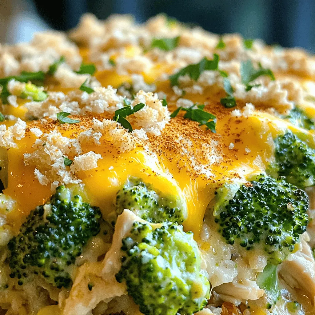 - 2 cups cooked chicken, shredded - 3 cups fresh broccoli florets - 1 cup cooked brown rice (or quinoa for a twist) - 1 cup sharp cheddar cheese, grated - 1 cup cream of mushroom soup (or homemade if you prefer) - ½ cup milk - ¼ cup mayonnaise - 1 teaspoon garlic powder - 1 teaspoon onion powder - Salt and pepper to taste - ½ cup breadcrumbs - 2 tablespoons olive oil - ½ teaspoon paprika (for garnish) - If you want to change the brown rice, try quinoa or cauliflower rice. - For gluten-free options, use gluten-free cream of mushroom soup and breadcrumbs. - You can swap out the cheese for mozzarella, Monterey Jack, or vegan cheese options. In this dish, I love how every ingredient works together. The chicken adds protein, while the broccoli brings color and nutrients. The cheese melts in, making it creamy and rich. You can find the full recipe to guide you through each step. This meal is easy to adapt, so feel free to mix and match with what you have on hand. - Preheat the oven to 350°F (175°C). - Steam broccoli florets for 3-4 minutes until tender. To start, I always set my oven to 350°F. This gets it warm and ready for baking. While the oven heats, I steam the broccoli. I like to keep it bright and just tender. This helps it stay green and tasty in the dish. - Combine ingredients in a large bowl: chicken, broccoli, rice, cheese, soup, milk, and spices. - Pour the mixture into a greased baking dish. Next, I grab a big bowl. I add the cooked chicken, steamed broccoli, cooked rice, and cheese. I also include the soup, milk, and spices. It’s important to mix well so every bite has great flavor. Once it is mixed, I pour everything into a greased baking dish. This helps it not stick when it bakes. - Add breadcrumb and cheese topping. - Bake for 25-30 minutes until golden brown and bubbly. Now comes the fun part! I sprinkle breadcrumbs and some extra cheese on top. This gives a nice crunchy layer. After that, I slide the dish into the oven. I bake it for 25-30 minutes. The top should turn golden brown and bubbly. You can smell the yummy flavors as it cooks. This Cheesy Broccoli Chicken Casserole is an easy family meal. You can find the full recipe above to try it yourself! - Ensure chicken is cooked and shredded for easy mixing. This makes the casserole smooth. - Do not overcook broccoli to preserve nutrients and color. Bright green broccoli looks great! - Serve with a fresh salad or crusty bread. This adds crunch and freshness. - Best enjoyed warm, garnished with parsley. It makes the dish pop with color! - Reduce cheese or substitute with low-fat alternatives. This cuts fat but keeps flavor. - Add more vegetables like bell peppers or carrots. This boosts nutrition and adds color. For the full recipe and more details, check out the [Full Recipe]. {{image_2}} You can spice up your casserole easily. One fun option is to add jalapeños or red pepper flakes for a kick. If you love mushrooms, sauté some and mix them in for a rich taste. These small tweaks can make a big difference in flavor. If you're looking for a vegetarian dish, try using chickpeas or tofu instead of chicken. Both options add protein and keep the dish hearty. For a low-carb version, swap the rice for cauliflower. This keeps it light and healthy without losing taste. Want to take your casserole global? For a Mexican flair, mix in some taco seasoning and top with creamy avocado. If Italian is more your style, blend in pesto and use mozzarella cheese. These twists can turn an everyday meal into a special treat. For the full recipe, you can follow the steps I outlined earlier. Enjoy creating your own version of this cheesy broccoli chicken casserole! Store your leftovers in an airtight container. They will stay fresh in the fridge for up to 3 days. If you want to keep them longer, freezing is a great option. You can freeze the casserole for up to 2 months. Just make sure to let it cool before you freeze it. This way, it stays safe and tasty. When it’s time to eat, you have a few choices for reheating. For the best texture, reheat it in the oven. Set the oven to 350°F (175°C) and heat until warm. If you’re in a hurry, you can microwave it. Just heat in portions to keep it even. To help it stay creamy, add a splash of milk before reheating. Meal prep is super easy with this casserole. You can prepare it ahead of time and keep it in the fridge unbaked. When you are ready to serve, just pop it in the oven. This way, you will enjoy a fresh, warm meal without all the work. Yes, but reduce cooking time as frozen broccoli is pre-cooked. Frozen broccoli cooks faster than fresh. I often use frozen for quick meals. Just remember to check for doneness sooner. Absolutely! Assemble the casserole and refrigerate it before baking. This saves time on busy nights. You can prepare it in the morning and bake it later. Just allow it to sit at room temperature for a bit before cooking. You can use homemade mushroom sauce, sour cream, or any other cream-based soup. I often make my own sauce for a fresh taste. Each option brings a unique flavor, so try what you have on hand! Substitute cheese and milk with dairy-free alternatives like almond milk and nutritional yeast. Nutritional yeast gives a cheesy flavor without dairy. You can enjoy this casserole without losing its creamy texture. This blog post guides you through making a delicious chicken and broccoli casserole. You learned the essential ingredients, step-by-step instructions, and tips for perfecting this dish. I also shared variations, storage advice, and answered common questions. Enjoying this casserole can be easy and fun, with plenty of ways to customize it. Whether you’re cooking for family or meal prepping, this recipe will not disappoint. Dive in and get cooking!