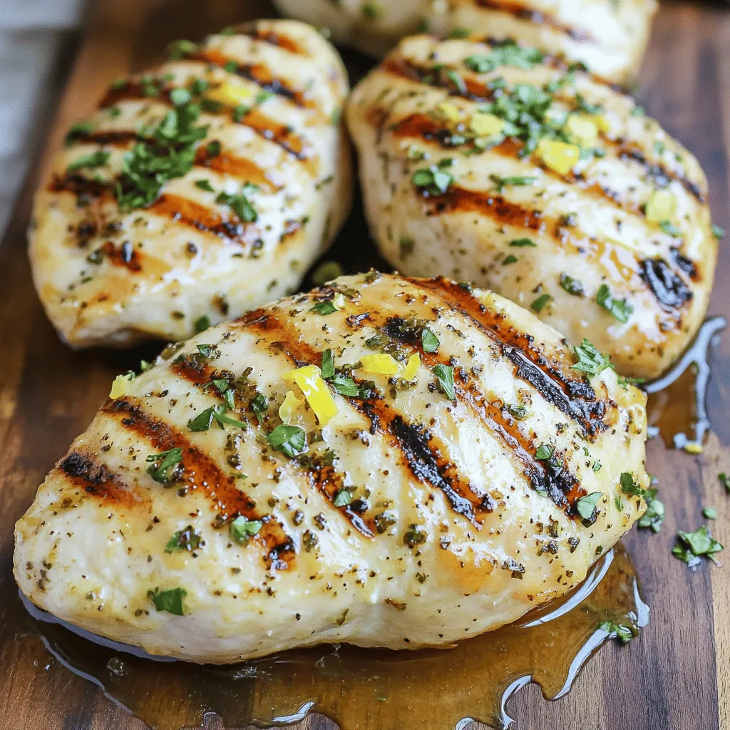 For the Zesty Lemon Herb Chicken, gather these simple items: - 4 boneless, skinless chicken breasts - 1/4 cup fresh lemon juice - 1 tablespoon lemon zest - 3 tablespoons olive oil - 4 cloves garlic, minced - 1 tablespoon honey - 1 teaspoon dried oregano - 1 teaspoon dried thyme - 1 teaspoon smoked paprika - Salt and pepper to taste - 2 tablespoons fresh parsley, chopped (for garnish) When measuring, always use dry measuring cups for solids and liquid measuring cups for liquids. For example, use a liquid cup for lemon juice. Always spoon dry ingredients lightly into the cup, then level the top with a knife. This gives the right amount. If you want to be very precise, a kitchen scale can help. It ensures you get the right weight for your ingredients. Using fresh herbs gives a bright flavor. Dried herbs are handy and last longer. If you use dried herbs, remember they are stronger. You need less. A good rule is to use one-third of the amount. For example, if the recipe calls for 1 tablespoon of fresh oregano, use about 1 teaspoon of dried. Fresh herbs like parsley add color and taste. Choose what you like best for your dish! To start, gather your ingredients. You need fresh lemon juice, lemon zest, olive oil, minced garlic, honey, oregano, thyme, smoked paprika, salt, and pepper. In a bowl, whisk together these ingredients until they blend well. This marinade gives your chicken a bright, zesty flavor. Next, take your chicken breasts and place them in a resealable bag. Pour the marinade over the chicken, making sure every piece is coated. Seal the bag or cover your dish. Refrigerate it for at least one hour. If you can wait, marinate it overnight for even better taste. Once your chicken has marinated, it’s time to cook! Preheat your grill to medium-high heat. If you're using a grill pan, lightly grease it with cooking spray. Remove the chicken from the marinade, letting the extra drip off. Place the chicken on the hot grill. Cook each side for about 6-7 minutes. You want the chicken to reach an internal temperature of 165°F (75°C). This ensures it's safe to eat and juicy. Look for nice grill marks to know it's cooking well. After grilling, remove the chicken and let it rest for 5 minutes. This step is key! Letting it rest helps keep the juices inside, making each bite tender and juicy. To serve, slice the chicken into pieces. You can drizzle any leftover marinade that’s been cooked down on top. This adds even more flavor. Pair your chicken with roasted vegetables or a fresh salad for a complete meal. Don’t forget to garnish with chopped parsley! It adds a pop of color and a fresh taste. You can find the full recipe for more details and tips. Enjoy your zesty lemon herb chicken! For the best flavor, marinate your chicken properly. Use a mix of lemon juice, zest, olive oil, and herbs. This adds a bright taste that shines through. I recommend marinating for at least one hour. For a deeper flavor, let it sit overnight. Just remember to keep it in the fridge. This helps the chicken absorb all those yummy flavors. Grill marks make your chicken look great and add flavor. To get those perfect lines, make sure your grill is hot. Place the chicken on the grill and don’t move it for the first few minutes. This allows those marks to form. After about 6-7 minutes, flip the chicken to get marks on the other side. Always check that the chicken reaches 165°F (75°C) for safe eating. Want to boost the flavor of your dish? Try adding some fresh herbs right before serving. Chopped parsley adds a nice touch. You can also drizzle a bit of cooked marinade over your chicken. If you like heat, sprinkle some red pepper flakes for a kick. These small changes can make a big difference in taste. Check out the Full Recipe for more ideas! {{image_2}} You can make Zesty Lemon Herb Chicken in the oven or an air fryer. For the oven, preheat it to 400°F (200°C). Place the marinated chicken on a baking sheet. Bake for 20 to 25 minutes. The chicken should be cooked until it reaches 165°F (75°C). In an air fryer, set it to 370°F (188°C). Cook the chicken for 12 to 15 minutes, flipping halfway through. Both methods keep the chicken juicy and flavorful. Feel free to switch up the herbs and spices. Instead of oregano, try basil or rosemary for a different taste. You can use fresh herbs if you have them. Fresh herbs give a brighter flavor. If you like heat, add a pinch of red pepper flakes. For a smoky flavor, you can replace smoked paprika with regular paprika or cumin. This recipe is naturally gluten-free. Make sure to check all your ingredients. Use gluten-free honey if needed. For low-carb diets, skip the honey or use a low-carb sweetener. Pair the chicken with low-carb veggies like zucchini or broccoli for a satisfying meal. You can enjoy this dish while sticking to your dietary needs. You can find the full recipe above to start cooking! After you cook the Zesty Lemon Herb Chicken, let it cool down. Place the chicken in an airtight container to keep it fresh. You can store it in the fridge for up to four days. Make sure it’s sealed tightly to avoid any odors. If you have leftover marinade, discard it for safety. If you want to save the chicken for later, freezing works great. First, let it cool completely. Then, wrap each piece in plastic wrap. Place the wrapped chicken in a freezer bag or container. It will last in the freezer for about three months. Label your bag with the date. This way, you won’t forget how long it has been there. When you’re ready to eat the chicken again, there are a few ways to reheat it. You can use the oven, microwave, or stovetop. For the oven, preheat it to 350°F (175°C). Place the chicken on a baking sheet and heat for about 15-20 minutes. If using a microwave, heat on medium power for 2-3 minutes. Check to make sure it’s hot all the way through. If you want a crispy texture, the stovetop is best. Heat a little olive oil in a pan and add the chicken. Cook for about 5-7 minutes, flipping it until it’s hot. Enjoy your flavorful chicken again! For the full recipe, refer to the main section. To make Zesty Lemon Herb Chicken, start by marinating the chicken. In a bowl, mix together fresh lemon juice, lemon zest, olive oil, minced garlic, honey, oregano, thyme, smoked paprika, salt, and pepper. This marinade gives the chicken a bright, zesty flavor. Then, place the chicken breasts in a resealable bag or shallow dish and pour the marinade over them. Make sure each piece is well-coated. Seal the bag or cover the dish. Refrigerate for at least 1 hour, but overnight is best for flavor. Once marinated, preheat your grill to medium-high heat. Remove the chicken, allowing excess marinade to drip off. Grill the chicken for about 6 to 7 minutes on each side. Cook until the internal temperature reaches 165°F (75°C). Let the chicken rest for about 5 minutes before slicing. This helps keep it juicy. You can serve Lemon Herb Chicken with many sides. I love pairing it with roasted vegetables, like carrots, bell peppers, and zucchini. A fresh salad with mixed greens, cherry tomatoes, and a light vinaigrette also works well. For something heartier, consider serving it with quinoa or rice. Both side dishes soak up the flavors nicely. If you want a simple option, crusty bread with herb butter is a great choice too. It adds a nice touch and balances the meal. Yes! You can use different proteins for this recipe. Try it with turkey breasts or pork chops. Both will absorb the marinade well and taste great. If you want a lighter option, shrimp works well too. Just adjust the cooking time for smaller proteins. For plant-based choices, tofu or tempeh can be used. Marinate them just like the chicken and grill until golden. This way, you can enjoy the same zesty flavor with a variety of proteins! For the full recipe, check the main article. This blog post covered preparing Zesty Lemon Herb Chicken with key ingredients, tips, and variations. You learned how to choose fresh or dried herbs, measure them, and prepare a tasty marinade. We explored grilling techniques and ways to enhance flavor. You discovered alternative cooking methods and dietary options. For storage, I shared guidelines for refrigerating or freezing your dish. Remember, cooking should be fun and creative. Enjoy trying new flavors and serving your chicken with various sides!