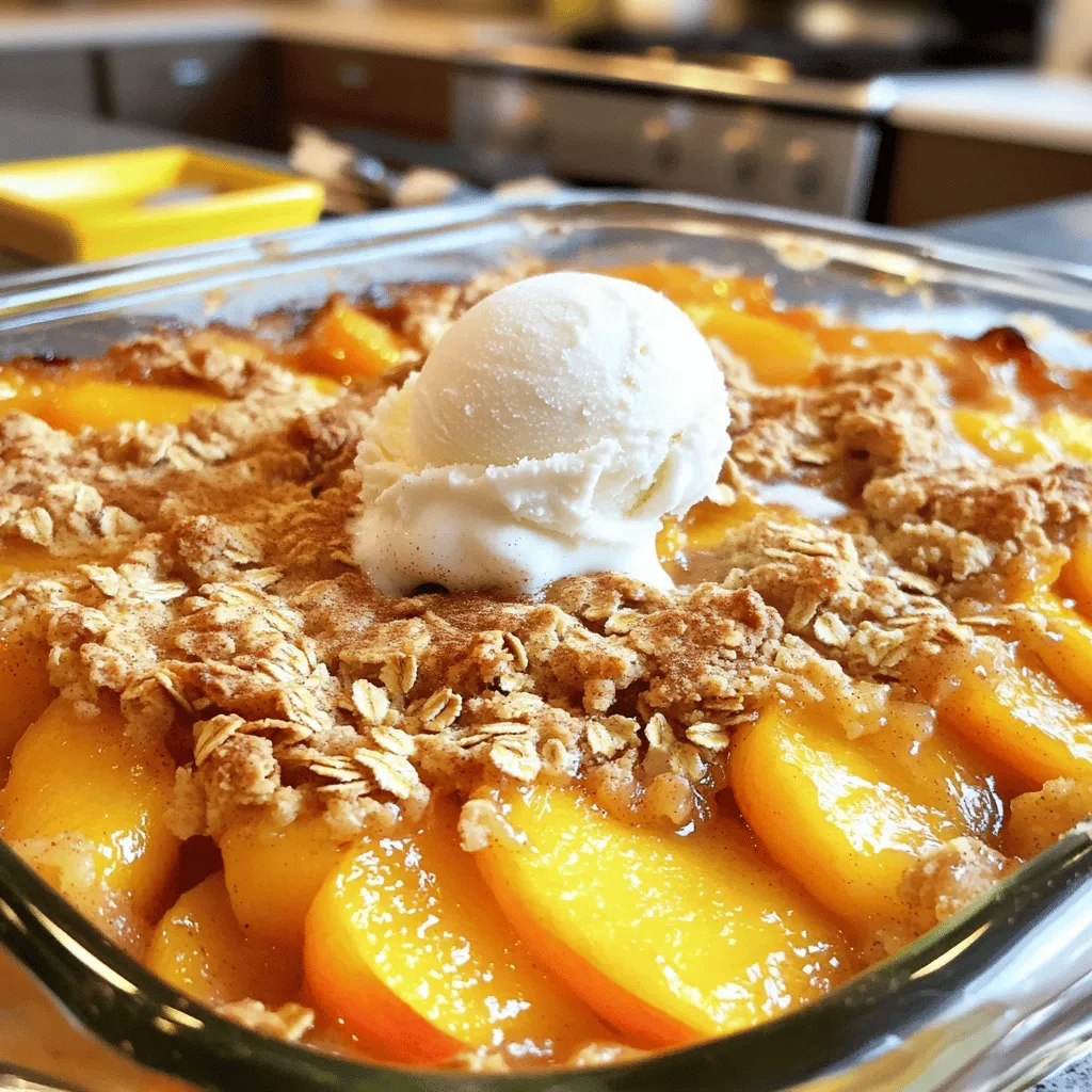 - Ripe peaches: 6, peeled and sliced - Lemon juice: 1 tablespoon - Brown sugar: 1/3 cup - Cinnamon: 1 teaspoon - Nutmeg: 1/4 teaspoon The heart of this dish is ripe peaches. They give the crisp its sweet and tangy flavor. I recommend using peaches that are soft when you press them gently. The lemon juice brightens the taste and keeps the peaches fresh. Brown sugar adds a lovely caramel note. Cinnamon and nutmeg bring warmth and spice, enhancing the overall flavor. - All-purpose flour: 1/4 cup - Rolled oats: 1 cup - Unsalted butter: 1/2 cup, melted - Almond flour: 1/3 cup - Salt: 1/4 teaspoon For the topping, I use a mix of oats and flours. The rolled oats provide a nice chew and texture. Almond flour adds richness and depth. Melted unsalted butter binds everything together and gives it that golden crispiness. A pinch of salt balances the sweetness, making each bite perfect. - Optional toppings: whipped cream or vanilla ice cream When it comes to serving, I love adding a scoop of vanilla ice cream or a dollop of whipped cream. It melts into the warm crisp, creating a delightful mix of hot and cold. You can also sprinkle a bit of cinnamon on top for added flair. For the full recipe, check out the Peach Paradise Crisp section. 1. Preheat your oven to 350°F (175°C). This step is key for a perfect bake. 2. In a large bowl, combine the sliced peaches with lemon juice, brown sugar, cinnamon, nutmeg, and flour. Toss gently until the peaches are well coated. The lemon juice helps balance the sweetness. 1. In another bowl, mix the rolled oats, almond flour, melted butter, and salt. Stir until the mix looks crumbly. This topping will add a nice texture and flavor. 1. Layer the peach mixture in a greased 9x13 inch baking dish, spreading it out evenly. 2. Sprinkle the oat topping over the peaches. 3. Bake in the preheated oven for 30-35 minutes. Look for a golden topping and bubbling peaches. This step-by-step guide makes it easy to create a delicious Peach Crisp. For the full details, check out the Full Recipe. To make the best peach crisp, you need ripe peaches. Look for peaches that are soft but not mushy. They should have a sweet smell. The skin can be slightly fuzzy and have a nice golden color. Great varieties for peach crisp include Freestone and Clingstone peaches. Freestone peaches are easier to slice since the pit comes out clean. Clingstone peaches can be sweeter but are harder to pit. Peach sweetness varies. If your peaches are very sweet, cut back on the sugar by one tablespoon. If they are tart, add a bit more sugar. You can also try honey or maple syrup as alternatives. These sweeteners can add a unique flavor to your dessert. Just remember to adjust the liquid in your recipe if you use these options. If you need a gluten-free crisp, swap all-purpose flour with almond flour or gluten-free flour. Use certified gluten-free oats to stay safe. For a vegan option, replace butter with coconut oil or vegan butter. You can also use a flaxseed meal mixed with water as an egg substitute, but it's not needed in this recipe. Making these changes can help everyone enjoy your tasty peach crisp. For the full recipe, check out the recipe section. {{image_2}} You can easily change the fruit in your peach crisp. Mix in berries like blueberries or raspberries. They add a nice tartness. You can also add apples or pears for added sweetness. Seasonal fruits work great, too. In summer, try using strawberries. In fall, swap peaches for apples. This keeps your dessert fresh and exciting. To boost flavor, add a splash of vanilla or almond extract. Just a little makes a big difference. You can also think about adding nuts. Walnuts or pecans add great crunch. If you want, try seeds like sunflower or pumpkin for a twist. These additions make your crisp unique and tasty. Peach crisp is best served warm. This makes the topping crunchy and the fruit soft. You can also serve it cold for a refreshing treat. For more fun, try serving it with whipped cream or vanilla ice cream. A sprinkle of cinnamon on top adds extra flair. Check out the Full Recipe for all the details. To store leftovers, place peach crisp in an airtight container. This helps keep it fresh. You can also use plastic wrap if you prefer. Make sure it cools to room temperature first. In the fridge, your peach crisp will stay good for about three days. To keep the topping crisp, reheat it in the oven for a few minutes before serving. Freezing peach crisp is simple. First, let it cool completely. Then, cut it into portions. Wrap each piece in plastic wrap. Place the wrapped pieces in a freezer-safe bag or container. This method helps prevent freezer burn. Peach crisp can last up to three months in the freezer. When you want to enjoy it, thaw it overnight in the fridge. Reheat in the oven at 350°F until warm. Homemade peach crisp lasts about three days in the fridge. It will stay fresh if stored properly. Signs of spoilage include a sour smell or mold. If you see any of these signs, it’s best to throw it out. Always use your senses to check for freshness. If it looks or smells off, don’t risk it. Enjoy your peach crisp while it’s at its best! For the full recipe, check out the mentioned details above. Yes, you can use frozen peaches for peach crisp. First, let the peaches thaw completely. Drain any excess liquid to keep the filling from being too watery. Frozen peaches can be sweet, so you may want to cut back on the sugar a bit. This will help keep the flavor balanced. To prevent a soggy peach crisp, do not skip the flour in the peach mixture. The flour helps absorb extra moisture. Baking the crisp uncovered also helps to reduce steam. Make sure to layer the oat topping well. This will create a nice barrier to keep the filling in check. Peach crisp pairs well with many sides and drinks. Vanilla ice cream is a classic choice. You might also try whipped cream for a lighter option. For drinks, sweet iced tea or a fruity lemonade works great. These pairings enhance the dessert and make it even more enjoyable. If you want an oat-free version, use crushed nuts or a mix of flour and brown sugar for the topping. Almond flour makes a great substitute. Combine it with melted butter to create a crumbly texture. This will still give you a delicious topping without oats. For a gluten-free option, use gluten-free flour in place of all-purpose flour. For the complete recipe, check out the Full Recipe. This blog post explored making a perfect peach crisp. We discussed key ingredients, from ripe peaches to delightful toppings. I shared easy steps for prepping, baking, and serving. Plus, I included tips for sweetness, gluten-free swaps, and creative variations. Peach crisp is fun and simple. You can impress friends or family with this treat. I hope you enjoy baking it as much as I do!
