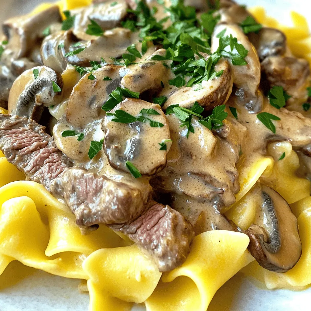 - 1.5 pounds beef sirloin, sliced into thin strips - 1 tablespoon olive oil - 2 cloves garlic, minced - 1 cup beef broth - 16 ounces mushrooms, sliced - 1 cup sour cream - 12 ounces egg noodles - Fresh parsley for garnish - 1 tablespoon Worcestershire sauce - 1 teaspoon Dijon mustard - 1 teaspoon dried thyme - 1/2 teaspoon black pepper - Salt to taste Gathering the right ingredients makes your dish shine. The beef sirloin gives rich flavor. Choose fresh mushrooms for the best taste. I like to use cremini or button mushrooms. They add a nice earthy touch. Sour cream is key for creaminess. It balances the strong flavors. Egg noodles soak up the sauce well. They add heartiness to the meal. Fresh parsley makes it pop with color. Seasonings are just as important. Worcestershire sauce adds depth. Dijon mustard brings a little tang. Dried thyme gives a warm, herbal flavor. Black pepper adds a slight kick. Don’t forget salt to bring it all together. For the full recipe, check out the details in the Full Recipe section. Enjoy crafting this flavorful comfort dish! - Set your Instant Pot to 'Sauté' and add one tablespoon of olive oil. - Once hot, add 1.5 pounds of beef sirloin, sliced thin. - Cook the beef for 5-7 minutes until browned. Remove beef and set aside. - In the same pot, add a medium onion, finely chopped. - Cook the onion until it turns translucent, about 3-4 minutes. - Next, stir in 2 cloves of minced garlic and cook for one minute. - Add 16 ounces of sliced mushrooms and cook until tender, about 5-6 minutes. - Now, combine one cup of beef broth with one tablespoon of Worcestershire sauce. - Add one teaspoon of Dijon mustard, one teaspoon of dried thyme, and 1/2 teaspoon of black pepper. - Make sure to scrape the browned bits from the pot for extra flavor. - Return the browned beef to the pot and stir gently. - Seal the Instant Pot lid tightly. Set it to 'Pressure Cook' for 10 minutes. - After cooking, let the pot sit for 5 minutes for natural release. - Use quick release for the remaining pressure. Open the lid and stir in 12 ounces of egg noodles. - Lock the lid again and set the pot to 'Pressure Cook' for another 4 minutes. - Once the noodles are cooked, use quick release again. - In a small bowl, mix one cup of sour cream and 2 tablespoons of flour until smooth. - Stir this mix into the stroganoff until well combined. Add salt to taste and serve hot. For more details, check the Full Recipe. Choosing the right cut of beef is key. I suggest using beef sirloin. It is tender and cooks well in the Instant Pot. Cut the beef into thin strips, about 1/4 inch thick. This helps it cook evenly. If your beef pieces are thicker, increase the cook time by a couple of minutes. To boost the flavor, you can add herbs. Fresh thyme or parsley works great. You can also try a pinch of paprika for some warmth. For noodles, cook them al dente. This way, they will stay firm and not get mushy in the sauce. One common mistake is overcooking the beef or mushrooms. They can become tough and lose their flavor. Always watch the cooking time closely. Another mistake is skipping the sauté step. Sautéing adds depth and great flavor to your dish. It helps create a rich base for the stroganoff. For the full recipe, be sure to check out the link. {{image_2}} You can change up the protein in Beef Stroganoff. Try using chicken or turkey instead of beef. They cook quickly and soak up flavors nicely. If you want a meat-free option, mushrooms work well too. They give a rich taste and add a nice texture. Noodles are key to this dish. You can swap egg noodles for whole wheat or gluten-free pasta. This makes the meal healthier for some diets. Another fun idea is using rice as a base. Rice adds a unique texture and flavor that pairs well with the sauce. Want to make your stroganoff even better? Add vegetables like peas or bell peppers. These veggies bring color and more nutrition. For a creamier sauce, mix in cream cheese. It makes the dish smooth and rich, perfect for cozy nights. For more details, check out the Full Recipe. To keep your beef stroganoff fresh, store it in the fridge. Use an airtight container. This helps prevent moisture loss and keeps flavors intact. Make sure the dish cools down to room temperature before sealing. It can last up to three days in the refrigerator. For the best flavor when reheating, use the stovetop. Place the stroganoff in a pan over low heat. Stir often to avoid burning. If you want to keep it creamy, add a splash of beef broth or more sour cream. This helps restore its texture. You can freeze beef stroganoff for later. Let it cool completely before packing it in a freezer-safe container. It can last up to three months in the freezer. To thaw, move it to the fridge overnight. Reheat on low heat on the stove or in the microwave. This will help you enjoy this savory dish again! For the full recipe, check the link. The total time for this dish is about 35 minutes. - Prep Time: 15 minutes - Cook Time: 20 minutes You sauté the beef and vegetables first. This takes about 10 minutes. Then, you pressure cook the beef for 10 minutes. After that, cook the noodles for 4 minutes. A natural release takes 5 minutes, followed by a quick release. Yes, you can make Beef Stroganoff on the stove. - Brown the beef in a skillet over medium heat. - Cook the onions and mushrooms in the same pan. - Add broth and seasonings, then simmer until tender. - Stir in sour cream and serve over noodles. This method takes longer, about 45 minutes, but it works well. Beef Stroganoff pairs well with several sides. - Egg noodles: The classic choice. - Mashed potatoes: Creamy and comforting. - Rice: A simple and easy option. - Steamed vegetables: Adds color and nutrition. These sides complement the rich flavors of the dish. To achieve a rich, creamy sauce, follow these tips: - Use full-fat sour cream or Greek yogurt. - Mix sour cream with flour before adding it to the pot. - Stir gently to avoid curdling. These steps help create a smooth texture. Yes, you can make Beef Stroganoff gluten-free. - Use gluten-free egg noodles or rice. - Replace all-purpose flour with cornstarch or a gluten-free blend. These swaps maintain the dish's flavor while being safe for gluten-free diets. The best cuts for this dish are: - Beef sirloin: Tender and flavorful. - Filet mignon: Very tender but pricier. - Flank steak: Lean and tasty when sliced thin. These cuts respond well to quick cooking and yield great results in your stroganoff. In this blog post, we explored the key ingredients for a tasty Beef Stroganoff. You learned the main and additional ingredients, including steps for cooking it perfectly in an Instant Pot. We discussed tips for flavor enhancement and variations to suit different diets. You also discovered how to store and reheat leftovers effectively. Beef Stroganoff is a warm, comforting dish that anyone can enjoy. With simple adjustments and careful cooking, you can create a satisfying meal that pleases all. Enjoy your cooking journey!
