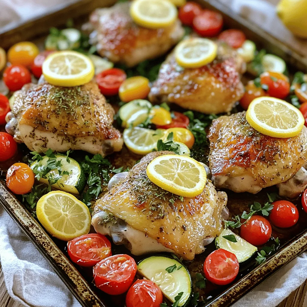 To make this dish, you'll need simple yet flavorful items. Here are the key ingredients: - 4 bone-in, skin-on chicken thighs - 2 tablespoons olive oil - 2 lemons (1 juiced, 1 sliced) - 3 cloves garlic, minced - 1 teaspoon dried oregano - 1 teaspoon dried thyme - 1 teaspoon smoked paprika - Salt and pepper to taste These ingredients create a tasty marinade that infuses the chicken with zesty flavor. The lemon juice brightens the dish, while the herbs add depth. Pairing the chicken with fresh veggies brings color and nutrition. I recommend these: - 1 bell pepper (red or yellow), chopped - 1 zucchini, sliced - 1 cup cherry tomatoes, halved These vegetables roast nicely, soaking up the flavors from the chicken. The bell pepper adds crunch, while the zucchini and tomatoes provide a tender bite. Having the right tools makes cooking easier and more fun. Here’s what you’ll need: - A large sheet pan - A mixing bowl - A whisk - A sharp knife - A cutting board These tools help you mix, chop, and arrange your meal perfectly. A sheet pan is key to cooking everything evenly, making cleanup a breeze. For the full experience, check out the Full Recipe for detailed steps. Start by making the marinade. In a bowl, mix together the olive oil, lemon juice, minced garlic, oregano, thyme, smoked paprika, salt, and pepper. Whisk until it blends well. This mix adds a great flavor to the chicken. Place the chicken thighs in a large bowl or a ziplock bag. Pour the marinade over the chicken. Use your hands to massage the marinade into the chicken. This helps the flavors soak in. Let the chicken marinate for at least 30 minutes. If you have time, marinate it for up to 4 hours in the fridge. While the chicken marinates, prepare the veggies. In another bowl, toss the chopped bell pepper, zucchini, and cherry tomatoes with a drizzle of olive oil, salt, and pepper. After marinating, take the chicken out. On a large sheet pan, place the marinated chicken in the center. Surround it with the seasoned veggies. Top the chicken with lemon slices for extra zest. Now, it’s time to bake! Preheat your oven to 400°F (200°C). Place the sheet pan in the oven and bake for 30 to 35 minutes. The chicken should reach an internal temperature of 165°F. The veggies will be tender and flavorful. Once done, let it rest for 5 minutes. Garnish with fresh parsley before serving. Enjoy this delicious meal! For the complete recipe, check out the Full Recipe section. To get the best flavor from your chicken, marinate it well. Use a large bowl or ziplock bag. This helps the chicken absorb all the tasty herbs and spices. I suggest marinating for at least 30 minutes. If you can, let it sit for up to 4 hours in the fridge. This time allows the lemon and herbs to work their magic. Always massage the marinade into the meat for even coverage. The more flavor, the better! Cut your veggies into similar sizes. This helps them cook evenly. I like using bell peppers, zucchini, and cherry tomatoes. Toss them in olive oil, salt, and pepper before adding them to the pan. Spread them out in a single layer around the chicken. This gives them room to roast nicely. Stir them halfway through cooking for even browning. You’ll end up with colorful, tender veggies that complement the chicken perfectly. When it’s time to serve, think about how you want to present your dish. For a rustic look, serve right from the sheet pan. It adds a homey vibe. If you prefer a polished look, plate the chicken and veggies separately. Drizzle any leftover juices from the pan over the top. It adds a nice touch and packs more flavor. Garnish with fresh parsley for a pop of color. Enjoy your beautiful meal! {{image_2}} You can change up the veggies to suit your taste. Asparagus adds a nice crunch. Carrots bring sweetness and color. Broccoli works well for a hearty bite. You might also try cauliflower or green beans. Mix and match to find your favorite combo! If you want to switch the chicken, use salmon or shrimp. Both cook fast and soak up flavors. Tofu is a great choice for a plant-based meal. Just ensure it gets a good marinade. These proteins will give you new tastes with the same cooking method. Feel free to experiment with the marinade! Try adding mustard for tang or honey for sweetness. A splash of soy sauce adds depth. You can even use fresh herbs like basil or cilantro. Each change creates a new dish with its own flair. For the full recipe, check out the complete guide above. To store leftovers, let the chicken and veggies cool first. Then, place them in an airtight container. Remember to keep the chicken and veggies together for best flavor. Store in the fridge for up to three days. If you want to keep them longer, freezing is a good option. When ready to eat, reheat in the oven for the best taste. Preheat your oven to 350°F (175°C). Place the chicken and veggies on a baking sheet. Cover them with foil to keep them moist. Heat for about 15-20 minutes, or until warm. You can also use a microwave, but the oven keeps the chicken crispy. If you want to freeze your meal, do it right after cooking. Let it cool completely, then place it in freezer-safe bags or containers. Squeeze out as much air as you can to avoid freezer burn. This dish can stay fresh in the freezer for up to three months. When you’re ready to enjoy it, thaw in the fridge overnight before reheating. For more detailed instructions, check the Full Recipe. You can check if the chicken is done by using a meat thermometer. Insert it into the thickest part of the chicken thigh. It should read at least 165°F (75°C). If you don’t have a thermometer, cut into the chicken. The juices should run clear, not pink. Yes, you can prepare the chicken and marinade a few hours in advance. Marinate the chicken for at least 30 minutes for the best flavor. You can also chop the veggies and store them separately in the fridge. This way, all you need to do is bake it when you’re ready. This dish pairs well with simple sides. You can serve it with rice, quinoa, or a fresh salad. Garlic bread or a crusty baguette can add a nice touch too. For a colorful plate, consider adding more roasted veggies or a side of steamed broccoli. For the full recipe, check out the earlier section. Lemon herb chicken pairs well with fresh veggies and simple tools for a tasty meal. We covered how to make the marinade, marinate the chicken, and bake everything for even cooking. I shared tips on serving and storing leftovers for later. You can even explore variations with different veggies or marinades. Cooking can be fun and easy if you follow these steps. Enjoy your delicious lemon herb chicken and veggies, knowing you have the right method for success!