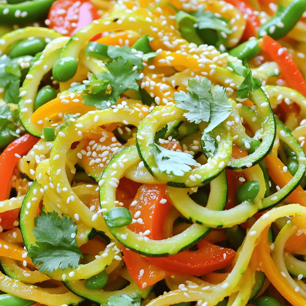 - 4 medium zucchini, spiralized into noodles - 1 bell pepper (red or yellow), thinly sliced - 1 cup snap peas, trimmed - 1 carrot, julienned - 3 green onions, sliced (white and green parts separated) - 2 cloves garlic, minced - 1 tablespoon fresh ginger, grated - 3 tablespoons soy sauce (or tamari for gluten-free) - 1 tablespoon sesame oil - 1 tablespoon olive oil - 1 teaspoon red pepper flakes (adjust to taste) When I create this dish, I focus on fresh and bright flavors. Zucchini noodles are a fun twist for pasta lovers. They soak up all the tasty sauces and spices. I love using vibrant vegetables like bell peppers and snap peas. They add color and crunch. Carrots give a sweet flavor and nice texture. Aromatics like garlic and ginger bring warmth to every bite. - Sesame seeds - Fresh cilantro Garnishes can take this dish to the next level. I often sprinkle sesame seeds for a slight crunch. Fresh cilantro adds a burst of flavor and color. These toppings make the dish look and taste great. You can choose to skip them, but I always recommend using them. - Olive oil - Soy sauce (or tamari) - Sesame oil Choosing the right oils and sauces is key. I prefer olive oil for its rich taste. It helps cook the veggies just right. Soy sauce adds a savory depth to the stir fry. For a nutty flavor, I add sesame oil. Together, they create a delicious sauce that coats every noodle. This combination makes the dish rich and satisfying. For a gluten-free option, tamari works well too. For more detailed cooking steps and tips, you can check out the Full Recipe. Start by spiralizing your zucchini. A spiralizer makes long, thin noodles. This tool is fun to use! Once you have your noodles, place them in a colander. Sprinkle some salt over them. The salt helps pull out extra moisture. Let them rest for about 15-20 minutes. This step is key to keeping your stir fry from getting soggy. Next, heat a large skillet or wok over medium-high heat. Add olive oil and let it warm up. Once hot, toss in the white parts of the green onions, garlic, and ginger. Stir-fry these for about 1-2 minutes. You want them fragrant but not burnt. This step adds a lot of flavor to your dish. Now, it's time to add the colorful veggies! Toss in the sliced bell pepper, snap peas, and julienned carrot. Stir-fry these for 4-5 minutes. You want them to soften just a bit while still being crisp. This keeps the texture lively and fresh. Now add your spiralized zucchini noodles to the skillet. Drizzle them with soy sauce and sesame oil. Sprinkle in red pepper flakes for a kick. Toss everything together gently. Cook for another 3-4 minutes. You want the noodles warm but not mushy. This is where all the flavors blend together! Finally, remove the skillet from the heat. Transfer your stir fry to a serving platter. Garnish with the green onion tops, sesame seeds, and fresh cilantro if you like. This adds a nice touch to the dish. Serve it hot and enjoy your tasty creation! For the full recipe, check out the details above. To make the best zucchini noodles, you need to avoid sogginess. Start by salting your spiralized zucchini. This step helps draw out extra moisture. Let them sit for 15-20 minutes in a colander. After that, rinse and pat them dry with a paper towel. For spiralizing, a good tool makes a big difference. I recommend using a sturdy spiralizer. It can make long, even strands. This helps your noodles cook evenly and look nice on the plate. To make your dish pop, consider adding spices. A pinch of red pepper flakes adds heat. You could also try a dash of black pepper or smoked paprika for depth. Instead of store-bought sauces, try homemade ones. A simple mix of soy sauce and sesame oil can elevate your stir fry. You can even add a bit of honey or lime juice for a sweet and tangy flavor boost. Pair your zucchini noodle stir fry with protein for a complete meal. Grilled chicken, shrimp, or tofu all work well. Just cook the protein separately and toss it in before serving. For side dishes, think about a fresh salad or some steamed rice. Both complement the stir fry nicely. You can also serve it with a light soup for a warm and comforting meal. If you're ready to try this recipe, check out the Full Recipe for step-by-step instructions. Happy cooking! {{image_2}} You can boost the nutrition of your zucchini noodle stir fry by adding protein. Chicken, shrimp, or tofu work great. - Chicken: Use bite-sized pieces. Cook them in the skillet until golden brown, about 5-7 minutes. Set aside before adding the veggies. - Shrimp: Peel and devein shrimp. Sauté in the skillet for about 3-4 minutes until they turn pink. Remove and then add them back with the zucchini noodles. - Tofu: Choose firm tofu for the best texture. Cut it into cubes and pan-fry until golden on each side, about 8-10 minutes. Add it in with the veggies. If you need a gluten-free meal, use gluten-free soy sauce or tamari. This keeps the flavors intact without the gluten. - Substitute regular soy sauce with tamari, which tastes great. - You can also use coconut aminos as a low-sodium option. - Add more fresh vegetables like bell peppers or carrots to make it heartier and gluten-free. For a vegetarian or vegan twist, you can swap out dairy and meat for plant-based options. - Use dairy-free cheese like cashew cheese or nutritional yeast for a cheesy flavor. - For plant-based protein, try chickpeas or lentils. Cook them separately and mix them in at the end for extra protein and fiber. This dish is flexible, and you can adapt it to your needs. Check out the Full Recipe for all the details. To keep your zucchini noodle stir fry fresh, store it in an airtight container. Place it in the fridge as soon as it cools down. This method helps reduce waste and keeps your meal tasty. The stir fry lasts about 3 to 4 days in the fridge. If you want to enjoy it later, follow the next steps. You can freeze leftover zucchini noodle stir fry for future meals. First, let it cool completely. Then, portion it into freezer-safe bags or containers. Remove as much air as possible to prevent freezer burn. This way, it can last up to 2 months in the freezer. When you're ready to eat, remove it from the freezer and thaw it in the fridge overnight. To reheat your stir fry, use a skillet over medium heat. Add a splash of water or oil to prevent sticking. Heat it for about 5 minutes, stirring often. This keeps the noodles from getting mushy. You can also use a microwave, but be careful not to overcook the noodles. Enjoy your tasty meal again! Yes, you can prep zucchini noodles ahead of time. To do this, spiralize your zucchini and place the noodles in a colander. Sprinkle them with a little salt. This step helps draw out water. Let them sit for about 15-20 minutes. Afterward, rinse and pat them dry. This way, your noodles will hold up well during cooking. If you don’t have zucchini, try other vegetables. Spaghetti squash is a great option. It has a similar texture and is easy to cook. You can also use sweet potatoes or carrots, spiralized into noodles. These add a different flavor and nutrients. Rice noodles or whole wheat pasta are good choices for traditional noodles. Zucchini Noodle Stir Fry is very healthy. Zucchini is low in calories and high in water. It helps you feel full without adding extra calories. The dish is packed with vitamins and minerals from fresh vegetables. You get fiber, which is great for digestion. Plus, using fresh herbs adds flavor without extra salt or fat. To reduce water in zucchini noodles, salt them. After spiralizing, put them in a colander and sprinkle salt. Let them sit for 15-20 minutes. This draws out moisture. Rinse and pat the noodles dry before cooking. You can also cook them quickly on high heat to avoid sogginess. This keeps them firm and tasty. In this blog post, we explored how to make a delicious zucchini noodle stir fry. We covered key ingredients, preparation steps, and helpful tips. You learned how to enhance flavor and make the dish your own with variations. Remember, you can easily store and reheat leftovers, keeping meals quick and tasty. Enjoy experimenting with this healthy, versatile dish, and impress your friends and family. Make this zucchini noodle stir fry your go-to recipe for a nutritious and satisfying meal!