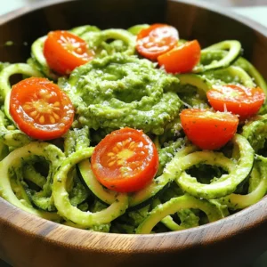 To make Zucchini Noodles with Pesto, gather these fresh and healthy ingredients: - 4 medium zucchinis - 1 ripe avocado - 1 cup fresh basil leaves - 1/4 cup pine nuts, toasted - 2 cloves garlic, minced - 1/4 cup nutritional yeast - 2 tablespoons lemon juice - 1/4 cup olive oil + extra for drizzling - Salt and pepper to taste - Cherry tomatoes, halved - Grated Parmesan or vegan alternative Each ingredient plays a key role in this dish. Zucchini serves as the base, offering a light, crunchy texture. The avocado brings creaminess to the pesto. Fresh basil adds a burst of flavor, while pine nuts provide a nice crunch. Garlic gives it a savory kick. Nutritional yeast adds a cheesy taste without dairy, and lemon juice brightens the overall profile. The olive oil ties it all together, creating a smooth sauce. Salt and pepper enhance the flavors, and cherry tomatoes add a pop of color and sweetness. For the complete cooking process, check the Full Recipe. To start, I use a spiralizer or a vegetable peeler to create the zoodles. If you prefer ribbons, the peeler works great. Once cut, I let them sit in a colander to drain excess moisture. This step is key to avoid sogginess later. Next, I grab my food processor. I add the ripe avocado, fresh basil, toasted pine nuts, minced garlic, nutritional yeast, lemon juice, and olive oil. I blend until smooth and creamy. If the pesto is too thick, I add a splash of water until it reaches the right consistency. Now, I take a large bowl and combine the drained zoodles with the avocado pesto. I toss gently to ensure every noodle gets coated evenly. Careful here! I want to keep the zoodles intact. If you like your zoodles warm, I briefly sauté them. In a non-stick skillet, I cook them over medium heat for about 2-3 minutes. I watch them closely. I want them warm but still slightly crunchy. Finally, I divide the zoodles into serving bowls. I top them with halved cherry tomatoes for a burst of color. A light drizzle of olive oil adds richness. If I want, I sprinkle grated Parmesan or a vegan alternative on top. Enjoy this fresh dish right away for the best taste! To get the best texture for your zoodles, use fresh zucchinis. Look for ones that are firm and shiny. Spiralize them quickly after cutting to keep them crisp. If you want thin noodles, a vegetable peeler works great. To avoid soggy noodles, drain the zoodles in a colander for a few minutes. This helps remove excess water. You can even sprinkle a little salt on them to draw out moisture. Pat them dry before tossing with the pesto. To make your pesto pop, try adding a pinch of red pepper flakes. This gives a nice kick without being too spicy. You can also mix in some fresh parsley or mint for new flavors. When it comes to salt, taste your pesto as you mix. A little salt can balance the flavors perfectly. If it tastes flat, adjust with more salt or a squeeze of lemon juice. For a fun plate, twist your zoodles into nests. This makes them look fancy and fun. Use a large spoon to help shape them. Garnish with colorful cherry tomatoes for a bright contrast. A sprinkle of grated Parmesan or vegan cheese adds nice texture. Drizzle a bit of olive oil on top for a shiny finish. For the Full Recipe, follow the steps carefully to ensure a delightful dish! {{image_2}} You can change the flavor of your pesto by swapping nuts or greens. Instead of pine nuts, try walnuts or cashews. You might also use spinach or arugula instead of basil. Each option brings a new taste to your dish. To make your pesto creamier, add cheese. Grated Parmesan adds a salty bite. If you want a vegan option, use nutritional yeast for a similar flavor. For a heartier meal, add protein to your zucchini noodles. Grilled chicken or shrimp works well. These proteins cook quickly and pair nicely with the fresh flavors. If you prefer plant-based options, try chickpeas or tofu. Both add protein and are easy to mix in. You can serve zucchini noodles in many ways. For a twist, place them over cooked pasta. This adds more texture and flavor. You can also use zoodles as a side dish or salad base. Top with fresh veggies or your favorite dressing. This option makes for a light and healthy meal. For the full recipe, check out the Zesty Zucchini Noodles with Avocado Pesto. To keep your zoodles fresh, store them in an airtight container. Place a paper towel in the container to absorb moisture. This helps prevent sogginess. Use the zoodles within 2-3 days for the best taste. For the pesto, store it in a small jar. Add a thin layer of olive oil on top. This layer keeps the pesto vibrant and prevents browning. Pesto stays fresh for about a week in the fridge. When reheating zoodles, use a gentle method. Try sautéing them in a pan over low heat. This warms them without making them mushy. Heat for about 2-3 minutes, just until warm. Avoid using the microwave if possible, as it can make them watery. Eat leftover zoodles within 2 days for the best flavor and texture. You can freeze pesto for later use. Just pour it into ice cube trays. Once frozen, transfer the cubes to a freezer bag. This way, you can thaw just what you need. Pesto lasts up to 3 months in the freezer. However, I do not recommend freezing zucchini noodles. They lose their texture when thawed. It's best to enjoy zoodles fresh. For the full recipe, check out the link above. Zucchini noodles, or zoodles, are long strands made from zucchinis. You can create them using a spiralizer or a peeler. They serve as a low-carb alternative to pasta. Zoodles are fresh, light, and packed with nutrients. You can enjoy them raw or cooked. They soak up flavors well, making them great with sauces like pesto. Yes, you can make zucchini noodles ahead of time. However, it's best to store them properly. Place the zoodles in a colander to drain moisture. Cover them with a clean cloth or paper towel to absorb any extra water. Keep them in the fridge for up to two days. When you’re ready to eat, toss them with your sauce. To keep zucchini noodles from getting soggy, follow these tips: - Salt the zoodles: Sprinkle salt over them and let them sit for 10-15 minutes. This draws out moisture. - Use a colander: Drain the zoodles in a colander after spiralizing. - Don't overcook: If you sauté zoodles, do it briefly. Just a few minutes will keep them firm. If you don't have pine nuts, you can use other nuts or seeds. Good options include: - Walnuts: They add a rich, earthy taste. - Almonds: They give a slight sweetness. - Pumpkin seeds: They offer a unique flavor and crunch. These substitutes work well in pesto, keeping it tasty and creamy. Absolutely! This zucchini noodles with pesto recipe is great for meal prep. You can make the pesto and zoodles separately. Store the pesto in an airtight container. Keep the zoodles in the fridge. When you're ready to eat, mix them together. This dish stays fresh and delicious for a few days. Check out the Full Recipe for more details! Zucchini noodles, or zoodles, offer a fresh twist on pasta. This blog reviewed key ingredients, step-by-step instructions, and helpful tips. You learned how to create a tasty avocado pesto and how to serve it beautifully. Remember, adjusting flavors and adding proteins can elevate your dish. Storing and reheating zoodles properly keeps them fresh. With these insights, you can enjoy zoodles that are both fun to make and healthy to eat. Embrace your creativity and make this dish your own!