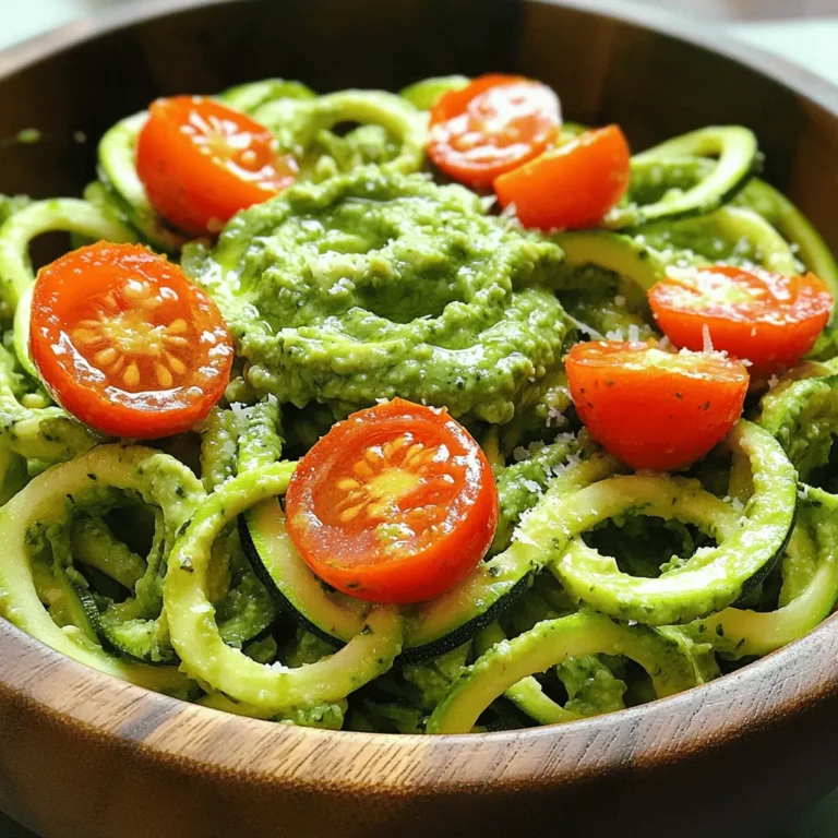 To make Zucchini Noodles with Pesto, gather these fresh and healthy ingredients: - 4 medium zucchinis - 1 ripe avocado - 1 cup fresh basil leaves - 1/4 cup pine nuts, toasted - 2 cloves garlic, minced - 1/4 cup nutritional yeast - 2 tablespoons lemon juice - 1/4 cup olive oil + extra for drizzling - Salt and pepper to taste - Cherry tomatoes, halved - Grated Parmesan or vegan alternative Each ingredient plays a key role in this dish. Zucchini serves as the base, offering a light, crunchy texture. The avocado brings creaminess to the pesto. Fresh basil adds a burst of flavor, while pine nuts provide a nice crunch. Garlic gives it a savory kick. Nutritional yeast adds a cheesy taste without dairy, and lemon juice brightens the overall profile. The olive oil ties it all together, creating a smooth sauce. Salt and pepper enhance the flavors, and cherry tomatoes add a pop of color and sweetness. For the complete cooking process, check the Full Recipe. To start, I use a spiralizer or a vegetable peeler to create the zoodles. If you prefer ribbons, the peeler works great. Once cut, I let them sit in a colander to drain excess moisture. This step is key to avoid sogginess later. Next, I grab my food processor. I add the ripe avocado, fresh basil, toasted pine nuts, minced garlic, nutritional yeast, lemon juice, and olive oil. I blend until smooth and creamy. If the pesto is too thick, I add a splash of water until it reaches the right consistency. Now, I take a large bowl and combine the drained zoodles with the avocado pesto. I toss gently to ensure every noodle gets coated evenly. Careful here! I want to keep the zoodles intact. If you like your zoodles warm, I briefly sauté them. In a non-stick skillet, I cook them over medium heat for about 2-3 minutes. I watch them closely. I want them warm but still slightly crunchy. Finally, I divide the zoodles into serving bowls. I top them with halved cherry tomatoes for a burst of color. A light drizzle of olive oil adds richness. If I want, I sprinkle grated Parmesan or a vegan alternative on top. Enjoy this fresh dish right away for the best taste! To get the best texture for your zoodles, use fresh zucchinis. Look for ones that are firm and shiny. Spiralize them quickly after cutting to keep them crisp. If you want thin noodles, a vegetable peeler works great. To avoid soggy noodles, drain the zoodles in a colander for a few minutes. This helps remove excess water. You can even sprinkle a little salt on them to draw out moisture. Pat them dry before tossing with the pesto. To make your pesto pop, try adding a pinch of red pepper flakes. This gives a nice kick without being too spicy. You can also mix in some fresh parsley or mint for new flavors. When it comes to salt, taste your pesto as you mix. A little salt can balance the flavors perfectly. If it tastes flat, adjust with more salt or a squeeze of lemon juice. For a fun plate, twist your zoodles into nests. This makes them look fancy and fun. Use a large spoon to help shape them. Garnish with colorful cherry tomatoes for a bright contrast. A sprinkle of grated Parmesan or vegan cheese adds nice texture. Drizzle a bit of olive oil on top for a shiny finish. For the Full Recipe, follow the steps carefully to ensure a delightful dish! {{image_2}} You can change the flavor of your pesto by swapping nuts or greens. Instead of pine nuts, try walnuts or cashews. You might also use spinach or arugula instead of basil. Each option brings a new taste to your dish. To make your pesto creamier, add cheese. Grated Parmesan adds a salty bite. If you want a vegan option, use nutritional yeast for a similar flavor. For a heartier meal, add protein to your zucchini noodles. Grilled chicken or shrimp works well. These proteins cook quickly and pair nicely with the fresh flavors. If you prefer plant-based options, try chickpeas or tofu. Both add protein and are easy to mix in. You can serve zucchini noodles in many ways. For a twist, place them over cooked pasta. This adds more texture and flavor. You can also use zoodles as a side dish or salad base. Top with fresh veggies or your favorite dressing. This option makes for a light and healthy meal. For the full recipe, check out the Zesty Zucchini Noodles with Avocado Pesto. To keep your zoodles fresh, store them in an airtight container. Place a paper towel in the container to absorb moisture. This helps prevent sogginess. Use the zoodles within 2-3 days for the best taste. For the pesto, store it in a small jar. Add a thin layer of olive oil on top. This layer keeps the pesto vibrant and prevents browning. Pesto stays fresh for about a week in the fridge. When reheating zoodles, use a gentle method. Try sautéing them in a pan over low heat. This warms them without making them mushy. Heat for about 2-3 minutes, just until warm. Avoid using the microwave if possible, as it can make them watery. Eat leftover zoodles within 2 days for the best flavor and texture. You can freeze pesto for later use. Just pour it into ice cube trays. Once frozen, transfer the cubes to a freezer bag. This way, you can thaw just what you need. Pesto lasts up to 3 months in the freezer. However, I do not recommend freezing zucchini noodles. They lose their texture when thawed. It's best to enjoy zoodles fresh. For the full recipe, check out the link above. Zucchini noodles, or zoodles, are long strands made from zucchinis. You can create them using a spiralizer or a peeler. They serve as a low-carb alternative to pasta. Zoodles are fresh, light, and packed with nutrients. You can enjoy them raw or cooked. They soak up flavors well, making them great with sauces like pesto. Yes, you can make zucchini noodles ahead of time. However, it's best to store them properly. Place the zoodles in a colander to drain moisture. Cover them with a clean cloth or paper towel to absorb any extra water. Keep them in the fridge for up to two days. When you’re ready to eat, toss them with your sauce. To keep zucchini noodles from getting soggy, follow these tips: - Salt the zoodles: Sprinkle salt over them and let them sit for 10-15 minutes. This draws out moisture. - Use a colander: Drain the zoodles in a colander after spiralizing. - Don't overcook: If you sauté zoodles, do it briefly. Just a few minutes will keep them firm. If you don't have pine nuts, you can use other nuts or seeds. Good options include: - Walnuts: They add a rich, earthy taste. - Almonds: They give a slight sweetness. - Pumpkin seeds: They offer a unique flavor and crunch. These substitutes work well in pesto, keeping it tasty and creamy. Absolutely! This zucchini noodles with pesto recipe is great for meal prep. You can make the pesto and zoodles separately. Store the pesto in an airtight container. Keep the zoodles in the fridge. When you're ready to eat, mix them together. This dish stays fresh and delicious for a few days. Check out the Full Recipe for more details! Zucchini noodles, or zoodles, offer a fresh twist on pasta. This blog reviewed key ingredients, step-by-step instructions, and helpful tips. You learned how to create a tasty avocado pesto and how to serve it beautifully. Remember, adjusting flavors and adding proteins can elevate your dish. Storing and reheating zoodles properly keeps them fresh. With these insights, you can enjoy zoodles that are both fun to make and healthy to eat. Embrace your creativity and make this dish your own!