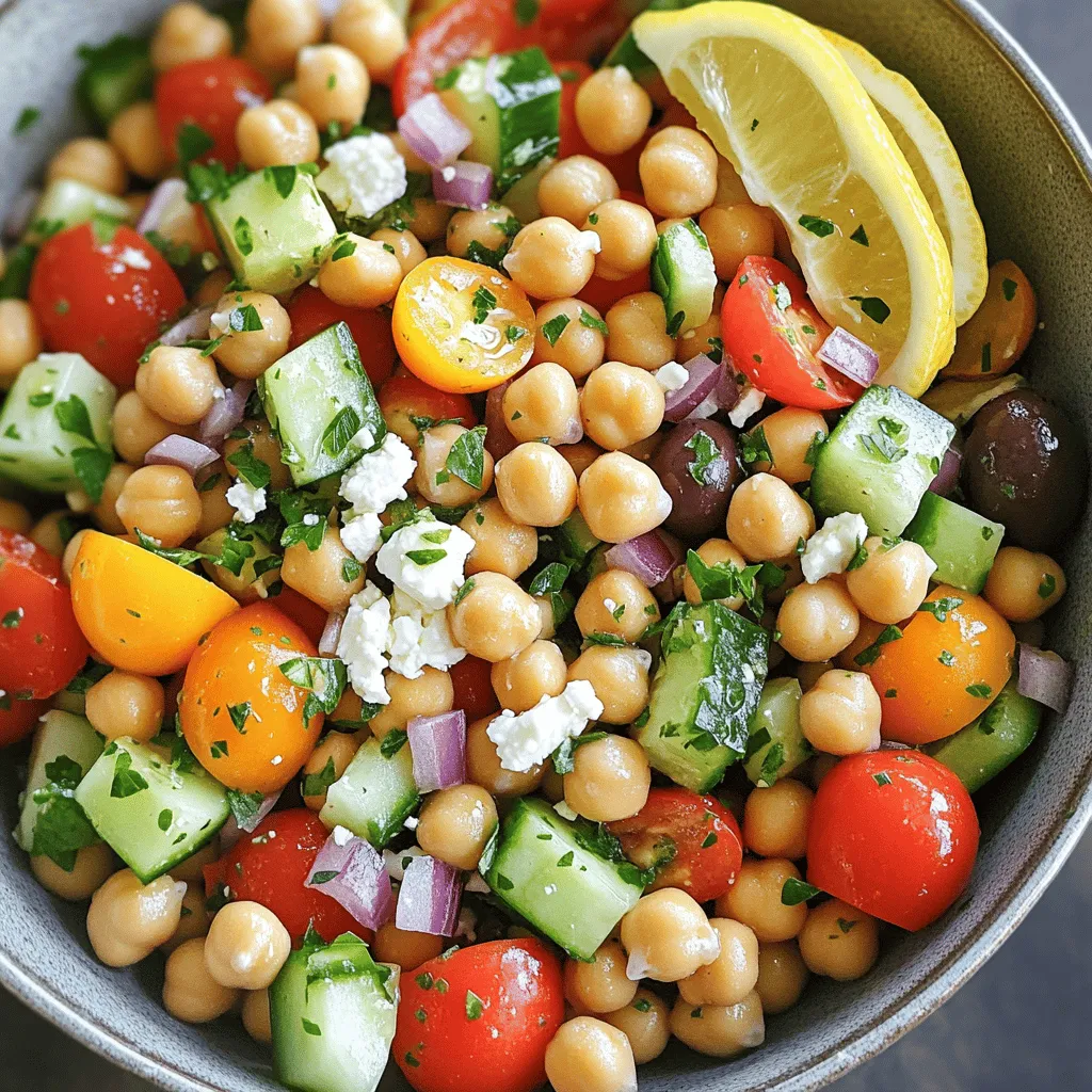 To make a tasty Mediterranean Chickpea Salad, gather these ingredients: - 2 cups canned chickpeas, rinsed and drained - 1 cup cherry tomatoes, halved - 1 cucumber, diced - 1/2 red onion, finely chopped - 1/2 bell pepper (red or yellow), diced - 1/4 cup kalamata olives, pitted and sliced - 1/4 cup feta cheese, crumbled - 1/4 cup fresh parsley, chopped - 3 tablespoons olive oil - 2 tablespoons lemon juice - 1 teaspoon dried oregano - Salt and pepper to taste This salad is a powerhouse of nutrition. Chickpeas give you protein and fiber. Tomatoes and cucumbers add vitamins and hydration. Feta cheese provides calcium, while olives offer healthy fats. The olive oil and lemon juice help with heart health. Each serving is low in calories but high in flavor, making it a perfect meal choice. You can easily swap ingredients if needed. Here are some ideas: - Use canned black beans instead of chickpeas for a different taste. - Swap feta with avocado for a creamier texture. - If you don’t have kalamata olives, use green olives instead. - Fresh herbs like basil and mint can replace parsley for a new flavor. - For a gluten-free option, ensure all packaged items are certified gluten-free. These swaps keep the dish fresh and exciting while meeting different dietary needs. Check out the Full Recipe for more tips! Start by gathering your ingredients. You need chickpeas, tomatoes, cucumber, onion, bell pepper, olives, parsley, and feta. Rinse and drain the chickpeas well. This helps them taste fresh and clean. Next, chop the cherry tomatoes and cucumber into bite-sized pieces. Finely chop the red onion and bell pepper. Slice the olives and crumble the feta cheese. Finally, chop the parsley into small bits for a fresh touch. In a small bowl, combine olive oil, lemon juice, dried oregano, salt, and pepper. Use a whisk to blend these ingredients well. This dressing will bring all the flavors together. The lemon juice adds brightness, while the olive oil gives richness. Make sure you taste the dressing. Adjust the seasoning to your liking. If you want it tangier, add more lemon juice. In a large mixing bowl, add the chickpeas, tomatoes, cucumber, onion, bell pepper, olives, and parsley. Pour the dressing over the salad mixture. Gently toss everything to coat the ingredients evenly. You want every bite to be flavorful. After that, add the crumbled feta cheese. Toss gently again so you don’t break the cheese. Taste the salad and adjust the salt, pepper, or lemon juice if needed. Cover the bowl and refrigerate for at least 30 minutes. This lets the flavors mix and develop. Before serving, give it a final gentle toss. You can find the full recipe in the earlier section. Enjoy your flavorful Mediterranean Chickpea Salad! To boost the flavor of your Mediterranean chickpea salad, use fresh herbs. Fresh parsley is a must, but you can also try mint or basil. These add bright notes that elevate the dish. A squeeze of fresh lemon juice just before serving adds zest. You can also mix in some capers for a salty kick. Always rinse and drain your chickpeas well. This helps remove extra salt and improves texture. Chop your veggies into similar sizes for even bites. Use a sharp knife to make cutting easier. When mixing the salad, toss gently to keep the feta cheese intact. This keeps the salad looking fresh and appealing. Serve this salad chilled for the best taste. It pairs well with grilled meats or can be a meal on its own. Consider adding crusty bread on the side for a complete meal. I like to use a large bowl for serving, and you can garnish with lemon slices for a pop of color. For an exciting twist, add edible flowers on top! For the full recipe, check out the details in the earlier section. {{image_2}} You can easily add protein to your Mediterranean Chickpea Salad. Tuna or chicken work well. For tuna, use canned tuna in olive oil or water. Drain it and mix it into the salad. This adds a nice flavor and texture. If you prefer chicken, use cooked, shredded chicken. This makes the salad more filling. Both options keep it tasty and healthy. If you want a vegan salad, skip the feta cheese. Instead, use avocado for creaminess. You can also add nutritional yeast. This gives a cheesy taste without dairy. Another option is to use a vegan cheese. These options keep the salad rich in flavor. They also maintain the salad's wonderful texture. You can change the salad with seasonal ingredients. In spring, add fresh peas or asparagus for crunch. Summer is perfect for ripe peaches or strawberries for sweetness. In fall, consider roasted pumpkins or sweet potatoes. Winter brings great options like roasted beets or kale. Seasonal ingredients keep the salad fresh and exciting. You can always change it up to enjoy new flavors! For a full recipe, check the Mediterranean Chickpea Salad section. After you enjoy your Mediterranean Chickpea Salad, store any leftovers right away. Place the salad in an airtight container. This keeps it fresh and tasty. The salad will stay good in the fridge for about 3 days. Mix it gently before you eat. This blends the flavors again. If you want to save the salad for later, freezing is an option. However, I do not recommend freezing it. The veggies can get mushy when thawed. If you must freeze it, leave out the fresh veggies and feta cheese. You can add them back when you defrost the salad. For the best storage, use glass or high-quality plastic containers. These types do not absorb odors. Make sure the lid is tight to keep air out. Label your container with the date. This way, you know when to eat it. Enjoy this salad fresh for the best taste! For the full recipe, check out the [Full Recipe]. You can enjoy Mediterranean Chickpea Salad on its own. It works well as a side dish too. Pair it with grilled chicken or fish for a complete meal. You can also serve it with pita bread or warm naan. For a bigger feast, add a simple soup or a grain dish. The flavors blend well with many foods. This salad stays fresh in the fridge for 3 to 5 days. Store it in an airtight container. The flavor improves as it sits. However, the vegetables may soften over time. If you want the best texture, eat it in the first couple of days. Yes, you can make this salad ahead of time. It tastes great after chilling for at least 30 minutes. This lets the flavors mix well. Prepare it a day or two before serving for the best taste. Just remember to add the feta cheese right before serving. This keeps it fresh and intact. For the full recipe, check out the details above. This blog post covered how to make a delicious Mediterranean chickpea salad. We explored the key ingredients and their nutrients. You learned how to prepare, mix, and serve the salad like a pro. I shared tips to boost flavor and offered variations for proteins and seasonal options. You also got storage advice to keep your salad fresh. In conclusion, enjoy making this dish your own. Experiment with flavors and share it with friends.