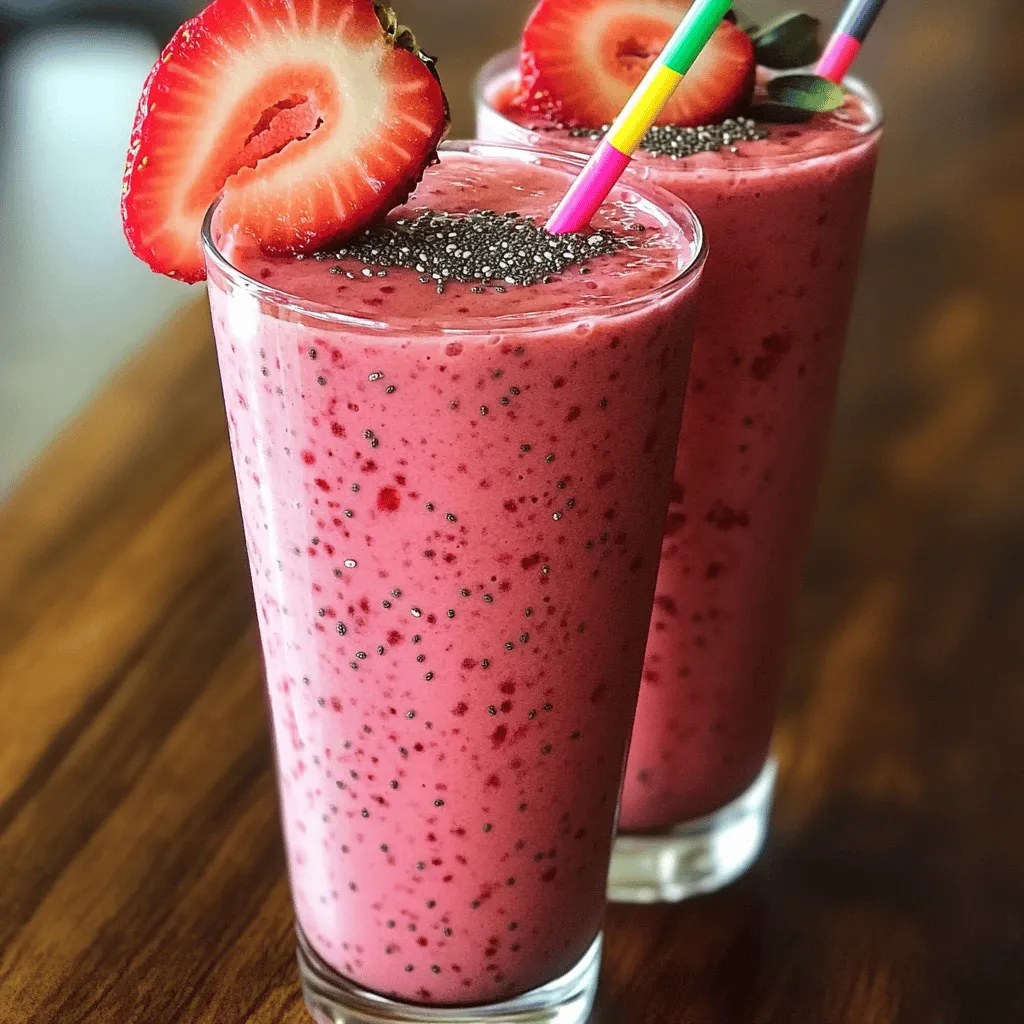 To make a healthy strawberry banana smoothie, gather these simple ingredients. This recipe creates two servings. - 1 ripe banana, frozen - 1 cup fresh strawberries, hulled and halved - 1/2 cup Greek yogurt (plain or vanilla) - 1 cup unsweetened almond milk (or any milk of choice) - 1 tablespoon honey or maple syrup (optional, adjust for sweetness) - 1 tablespoon chia seeds - A pinch of cinnamon (for extra flavor) - Ice cubes (optional, for a thicker smoothie) This mix packs flavor and nutrition. The frozen banana gives it a creamy texture. Fresh strawberries add vibrant color and taste. Greek yogurt boosts the protein content too. Use ripe and fresh produce for the best taste. The banana should be soft and sweet. Frozen bananas work well for creaminess. Fresh strawberries should be bright red and firm. Make sure to wash and hull them before using. Greek yogurt adds protein and creaminess. You can choose plain or vanilla based on your taste. If you prefer non-dairy options, almond milk works great. Other milk types, like oat or soy, may also suit your needs. They all blend well with the fruits. To start, gather your ingredients. You need: - 1 ripe banana, frozen - 1 cup fresh strawberries, hulled and halved - 1/2 cup Greek yogurt - 1 cup unsweetened almond milk - 1 tablespoon honey or maple syrup (optional) - 1 tablespoon chia seeds - A pinch of cinnamon - Ice cubes (optional) First, get your blender ready. Add the frozen banana and fresh strawberries. Next, scoop in the Greek yogurt. Pour the almond milk over the top. If you want it sweeter, now is the time to add honey or maple syrup. Toss in chia seeds and a pinch of cinnamon for flavor. Blend the mixture on high speed for about 30 seconds to 1 minute. Watch for a smooth and creamy texture. If the smoothie is too thick, simply add a bit more almond milk. Blend again until it reaches your desired consistency. If you like a thicker smoothie, add a few ice cubes. Blend again until everything is well mixed. Always taste your smoothie before serving. You can adjust the sweetness at this stage too. For a thinner smoothie, increase the almond milk. Blend and check again. If you want it sweeter, add more honey or maple syrup. Blend for a few seconds to mix. When you are happy with the taste and texture, pour the smoothie into glasses. Enjoy it right away for the best flavor. You can find the full recipe above. To make your smoothie creamy, start with frozen banana. It gives a thick base. Add Greek yogurt for extra creaminess. Blend on high until smooth. If it’s too thick, add a splash of almond milk. For an even thicker drink, toss in ice cubes. Choose ripe bananas for natural sweetness. Fresh, bright strawberries add flavor and color. Greek yogurt packs in protein and probiotics. Use unsweetened almond milk to keep it healthy. Always taste as you blend. Adjust sweetness with honey or maple syrup, if needed. Don’t skip the frozen banana; it’s key for texture. Avoid using too much liquid at first. Adding too many ingredients can make it hard to blend. Make sure to blend long enough for a smooth finish. And remember, enjoy it fresh for the best taste! {{image_2}} You can change up the fruits in your smoothie for new tastes. Try using mango for a tropical vibe. Pineapple adds a sweet and tangy touch. Blueberries or raspberries work well too. Each fruit gives your smoothie a different flavor and color. Mix and match to see what you like best! Superfoods can make your smoothie even healthier. Consider adding spinach for extra vitamins without changing the taste. Kale is another great option. You can also try adding flaxseeds for omega-3 fatty acids. They blend well and boost nutrition. Just a tablespoon can make a big difference! If you want a sweeter smoothie, try different sweeteners. Agave syrup is a good choice. You can use stevia if you want a no-calorie option. Dates are also a natural sweetener that blends nicely. Each sweetener offers a unique flavor that can change your smoothie. Adjust the amount to match your taste! For more tips and ideas, check out the Full Recipe for the Berry Bliss Smoothie. If you have leftover smoothie, store it in an airtight container. Glass jars work great. Keep the jar in the fridge. Use it within 24 hours for the best taste. When you are ready to drink, shake or stir well. The smoothie may separate, but that’s normal. You can freeze your smoothie ingredients to keep them fresh. Slice and freeze bananas. Wash and hull strawberries, then freeze them. Put them in freezer bags. Use these frozen fruits later for quick smoothies. Just blend them straight from the freezer. You can also freeze the smoothie itself. Pour it into ice cube trays. Once frozen, transfer the cubes to a bag. This makes it easy to grab a quick snack! Smoothies taste best when fresh, but they can last. In the fridge, a smoothie stays good for about one day. If you freeze it, the quality lasts up to three months. Keep an eye on color and smell. If it looks or smells off, it’s best to toss it. For the best flavor, drink or use your smoothie soon after making it. Yes, you can use frozen strawberries. They add a nice chill to your drink. Frozen strawberries also save time. Just toss them in the blender with the other ingredients. They blend well and still taste fresh. Strawberries are rich in vitamin C and fiber. They help boost your immune system. Bananas provide potassium and energy. They can help keep you full. Together, they make a tasty and healthy snack. To make this smoothie dairy-free, simply swap out Greek yogurt. Use a dairy-free yogurt made from almond or coconut. You can also skip the yogurt altogether. Just add more almond milk to keep it creamy. This way, you still enjoy a great taste without dairy. For the complete recipe, check the Full Recipe section above. You learned how to make a great smoothie, with tips and tricks to get the best taste. We covered fresh ingredients, blending steps, and smart storage. Remember to pick the right fruits and avoid common mistakes for the best result. Explore variations to keep things exciting. Smoothies can be fun and healthy when you experiment. Keep these ideas in mind to create your own perfect blend. Enjoy your smoothie journey!