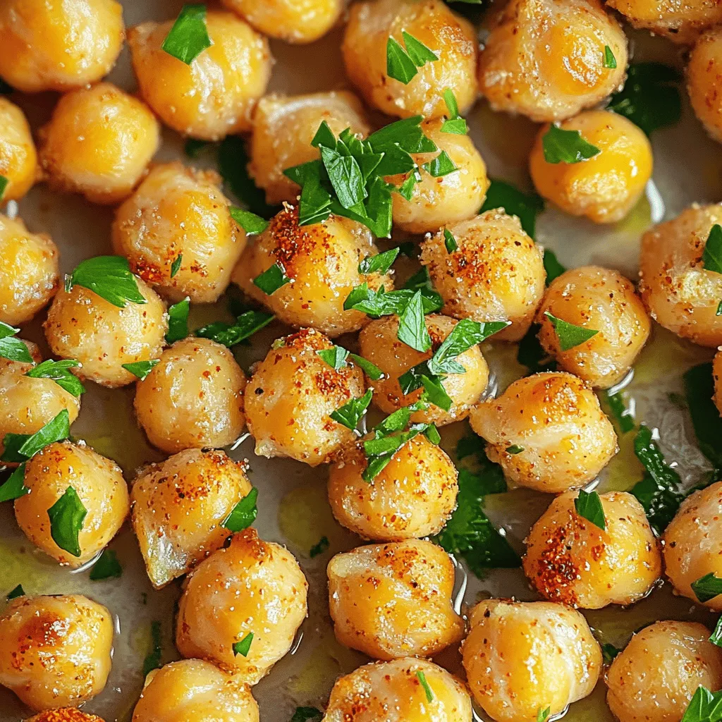 To make spicy garlic roasted chickpeas, you need these key ingredients: - 1 can (15 oz) chickpeas, drained and rinsed - 2 tablespoons olive oil - 4 cloves garlic, minced - 1 teaspoon smoked paprika - 1 teaspoon cumin - 1/2 teaspoon cayenne pepper (adjust to taste) - Salt and pepper to taste - 1 tablespoon lemon juice - Fresh parsley, chopped (for garnish) These ingredients work together to create a crunchy snack with a kick. The chickpeas provide protein and fiber, while the spices add bold flavor. Olive oil helps achieve a crispy texture during roasting. You can use a few optional ingredients to elevate your spicy garlic roasted chickpeas: - 1/2 teaspoon onion powder - 1/2 teaspoon garlic powder - A squeeze of lime juice for extra zest - A sprinkle of Parmesan cheese for a savory touch These extras can add layers of taste and make the snack even more enjoyable. Feel free to mix and match based on your preference. Understanding the nutritional value of each ingredient helps you make informed choices: - Chickpeas: High in protein and fiber, great for digestion. - Olive Oil: Rich in healthy fats, good for heart health. - Garlic: Known for its immune-boosting properties. - Paprika: Contains antioxidants, may improve overall health. - Cumin: Aids in digestion and adds unique flavor. - Cayenne Pepper: Can boost metabolism and adds heat. - Lemon Juice: High in vitamin C, adds brightness. - Parsley: Packed with vitamins A, C, and K, great for health. These ingredients not only create a tasty snack but also contribute valuable nutrients to your diet. For the complete cooking instructions, check the Full Recipe. Start by preheating your oven to 400°F (200°C). This step is key for crispiness. Next, drain and rinse one can of chickpeas. Pat them dry with a kitchen towel. Removing moisture helps them get that perfect crunch. In a large bowl, mix together two tablespoons of olive oil, four minced garlic cloves, one teaspoon of smoked paprika, one teaspoon of cumin, and half a teaspoon of cayenne pepper. Adjust the cayenne to fit your taste. Add salt and pepper to the mix. Stir until everything is combined well. Add the dried chickpeas to the bowl. Toss them gently to coat every chickpea with the tasty spice mix. Make sure all the chickpeas are well covered. Now, line a baking sheet with parchment paper. Spread the chickpeas in a single layer on the sheet. This helps them roast evenly. Place the sheet in the oven. Roast the chickpeas for about 25 to 30 minutes. Halfway through, give the pan a good shake. This ensures that they cook evenly. When they turn golden brown and crispy, they are ready. To get the best crispy texture, it’s vital to dry the chickpeas well before roasting. If they are too wet, they will steam instead of roast. The olive oil also plays a big role. It helps the spices stick and adds a nice flavor. Once you pull the chickpeas from the oven, drizzle one tablespoon of lemon juice immediately. This adds brightness. Finally, sprinkle some fresh parsley on top for color and taste. Let them cool a bit before serving. Enjoy your spicy garlic roasted chickpeas as a snack or topping! For the full recipe, check out the details above. To make perfect roasted chickpeas, start with the right can. Choose high-quality chickpeas for the best flavor. Drain and rinse them well. Use a kitchen towel to pat them dry. This step is key to getting them crispy. The less moisture, the better the crunch. Preheating your oven to 400°F (200°C) ensures a great roast. Keep an eye on them while roasting. They can go from golden to burnt quickly. To tweak the heat, use cayenne pepper wisely. Start with 1/2 teaspoon, then taste. If you want more heat, add more. You can also use chili powder or red pepper flakes. Mix and match spices to find your perfect level. Remember, it’s easier to add than to take away. Balance the spice with the lemon juice for a zesty kick. Serve these chickpeas as a snack or a salad topper. They add crunch to any dish. Pair them with yogurt sauce or hummus for a tasty dip. Sprinkle fresh parsley on top for a pop of color. These roasted chickpeas also work well in wraps or grain bowls. Try them alongside a refreshing salad for a complete meal. Every bite should be flavorful and satisfying. For the complete recipe, check out the Full Recipe section. {{image_2}} You can change the spice mix to suit your taste. Try adding curry powder for warmth. If you want a milder flavor, use less cayenne pepper. A pinch of cinnamon can add a sweet twist. You can also mix in dried herbs like oregano or thyme for an earthy taste. These small changes can make your snack new each time. This recipe is naturally vegan and gluten-free. If you want more protein, add nuts like almonds or cashews. They roast well and add crunch. You can also replace olive oil with coconut oil for a different flavor. Both options keep the recipe safe for all diets. If you don’t have chickpeas, try using canned white beans or lentils. They roast well and taste great too. For garlic, use garlic powder instead, but use less, as it is stronger. If you lack lemon juice, vinegar works as a substitute. Just remember to adjust the amount to balance the flavors. For the full recipe, check the Spicy Garlic Roasted Chickpeas section. To store your leftover spicy garlic roasted chickpeas, let them cool completely. Use an airtight container to keep them fresh. You can place them in the fridge for up to five days. If you want to keep them longer, you can freeze them, but they may lose some crunch. To keep your chickpeas crispy, avoid sealing them while they are still warm. Warmth makes moisture build up, leading to sogginess. You can also add a paper towel inside the container to absorb any extra moisture. This simple trick helps maintain that crunchy texture we all love. To reheat your chickpeas, use the oven for the best results. Preheat your oven to 350°F (175°C). Spread the chickpeas on a baking sheet and heat them for about 10 minutes. This will help restore their crunchiness. You can also use an air fryer for a quicker option. Just heat them for about 5 minutes at 350°F (175°C) and enjoy your tasty snack again! Yes, you can use dried chickpeas! Just soak them overnight. Cook them until tender before roasting. This method takes longer but can add great flavor. These chickpeas go well with salads, soups, and grain bowls. You can also add them to tacos or wraps. They add crunch and spice to any dish. You can keep leftovers in the fridge for up to five days. Store them in an airtight container to keep them fresh. Reheat them in the oven for a crispy bite. Chickpeas are packed with protein and fiber. They help with digestion and keep you full. They also contain vitamins and minerals that support overall health. They are a great snack choice! In this article, we explored how to make spicy garlic roasted chickpeas. You learned the key ingredients, cooking steps, and tips to make them crispy. We also discussed flavor variations and storage tips. Spicy garlic roasted chickpeas are a healthy snack for any time. They are easy to make and fun to share. Now, you have all the tools to enjoy this tasty treat. Get cooking and share your new snack with others!
