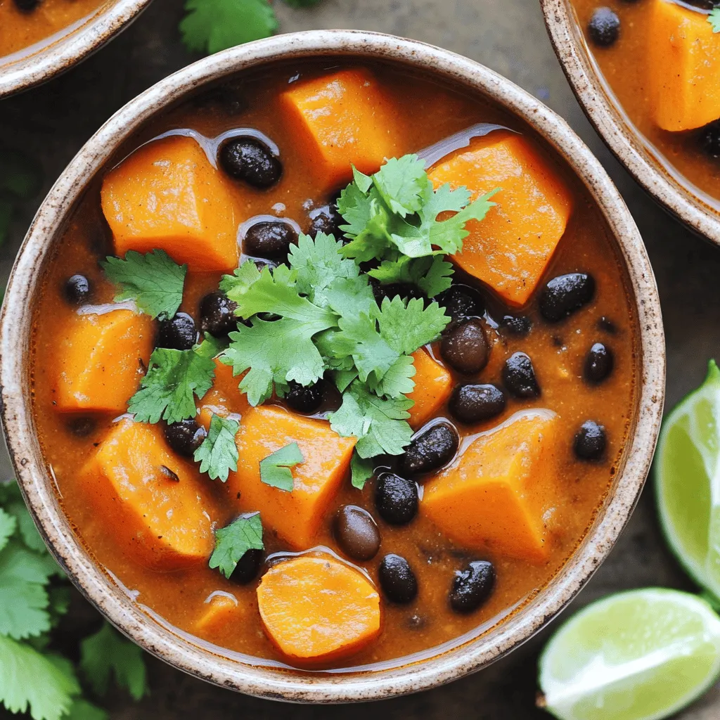 To make Sweet Potato and Black Bean Chili, gather these ingredients: - 2 medium sweet potatoes, peeled and diced - 1 can (15 oz) black beans, drained and rinsed - 1 can (14 oz) diced tomatoes with green chilies - 1 medium onion, chopped - 3 cloves garlic, minced - 1 red bell pepper, chopped - 2 cups vegetable broth - 2 teaspoons ground cumin - 1 teaspoon smoked paprika - 1 teaspoon chili powder - 1 tablespoon olive oil - Salt and pepper to taste - Fresh cilantro for garnish - Lime wedges for serving Each ingredient brings a unique flavor. Sweet potatoes add creaminess, while black beans give protein. The spices like cumin and chili powder make it warm and hearty. If you have allergies, you can swap ingredients. Use quinoa instead of black beans for a gluten-free option. For a soy-free choice, ensure any vegetable broth is safe. I recommend fresh ingredients for the best taste. Fresh garlic and onions pack more flavor than dried ones. Canned tomatoes are fine, but fresh tomatoes add a lovely texture. For the Full Recipe, follow the detailed steps to create this flavorful delight. To make Sweet Potato and Black Bean Chili, follow these simple steps. Each step helps build rich flavors. 1. Heat the Oil: In a large pot, warm 1 tablespoon of olive oil over medium heat. This helps the flavors come alive. 2. Sauté the Onions: Add 1 chopped medium onion. Cook for about 5 minutes, until the onions are soft and clear. This adds a sweet base. 3. Add Garlic and Bell Pepper: Stir in 3 minced cloves of garlic and 1 chopped red bell pepper. Cook for another 2-3 minutes until you smell their lovely aroma. 4. Incorporate Sweet Potatoes: Toss in 2 diced sweet potatoes. Mix them well with the onions and peppers. Cook for 5 minutes, letting them soften a bit. 5. Season the Veggies: Sprinkle in 2 teaspoons of ground cumin, 1 teaspoon of smoked paprika, and 1 teaspoon of chili powder. Stir everything to coat the veggies with spices. 6. Add Tomatoes and Broth: Pour in 1 can of diced tomatoes (with green chilies) and 2 cups of vegetable broth. Bring the mix to a gentle simmer. This is where the magic happens! 7. Mix in Black Beans: Once simmering, add 1 can of black beans (drained and rinsed). Season with salt and pepper. Cover the pot and reduce heat to low. Let it cook for about 25-30 minutes. The sweet potatoes should be tender. 8. Taste and Adjust: After cooking, taste the chili. You can add more chili powder if you like it hot or more salt for flavor. 9. Serve It Up: Remove from heat and ladle the chili into bowls. Garnish with fresh cilantro and a squeeze of lime juice for brightness. - Visual Cues: Look for translucent onions and fragrant garlic. These show you’re on the right track. - Fresh Ingredients: Use fresh sweet potatoes for the best taste. They add sweetness and texture. - Texture Matters: Ensure your sweet potatoes are tender but not mushy. This keeps the chili hearty. Enjoy your Sweet Potato and Black Bean Chili as a warm, filling meal! For complete details, check the Full Recipe. To make your sweet potato and black bean chili even better, follow these tips: - Enhancing Flavor and Texture: - Add a splash of lime juice before serving. It brightens the flavors. - Use fresh herbs like cilantro for garnish. They add color and taste. - Consider roasting the sweet potatoes before adding them to the chili. This gives them a deeper, sweeter flavor. - Suggested Kitchen Tools: - A large pot is key for even cooking. Make sure it has a heavy bottom. - A sharp knife is important for chopping ingredients quickly and safely. - Use measuring spoons for spices to keep flavors balanced. - Common Mistakes to Avoid: - Don’t skip the sautéing step. Cooking onions and garlic first builds a strong base flavor. - Avoid overcooking the chili. It should simmer gently for the best texture. - Taste your chili before serving. Adjust salt and spices as needed. These tips will help you create a delicious meal that everyone will love. For the full recipe, refer to the earlier section. Enjoy cooking! {{image_2}} You can easily adapt this sweet potato and black bean chili to fit your taste. Here are some ideas: - Add Proteins: If you want more protein, try adding cooked quinoa or cubed tofu. Both options blend well and add a nice texture. You can also use ground turkey or chicken for a meatier dish. - Adjust Spice Levels: Not everyone loves heat. You can lower the spice by cutting back on chili powder. If you like it spicy, add more chili powder or even jalapeños. Start with a little, taste, and add more if needed. - Change Flavor Profiles: Feel free to mix in other veggies or herbs. Zucchini, corn, or spinach can add extra nutrients. Fresh herbs like thyme or oregano can brighten the flavors. Just chop them up and toss them in as the chili simmers. These adaptations let you customize the chili to your liking. Enjoy experimenting! For the full recipe, check out the Cozy Sweet Potato & Black Bean Chili section. To keep your sweet potato and black bean chili fresh, follow these steps: - Refrigerating: Let the chili cool down before storing. Use an airtight container. It can stay in the fridge for about 4-5 days. - Freezing: For longer storage, freeze the chili. Use freezer-safe bags or containers. Leave some space for expansion. It can last up to 3 months in the freezer. To reheat your chili: - Microwave: Pour the chili into a microwave-safe bowl. Heat for 2-3 minutes, stirring halfway through. - Stovetop: Place the chili in a pot over low heat. Stir it often until warmed through. Always check for spoilage. Signs include off smells, color changes, or mold. If you see these, it’s best to throw it out. Now, you can enjoy your delicious sweet potato and black bean chili multiple times! For the full recipe, refer back to the beginning of this article. Yes, you can! To make sweet potato and black bean chili in a slow cooker, start by sautéing the onions, garlic, and bell pepper in a pan. Then, add them to the slow cooker with the other ingredients. Cook on low for 6 to 8 hours or on high for 3 to 4 hours. This method allows the flavors to blend beautifully. Serve the chili hot in bowls. Top it with fresh cilantro and a squeeze of lime juice. You can add cornbread or rice on the side for a complete meal. This dish is perfect for cozy nights or gatherings with friends. If you need a substitute for black beans, try using kidney beans or pinto beans. Both options will work well and add a different taste to the chili. You can also use chickpeas for a twist on texture. You can use several toppings for your chili. Sour cream or Greek yogurt adds creaminess. Shredded cheese, diced avocado, or green onions bring extra flavor. Feel free to get creative with your toppings! You can find the full recipe for cozy sweet potato and black bean chili above in the article. It has all the details you need to make this delicious dish! This article covered everything you need to know about making delicious chili. We explored key ingredients, helpful steps, and cooking tips to boost flavor. You learned about common substitutes and storage methods. Don't forget to try fun variations to suit your taste. With these insights, you can create a perfect chili every time. Enjoy the process, and share your version with friends. Cooking should be fun, so feel free to experiment!