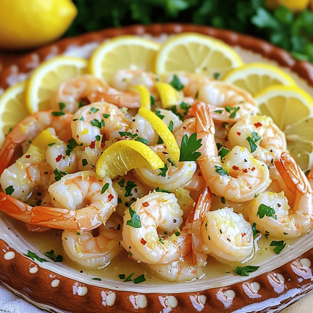 To make Lemon Garlic Butter Shrimp, you need these simple ingredients: - 1 pound large shrimp, peeled and deveined - 4 tablespoons unsalted butter - 4 cloves garlic, minced - Juice and zest of 1 lemon - 1 tablespoon fresh parsley, chopped - 1/2 teaspoon red pepper flakes (optional, for spiciness) - Salt and pepper to taste - Lemon slices, for garnish These ingredients come together to create a tasty and bright dish. You can use fresh or frozen shrimp. Fresh shrimp tastes great but is not always available. Frozen shrimp is easy to find and can be just as good. When using frozen shrimp, thaw it in the fridge overnight or under cold water. This keeps it safe and tasty. Both types work well in this recipe. Want to mix it up? You can add ingredients for more flavor. Here are some ideas: - Fresh herbs like basil or cilantro - Vegetables like spinach or bell peppers - Different spices like paprika or cayenne for extra heat These options let you customize the dish to your taste. You can check the Full Recipe for more ideas on making this dish unique. Start by getting your shrimp ready. Use a paper towel to pat the shrimp dry. This step is key. It helps to get a nice sear later. If the shrimp is wet, it will steam instead of sear. Next, season the shrimp with salt and pepper. You can also add red pepper flakes if you like some heat. Now, let’s cook! Grab a large skillet and place it on medium heat. Add the butter and let it melt. Once the butter is melted, toss in the minced garlic. Sauté for about one minute until it smells great. Be careful not to burn the garlic; it can turn bitter very fast. Once you smell that garlic goodness, raise the heat to medium-high. Add the shrimp to the skillet. Cook the shrimp for 2-3 minutes on each side. Keep an eye on them; they should turn pink and opaque. When they are almost done, pour in the lemon juice and zest. Stir the shrimp around so they get coated in the sauce. To get that perfect sear, do not overcrowd the skillet. If you have too many shrimp at once, they won’t sear well. Cook in batches if needed. The high heat is important. It helps develop a nice crust on the shrimp. Also, let the shrimp sit for a moment in the hot skillet. This gives them a chance to sear. Once you see the pink color, flip them gently to avoid breaking. This method gives you that lovely taste and texture. For a fresh finish, stir in the parsley at the end. Check out the Full Recipe for all the steps and details. Enjoy your cooking! When making Lemon Garlic Butter Shrimp, avoid these common mistakes: - Not drying the shrimp: Always pat the shrimp dry before cooking. Wet shrimp will steam instead of sear. - Burning the garlic: Cook garlic on medium heat. Burnt garlic tastes bitter and ruins the dish. - Overcooking the shrimp: Shrimp cooks fast. Cook only until pink and opaque. This keeps them tender. To boost the flavor, try these spices: - Cumin: A pinch adds warmth. - Paprika: Gives a nice smoky taste. - Basil: Adds a fresh herbal note. - Lemon zest: Extra zest brightens the dish. Mix and match to find your favorite blend. Serve your Lemon Garlic Butter Shrimp in these ways: - With rice: White or brown rice soaks up the sauce well. - On pasta: Toss the shrimp with spaghetti for a hearty meal. - With crusty bread: Use bread to dip into the flavorful butter sauce. - On a salad: Top mixed greens for a light option. For the full recipe, check the details above. Enjoy your cooking! {{image_2}} You can make this dish even more filling by adding pasta. I love using spaghetti or linguine. Cook your pasta according to the package. While the pasta cooks, prepare the shrimp as usual. When the shrimp is ready, toss it with the drained pasta. The lemon garlic butter will coat the pasta well. This creates a delicious and quick meal. You can even add some pasta water for creaminess. Veggies bring color and nutrients to your plate. Try adding bell peppers, zucchini, or spinach. Sauté the vegetables in the skillet before the shrimp. Cook them until they are tender. Then add the shrimp and follow the recipe. This way, you get a balanced meal and extra flavor. The veggies soak up the lemon garlic butter too! Want to switch things up? Use different herbs and spices. Basil or dill can replace parsley. These herbs add a fresh twist. For a spicy kick, use cayenne pepper instead of red pepper flakes. You can even add Italian seasoning for a new taste. Experimenting makes cooking fun and personal. Your Lemon Garlic Butter Shrimp can be new each time! For the full recipe, check out the details above. To store leftover shrimp, place it in an airtight container. Make sure the shrimp cool down first. Cover the shrimp tightly to keep air out. You can store it in the fridge for up to two days. If you want to keep it longer, consider freezing. When reheating shrimp, use low heat to avoid overcooking. You can use a skillet or microwave. If using a skillet, add a bit of butter or oil. Heat for a few minutes until warmed through. If using the microwave, place the shrimp on a plate and cover. Heat in short bursts, checking often. When freezing shrimp, place it in a freezer-safe bag. Remove as much air as possible before sealing. Label the bag with the date. You can freeze shrimp for up to three months. To thaw, move it to the fridge overnight. For quick thawing, place the bag in cold water for about 30 minutes. This keeps the shrimp tasty and safe. For more details, check the Full Recipe. Cooking shrimp is quick and easy. It takes about 5 to 6 minutes. You want to cook shrimp until they turn pink and opaque. If you cook them too long, they can become tough. Keep an eye on them. Yes, you can use frozen shrimp. Just make sure to thaw them first. Place the shrimp in cold water for about 10-15 minutes. This helps them thaw evenly. After thawing, pat them dry just like fresh shrimp. This will help you get a good sear. Lemon garlic butter shrimp pairs well with many sides. Here are a few options: - Rice: White or brown rice soaks up the sauce well. - Pasta: Toss the shrimp with your favorite pasta for a filling meal. - Vegetables: Steamed or roasted veggies add color and nutrition. - Salad: A light salad can balance the richness of the shrimp. You can find the full recipe to get started on this tasty dish! In this post, we covered key ingredients for shrimp, including fresh and frozen options. We walked through steps to prepare and cook shrimp for a perfect sear. I shared tips to avoid common mistakes and enhance flavors. We explored fun variations, like pasta and veggies, plus best storage methods. Remember, the right approach makes all the difference. Use these tips to create tasty shrimp dishes you'll love to share. Enjoy your cooking adventures!