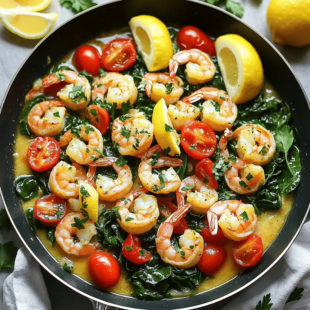 - 1 pound large shrimp, peeled and deveined - 3 tablespoons olive oil - 4 cloves garlic, minced - Zest and juice of 1 large lemon - 1 teaspoon red chili flakes - 1 teaspoon smoked paprika - 2 cups baby spinach - 1 cup cherry tomatoes, halved - Fresh parsley, chopped (for garnish) - Lemon wedges (for serving) When making One-Pan Lemon Garlic Shrimp, use fresh shrimp for the best taste. The garlic adds a strong aroma. Olive oil brings richness to the dish. Lemon adds brightness and balance. The red chili flakes provide a slight bite. Smoked paprika gives a warm depth. For veggies, the baby spinach wilts nicely. The cherry tomatoes burst with flavor. Fresh parsley adds a pop of color. Lemon wedges give you a zesty kick as you serve. Each ingredient plays a key role in the meal. Gather these items before you start cooking. You can find the full recipe [here](#). First, get your shrimp ready. If they are not already peeled and deveined, do that first. Next, pat the shrimp dry with paper towels. This step helps remove excess moisture. Dry shrimp will cook better and absorb more flavor. Now it’s time to heat the pan. In a large skillet, pour in the olive oil and set the heat to medium. Once the oil is warm, add the minced garlic. Sauté it for about 30 seconds. You want it to smell good but not burn. Next, add the shrimp to the skillet. Spread them out in a single layer. Sprinkle salt, pepper, smoked paprika, and red chili flakes on top. Cook the shrimp for 2 to 3 minutes until they start to turn pink. Then flip them over and cook for another 2 minutes. After the shrimp are almost done, pour in the lemon juice and add the lemon zest. Stir everything together. Toss the shrimp around for about a minute until they are fully cooked and coated in that tasty lemon garlic mixture. Now, we’ll add some color and nutrition. Toss in the baby spinach and halved cherry tomatoes. Cook for another 2 to 3 minutes. Stir occasionally until the spinach wilts and the tomatoes soften. Finally, take the pan off the heat. Taste the dish and adjust the seasoning if needed. Garnish with chopped parsley and serve with lemon wedges on the side. This adds a fresh burst of flavor. For the full recipe, check the details above. Enjoy your one-pan meal! When choosing shrimp, freshness matters a lot. You can pick between fresh and frozen shrimp. Fresh shrimp should smell like the ocean, not fishy. Look for firm, translucent flesh. If you go for frozen shrimp, choose ones that are flash-frozen. This keeps them fresh longer. Thaw frozen shrimp in the fridge overnight or under cold water. You can easily change the spice levels to fit your taste. If you like heat, add more red chili flakes. For a milder flavor, use less. Don't be shy to taste as you cook. This helps you find the right balance for your dish. You can also add other spices, like black pepper or lemon zest, for an extra kick. To keep shrimp tender, avoid overcooking them. Shrimp cook quickly, usually in just a few minutes. As soon as they turn pink and opaque, they’re done. If you cook them too long, they can become tough. Remember to remove them from heat right when they’re ready. This ensures a juicy, flavorful bite. {{image_2}} You can easily switch out shrimp for chicken or tofu. If using chicken, cut it into bite-sized pieces. Cook the chicken in the pan until it turns golden brown. This usually takes about 5-7 minutes. Then, follow the same steps for adding garlic, lemon, and veggies. For tofu, use firm or extra-firm types. Cut it into cubes and sauté until crispy on the outside. This will give you a nice texture and flavor. If you have dietary restrictions, you can make easy swaps. For a gluten-free option, check your spices and oils. Most are safe, but always read the labels. If you need dairy-free, skip the butter if used in other variations. You can also replace spinach with kale or Swiss chard. Both add great flavor and nutrients. Want to boost the taste? Add fresh herbs like basil or cilantro for a fresh kick. You can also toss in some capers for a briny flavor. If you like heat, try adding more chili flakes or a splash of hot sauce. Try lemon zest in the end for extra brightness. These simple changes can take your dish to a new level. Check out the Full Recipe for more tips and detailed steps. To keep your One-Pan Lemon Garlic Shrimp fresh, use airtight containers. Glass containers work well. They help keep the shrimp tasty and safe. Store the leftovers in the fridge for up to three days. Make sure to cool the dish to room temperature before sealing. When it's time to enjoy your leftovers, reheat them gently. Use a skillet over low heat. Add a splash of olive oil or a bit of water to avoid drying out the shrimp. Stir occasionally for even heating. This way, the shrimp keeps its nice texture and flavor. If you want to save some shrimp for later, freezing is a good option. Place the shrimp in a freezer-safe bag. Remove as much air as possible to prevent freezer burn. You can freeze it for up to three months. When ready to eat, thaw in the fridge overnight before reheating. It takes about 4-6 minutes to cook large shrimp. Cook them for 2-3 minutes on one side. Then flip and cook for another 2 minutes. You want them pink and firm. Yes, you can prep the shrimp and veggies ahead. Store them in the fridge for up to 24 hours. When ready to cook, follow the steps in the recipe. This dish tastes best when served fresh. You can serve this dish with various sides. Here are some great options: - Steamed rice or quinoa - Garlic bread - Mixed green salad - Roasted vegetables - Pasta with olive oil and herbs These sides will complement the flavors in the shrimp beautifully. Enjoy exploring your options! This blog post covered a simple yet tasty One-Pan Lemon Garlic Shrimp recipe. We explored the key ingredients, from fresh shrimp to vibrant veggies. I shared step-by-step instructions, tips for cooking perfectly, and ways to customize the dish. In final thoughts, this recipe is quick and adaptable for any meal. Enjoy every bite, and feel free to experiment to make it your own.