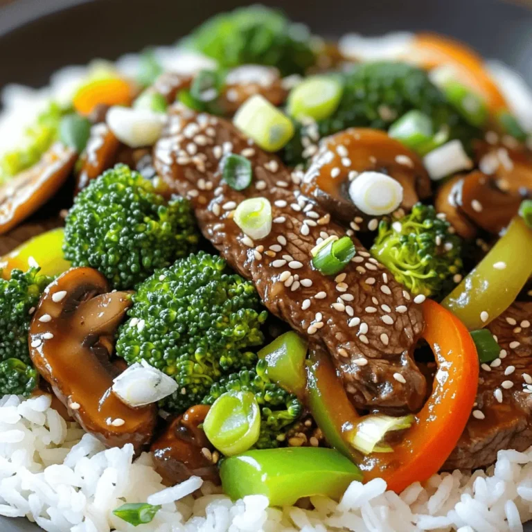 - 1 lb (450g) flank steak, thinly sliced against the grain - 8 oz (225g) shiitake mushrooms, sliced - 1 bell pepper (red or green), sliced - 1 cup broccoli florets - 4 green onions, chopped (white and green parts separated) - 4 cloves garlic, minced - 2 tablespoons ginger, minced - 3 tablespoons soy sauce - 1 tablespoon oyster sauce - 1 tablespoon sesame oil - 2 tablespoons vegetable oil - 1 tablespoon cornstarch - 1/4 cup beef broth - 1 teaspoon sugar - Sesame seeds for garnish - Salt and pepper to taste - Vegetable oil - Garlic and ginger for seasoning - Beef broth and sugar - Sesame seeds - Fresh herbs or additional green onions When I cook Asian beef with mushrooms, I always gather my ingredients first. This makes cooking easier. I start with flank steak. Slicing it against the grain makes it tender. Shiitake mushrooms add a great flavor. I also like to add a bell pepper and broccoli. These give the dish color and crunch. For the marinade, I mix soy sauce, oyster sauce, sesame oil, and cornstarch. This combination gives the beef a lovely taste and helps it stay juicy. Don't forget the cooking essentials! I use vegetable oil for stir-frying. Garlic and ginger add a warm spice. Beef broth adds depth, and sugar balances the flavors. Finally, garnishing is key! I love to sprinkle sesame seeds on top. Fresh green onions or herbs make it look great too. This dish is not just tasty; it looks beautiful as well! For the full recipe, check the section above. To start, you need to prepare the marinade. This will help the beef become tender and flavorful. In a medium bowl, mix together: - 3 tablespoons soy sauce - 1 tablespoon oyster sauce - 1 tablespoon sesame oil - 1 tablespoon cornstarch - A pinch of salt and pepper The cornstarch helps to lock in moisture. Combine these ingredients well. Add 1 lb of thinly sliced flank steak. Make sure all the beef is covered by the marinade. Let the beef marinate for at least 20 minutes. This gives the flavors time to soak in. For the best results, use medium-high heat when cooking the beef. Heat 1 tablespoon of vegetable oil in a large skillet. Once the oil is hot, add the marinated beef in a single layer. Cook for about 2-3 minutes. You want it browned and cooked through. Be careful not to overcrowd the pan. This helps the beef brown evenly. After cooking, remove the beef and set it aside. Now, it’s time to stir-fry the vegetables. In the same skillet, add another tablespoon of vegetable oil. Start with 4 cloves of minced garlic and 2 tablespoons of minced ginger. Sauté for about 30 seconds until fragrant. Then, add: - 8 oz sliced shiitake mushrooms - 1 sliced bell pepper - 1 cup broccoli florets Stir-fry these veggies for 5-7 minutes. You want them tender but still crisp. This keeps the dish fresh and colorful. After that, return the beef to the skillet, along with 1/4 cup of beef broth and the white parts of 4 chopped green onions. Stir everything well and let it cook for another 2-3 minutes. This allows the sauce to thicken slightly. You can find the full recipe for more detailed steps. Seasoning brings life to your dish. Use soy sauce and oyster sauce generously. Marinate your beef for at least 20 minutes. This helps make the meat tender and flavorful. Let it rest after cooking too. Resting allows juices to settle, making each bite juicier. A large skillet or wok works best for stir-frying. These tools help heat circulate evenly. Always heat your pan before adding oil. This helps sear the beef quickly. Cook on medium-high heat for best results. Stir constantly to avoid burning and ensure even cooking. To serve, place the stir-fry over jasmine rice or noodles. This adds a nice base. Use a large bowl for a family-style meal. Garnish with sesame seeds and extra green onions. A sprig of fresh herbs can add color and freshness. Bright colors make the dish more appealing. {{image_2}} You can easily swap the flank steak for other proteins. Chicken or tofu work great. They both absorb the flavor well. For veggies, try snap peas or carrots. They add crunch and color. Use what you have on hand. This makes the dish flexible and fun. To boost flavor, consider adding sauces or spices. Teriyaki sauce gives a sweet touch. A splash of fish sauce adds depth. If you like heat, add chili pastes or fresh peppers. Slicing jalapeños or adding sriracha can spice things up. Customize it to your taste. For gluten-free options, use tamari instead of soy sauce. This keeps the taste without gluten. If you want low-carb, skip the sugar and serve with cauliflower rice. This version remains tasty and satisfying. You can enjoy Asian beef with mushrooms while meeting your dietary needs. To store leftovers, let the dish cool first. Place it in an airtight container. This keeps the beef and mushrooms fresh. Use glass or plastic containers with tight lids for best results. Store it in the fridge. You can keep it for up to three days. Want to freeze the dish? First, let it cool completely. Then, use freezer-safe containers. You can also use freezer bags. Make sure to remove as much air as possible before sealing. This keeps it fresh for up to three months. When ready to eat, move it to the fridge overnight to thaw. When reheating, use a skillet or microwave. For the skillet, heat it on medium. Add a splash of broth to keep it moist. Stir until it’s hot. This usually takes about 5-7 minutes. If using the microwave, heat in short bursts. Stir in between to avoid hot spots. Aim for an internal temperature of 165°F (74°C) for safe eating. You can swap the beef for tofu or tempeh. Both options work well in stir-fries. Use firm tofu for the best texture. Cut it into small cubes and press to remove excess water. Marinate it like you do with the beef. You can also use seitan, which has a meat-like texture. Try adding extra vegetables like zucchini or snap peas for more flavor. Yes, you can prep this dish ahead of time. Marinate the beef or tofu a day early. Store it in the fridge for better flavor. You can also chop the veggies in advance. Keep them in an airtight container. Just stir-fry everything on the day you want to serve it. This method saves time and keeps your meal fresh. This dish pairs well with rice or noodles. Jasmine rice is a great choice. You can also use brown rice for a healthier option. If you prefer noodles, try egg noodles or rice noodles. Serve some steamed broccoli or a side salad for a balanced meal. You can add pickled vegetables for a crunchy side. Enjoy the mix of flavors and textures! In this post, we discussed how to create a delicious Asian beef with mushrooms. You learned about essential ingredients, cooking techniques, and tips for flavor. I provided garnishing ideas and variations to suit your taste. Remember, marinating beef enhances flavor, and proper cooking preserves texture. You can easily adjust this recipe for different diets or preferences. Enjoy making this meal, and feel free to share your results! Explore and customize your dish, and have fun in the kitchen!