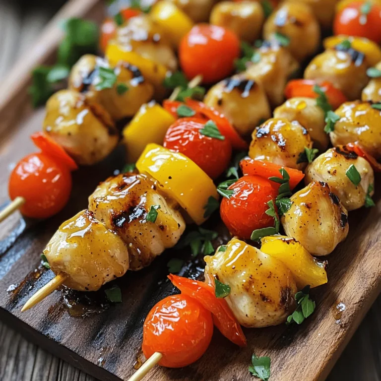 - 1 lb (450g) boneless, skinless chicken breasts - 1/4 cup honey - 1/4 cup Dijon mustard - 2 tablespoons soy sauce (low sodium) - 1 tablespoon olive oil The main ingredients create a strong base for your skewers. The chicken gives protein and a juicy texture. Honey adds sweetness, while Dijon mustard brings a tangy flavor. Soy sauce offers depth, and olive oil keeps everything moist. - 1 cup cherry tomatoes - 1 bell pepper (any color), cut into 1-inch pieces - Fresh parsley for garnish These optional ingredients add color and flavor. Cherry tomatoes burst with sweetness, while bell peppers add crunch. Fresh parsley makes a great garnish and brightens the dish. - 1 teaspoon garlic powder - 1 teaspoon onion powder - 1/2 teaspoon smoked paprika - Salt and pepper to taste Seasonings are key for flavor. Garlic powder and onion powder give depth. Smoked paprika adds a hint of smokiness. Salt and pepper enhance all the flavors in the dish. For the Full Recipe, gather these ingredients and get ready to grill! First, grab a medium bowl. Combine these ingredients: - 1/4 cup honey - 1/4 cup Dijon mustard - 2 tablespoons soy sauce - 1 tablespoon olive oil Next, add the seasonings: - 1 teaspoon garlic powder - 1 teaspoon onion powder - 1/2 teaspoon smoked paprika - Salt and pepper to taste Whisk everything together until it blends well. This marinade packs a punch and will flavor your chicken perfectly. Now, take your chicken. Use 1 lb of boneless, skinless chicken breasts and cut them into 1-inch cubes. Place the chicken in a large resealable bag or a glass dish. Pour the marinade over the chicken. Make sure every piece is coated. Seal the bag or cover the dish. Refrigerate this mix for at least 1 hour. For the best flavor, marinate overnight. When you’re ready to grill, preheat your grill or grill pan over medium-high heat. If using wooden skewers, soak them in water for at least 30 minutes. This helps keep them from burning. Now, thread the marinated chicken cubes onto the skewers. You can add cherry tomatoes and bell pepper pieces if you want extra color and flavor. Place the skewers on the grill. Cook for about 10-12 minutes. Turn them occasionally until the chicken is fully cooked. The internal temperature should reach 165°F. Once cooked, remove the skewers from the grill. Let them rest for a couple of minutes. Serve hot, garnished with fresh parsley. You can also serve with any leftover sauce for dipping. For the full recipe, check out the complete details above! Marinating the chicken is key for great flavor. I suggest marinating overnight. This gives the flavors time to soak in. If you're short on time, at least marinate for one hour. You can mix up your marinade too. Try adding lemon juice for a tangy kick. Or, use maple syrup instead of honey for a different taste. For grilling, aim for medium-high heat. This helps the chicken cook evenly. Make sure not to overcrowd the grill. Leave space between each skewer. This allows hot air to circulate. To keep chicken moist, don’t overcook it. Cook until it reaches 165°F (75°C). Use a meat thermometer for accuracy. When serving, arrange the skewers on a large platter. Drizzle them with extra honey mustard sauce. Garnish with fresh parsley for a pop of color. Pair these skewers with a fresh salad or grilled veggies. This adds color and flavor to your meal. You can also serve with rice or quinoa for a hearty side. {{image_2}} You can easily swap chicken for other proteins. Turkey works great for a leaner option. Simply follow the same marinating steps. Tofu is a fantastic choice for a plant-based meal. Use firm tofu and press it to remove excess moisture. Cut it into cubes and marinate it just like the chicken. This method brings out the sweet and tangy flavors of the marinade. Get creative with the marinade. You can explore spicy flavors by adding sriracha or chili powder. For a citrus twist, mix in lime or orange juice. These changes give the skewers a whole new taste. Experimenting with flavors makes each grilling experience unique. Don't be afraid to adjust the sweetness or heat to match your taste. Vegetarian skewers are fun and colorful! Use a mix of bell peppers, zucchini, and mushrooms. You can also add grains like quinoa or couscous. Thread the veggies onto the skewers, alternating colors for a vibrant look. Brush them with olive oil and season with your favorite spices. Grilling brings out their natural sweetness, making them a hit at any gathering. For a filling meal, serve the skewers with a side of rice or a fresh salad. For the full recipe, check out the details above. Store leftovers in an airtight container. This keeps them fresh and safe. You can enjoy them for up to three days. After that, the quality may decline. Always check for any off smells or changes in color before eating. If you want to freeze pre-marinated chicken, place it in a freezer bag. Remove as much air as possible. This helps prevent freezer burn. You can freeze it for up to three months. When ready to use, thaw the chicken overnight in the fridge. To reheat, grill or pan-sear until the chicken reaches 165°F (75°C). Get creative with your leftovers! You can shred the chicken for salads or wraps. Another fun idea is to mix it with rice for a quick stir-fry. You can also make a tasty quesadilla. Just add cheese and some veggies, and grill until crispy. Marinating the chicken helps it soak up all the flavors. I recommend marinating for at least one hour. For the best taste, let it sit overnight. This gives the honey and mustard time to work their magic. The longer you marinate, the more flavorful the chicken will be. Just remember, don’t go over 24 hours, as the chicken can become mushy. You should soak wooden skewers before using them. Soaking prevents them from burning on the grill. It helps them stay strong while cooking. If you forget to soak, you risk having them catch fire. Just 30 minutes in water will do the trick. It’s a simple step that makes a big difference in your grilling. You can serve many delicious sides with honey mustard chicken skewers. Here are some ideas: - Grilled vegetables: Bell peppers, zucchini, and onions are great choices. - Fresh salad: A light green salad with a tangy dressing pairs well. - Rice or quinoa: These grains soak up the extra sauce nicely. - Dips: Offer extra honey mustard sauce or a yogurt dip for added flavor. These sides add color and balance to your meal, making it even more enjoyable. Check the Full Recipe for more ideas on how to serve your skewers! This blog post shared a simple recipe for honey mustard chicken skewers. You learned about the main and optional ingredients, seasonings, and the step-by-step grilling process. Remember to marinate overnight for the best taste and explore different flavors. Grilling can be fun and delicious with these tips. You can try this recipe with other proteins or create vegetarian skewers. Enjoy your tasty skewers, share them with friends, and feel confident in your cooking skills!