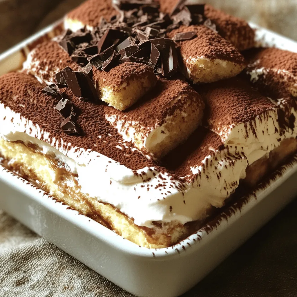 - Strong brewed coffee - Unsweetened cocoa powder - Mascarpone cheese - Heavy cream - Powdered sugar - Vanilla extract - Ladyfinger cookies - Dark chocolate shavings To create a no-bake tiramisu that impresses, you need high-quality ingredients. First, use strong brewed coffee to give it that classic flavor. Make sure it cools before you use it. Next, unsweetened cocoa powder adds that rich chocolate taste without added sugar. Mascarpone cheese is key for creaminess. It gives the dessert a smooth texture. Heavy cream is the secret to fluffy layers. When beaten correctly, it helps create a light dessert. Powdered sugar sweetens the cream. Add vanilla extract for an extra layer of flavor. You’ll need ladyfinger cookies, which soak up the coffee nicely. They form the base of each layer. Finally, dark chocolate shavings make for a beautiful finish. They add a nice crunch and a pop of flavor. Gather these ingredients to make a delightful no-bake tiramisu. For the complete list and more details, check out the Full Recipe. First, brew a strong cup of coffee. Let it cool down completely. This step is key for flavor. In a shallow dish, pour the cooled coffee. Add 1 tablespoon of cocoa powder to the coffee. Mix it well. Set this mixture aside for later. Next, take a large mixing bowl. Pour in 1 cup of heavy cream. Beat the cream with an electric mixer on high speed. Watch for soft peaks to form. Once you see them, add the powdered sugar and vanilla extract. Keep beating until you see stiff peaks. This will make your cream light and airy. Now, grab another bowl. Add the softened mascarpone cheese. Take your whipped cream and gently fold it into the mascarpone. Use a spatula for this step. Fold until you see a smooth and creamy mix. Be gentle to keep the mixture fluffy. Time to assemble! Quickly dip each ladyfinger into the coffee mixture. Do it one at a time, soaking for just a second. They should not be too soggy. In a 9x9 inch baking dish, place a layer of dipped ladyfingers. Then, add half of the mascarpone cream mixture on top. Repeat this with another layer of ladyfingers and the rest of the cream on top. Use a spatula to smooth the top of your tiramisu. Sprinkle the remaining cocoa powder over the surface. You can also add dark chocolate shavings to make it look fancy. Cover the dish with plastic wrap. Place it in the fridge for at least 4 hours, or overnight if you can wait. This chilling time helps the flavors blend. Enjoy making your no-bake tiramisu! For the full recipe, check above. To make your no-bake tiramisu just right, gentle folding is key. When mixing mascarpone cheese with whipped cream, take your time. This keeps air in the cream and helps maintain a light texture. Monitor your cream peaks closely. Soft peaks should hold their shape but still have a slight droop. Stiff peaks stand straight up and are perfect for mixing. Store leftover tiramisu in the fridge. Use an airtight container to keep it fresh. This will help maintain its creamy texture and flavor. You can keep it for up to three days. If you want to enjoy it later, consider freezing it in portions. Just remember to let it thaw in the fridge before serving to keep the taste fresh. One big mistake is over-soaking ladyfingers. Dip them quickly in coffee, just a second or two. If they soak too long, they become too soggy. Another mistake is not refrigerating long enough. Tiramisu needs at least four hours to set. For the best results, let it chill overnight. This helps flavors blend and the dessert firm up nicely. {{image_2}} You can easily change up the flavor of your tiramisu. Adding a flavored liqueur, like Amaretto, gives it a nice twist. Just mix in a little of your chosen liqueur with the coffee for a new taste. You can also play with the type of chocolate you use. Dark chocolate adds richness, while milk chocolate offers a sweeter touch. Experimenting with flavors can make your dessert even more special. Make your tiramisu stand out with unique presentations. Instead of a large dish, consider serving it in individual cups. This makes it easy for guests to enjoy. You can also layer the tiramisu in clear glasses. This way, the beautiful layers show off the creamy and coffee-soaked textures. It adds an elegant touch to your gathering. No worries if you want a dairy-free or vegan version! You can substitute mascarpone cheese with cashew cream or coconut cream. Both options provide a creamy texture without dairy. For the whipped cream, use coconut whipping cream or a dairy-free alternative. These swaps keep the delicious flavors while meeting dietary needs. To store your no-bake tiramisu in the fridge, cover it tightly with plastic wrap or foil. This keeps it fresh and prevents it from absorbing other odors. You can keep it in the fridge for up to four days before it starts to go bad. After that, the texture may change, and the flavors can fade. Yes, you can freeze no-bake tiramisu! To freeze it, cut it into portions and wrap each piece in plastic wrap. Place them in an airtight container. This keeps them safe from freezer burn. When you want to enjoy it, take a piece out and let it thaw in the fridge for a few hours. Avoid thawing at room temperature to maintain the best texture. If you have leftover tiramisu, get creative! You can crumble it into a parfait with yogurt and fruit. Another idea is to use it as a filling for cupcakes. You could even blend it into milkshakes for a fun twist. These ideas help avoid waste and let you enjoy the flavors in new ways. Tiramisu lasts about 3 to 4 days in the fridge. For the best taste, enjoy it fresh. After that, it may lose its creamy texture and flavor. Yes! Making tiramisu a day before helps the flavors mix well. The dessert becomes even more delicious as it chills overnight. You can save time and impress guests with this plan. Tiramisu comes from Italy, and it means "pick me up." The dessert became popular in the 1960s. Its layers of coffee-soaked ladyfingers and creamy mascarpone make it a treat worth trying. You can swap ingredients based on your needs. For dairy-free, use coconut cream instead of mascarpone. You can also use gluten-free ladyfingers for a gluten-free option. Serve tiramisu in clear cups for a pretty look. You can also cut it into squares for easy serving. Adding dark chocolate shavings on top makes it look fancy. For a fun twist, serve with fresh berries on the side. Tiramisu is not just a dessert; it’s an experience. This classic Italian treat combines strong coffee, cocoa, and creamy layers. You learned the essential ingredients and how to prepare each layer step by step. Tips on texture and storage ensure your tiramisu stays fresh. Remember, variations can make this dish unique, so don’t hesitate to experiment. With practice, you’ll master this delightful dessert and impress others. Enjoy every bite and share the joy of creating something special!