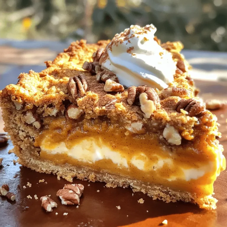 To make this easy and tasty dessert, you need these main ingredients: - 1 can (15 oz) pumpkin puree - 1 can (12 oz) evaporated milk - 3 large eggs - 1 cup granulated sugar - 1 tablespoon pumpkin pie spice - 1 teaspoon vanilla extract - 1 box (15.25 oz) yellow cake mix - 1 cup unsalted butter, melted These ingredients blend to create a rich and creamy filling with a crunchy topping. The pumpkin puree gives it that classic fall flavor. The evaporated milk makes it smooth, while the eggs help it set just right. You can add some fun twists with these optional ingredients: - 1 cup chopped pecans - Whipped cream or vanilla ice cream for serving Adding pecans gives a nice crunch and extra flavor. Serving with whipped cream or ice cream makes it even better. This dessert serves about 9-12 people. Each serving has around: - Calories: 300 - Total Fat: 16g - Saturated Fat: 10g - Cholesterol: 90mg - Sodium: 200mg - Total Carbohydrates: 37g - Dietary Fiber: 2g - Sugars: 20g - Protein: 4g This dessert is rich, so enjoy it in moderation. You can find the full recipe [Full Recipe] to see all the details. To start, gather your ingredients. You will need: - 1 can (15 oz) pumpkin puree - 1 can (12 oz) evaporated milk - 3 large eggs - 1 cup granulated sugar - 1 tablespoon pumpkin pie spice - 1 teaspoon vanilla extract - 1 box (15.25 oz) yellow cake mix - 1 cup unsalted butter, melted - 1 cup chopped pecans (optional) First, preheat your oven to 350°F (175°C). This helps bake your cake evenly. In a large bowl, mix the pumpkin puree, evaporated milk, eggs, sugar, pumpkin pie spice, and vanilla extract. Use a whisk to blend until smooth. This mixture is the base of your cake. Once combined, pour it into a greased 9x13-inch baking dish. Spread it evenly across the bottom. Next, sprinkle the dry yellow cake mix over the pumpkin layer. Make sure there are no large clumps. Now, drizzle the melted butter over the top. Do not mix it in; this will create a crumbly topping while baking. If you want extra crunch, sprinkle the chopped pecans on top. Place the baking dish in your preheated oven. Bake for 50-60 minutes. The top should turn golden brown and set. To check if it's done, insert a toothpick in the center. If it comes out with a few moist crumbs, it’s ready. When your cake is done, take it out of the oven. Let it cool for about 15-20 minutes. This cooling time helps it set up nicely. Serve it warm, topped with whipped cream or a scoop of vanilla ice cream. For extra fun, drizzle caramel sauce over the top. Enjoy your delicious Pumpkin Pie Dump Cake! To get the best texture, mix your ingredients well. Make sure the pumpkin puree and eggs blend smoothly. This helps create a creamy base. When you sprinkle the cake mix, do not mix it into the pumpkin layer. The dry mix sits on top and forms a nice crust as it bakes. One big mistake is overmixing the pumpkin mixture. This can make the final cake dense. Another mistake is using cold butter. Always melt your butter first. Cold butter can lead to uneven baking. Lastly, don’t skip the cooling step. Letting it cool helps the cake set better. Use unsalted butter for a balanced flavor. Melt it until it’s just liquid. This helps create that crunchy top layer. For the cake mix, opt for a standard yellow mix. It gives a light, sweet flavor that pairs well with pumpkin. Be sure to spread the cake mix evenly to avoid clumping. You want a nice, even topping for the perfect bite. Follow these tips for a Pumpkin Pie Dump Cake that is both simple and tasty. Check out the Full Recipe for all the details! {{image_2}} You can make this dish gluten-free easily. Just swap the yellow cake mix for a gluten-free blend. Many brands offer great mixes that work well. Check the label to ensure it’s truly gluten-free. This change keeps the flavor, while making it safe for those with gluten issues. Want to kick up the flavor? Add more spices! You could use cinnamon or nutmeg to give it warmth. A splash of maple extract can add a sweet twist. You can even try adding a bit of ginger for a spicy kick. These little changes make a big difference in taste. Toppings are a fun way to change your cake. You can use whipped cream or vanilla ice cream for a classic touch. Try adding caramel sauce for extra sweetness and flavor. If you want a crunch, sprinkle some chopped pecans or walnuts on top. Each topping changes the cake's flavor and texture, making it unique. After enjoying your pumpkin pie dump cake, let it cool completely. Cover the dish tightly with plastic wrap or aluminum foil. You can also transfer leftovers to an airtight container. Store it in the fridge for up to 4 days. This keeps it fresh and tasty. When you're ready to enjoy leftovers, preheat your oven to 350°F (175°C). Place the cake in an oven-safe dish. Cover it with foil to keep it moist. Heat for about 15-20 minutes. You can also microwave individual servings for 30-60 seconds. Just make sure to check that it's warm all the way through. If you want to save some for later, this cake freezes well. Cut it into portions and wrap each one in plastic wrap. Then, place the wrapped slices in a freezer bag. You can freeze it for up to 3 months. When you're ready to eat, just thaw it in the fridge overnight before reheating or enjoying it cold. For more details on making this delicious dessert, check out the Full Recipe. Yes, you can make Pumpkin Pie Dump Cake ahead of time. After baking, let it cool. Cover it tightly with foil or plastic wrap. Store it in the fridge for up to three days. This cake tastes great cold or warmed up. Just reheat it in the oven for a few minutes. Pumpkin Pie Dump Cake lasts about three to four days in the fridge. If you want to keep it longer, freeze it. Wrap it well in plastic wrap and foil. It can last up to three months in the freezer. Just thaw it in the fridge before serving. Yes, fresh pumpkin works great in this recipe. Start by roasting a fresh pumpkin. Cut it in half, scoop out the seeds, and roast it cut-side down. Bake it until soft. Then, mash or puree the pumpkin. Use this fresh pumpkin puree just like the canned one. It may have a slightly different taste, but it will be just as good. For the full recipe, check out the Pumpkin Spice Delight Dump Cake. In this post, we explored how to make a delicious Pumpkin Pie Dump Cake. We covered the main and optional ingredients, gave step-by-step baking instructions, and shared tips for a great texture. Variations included gluten-free options and tasty toppings. We also discussed how to store leftovers and answered common questions. Embrace the ease of this recipe and impress your guests. Enjoy every bite!