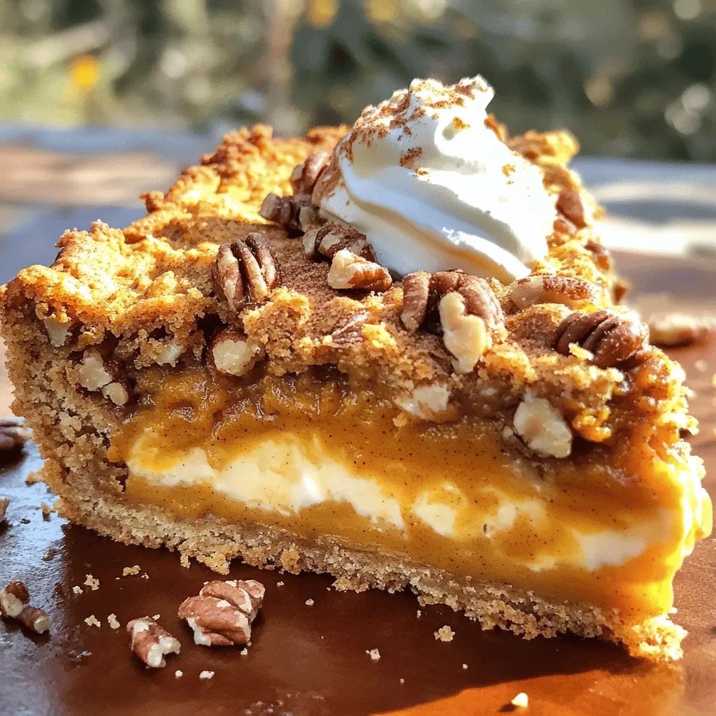 To make this easy and tasty dessert, you need these main ingredients: - 1 can (15 oz) pumpkin puree - 1 can (12 oz) evaporated milk - 3 large eggs - 1 cup granulated sugar - 1 tablespoon pumpkin pie spice - 1 teaspoon vanilla extract - 1 box (15.25 oz) yellow cake mix - 1 cup unsalted butter, melted These ingredients blend to create a rich and creamy filling with a crunchy topping. The pumpkin puree gives it that classic fall flavor. The evaporated milk makes it smooth, while the eggs help it set just right. You can add some fun twists with these optional ingredients: - 1 cup chopped pecans - Whipped cream or vanilla ice cream for serving Adding pecans gives a nice crunch and extra flavor. Serving with whipped cream or ice cream makes it even better. This dessert serves about 9-12 people. Each serving has around: - Calories: 300 - Total Fat: 16g - Saturated Fat: 10g - Cholesterol: 90mg - Sodium: 200mg - Total Carbohydrates: 37g - Dietary Fiber: 2g - Sugars: 20g - Protein: 4g This dessert is rich, so enjoy it in moderation. You can find the full recipe [Full Recipe] to see all the details. To start, gather your ingredients. You will need: - 1 can (15 oz) pumpkin puree - 1 can (12 oz) evaporated milk - 3 large eggs - 1 cup granulated sugar - 1 tablespoon pumpkin pie spice - 1 teaspoon vanilla extract - 1 box (15.25 oz) yellow cake mix - 1 cup unsalted butter, melted - 1 cup chopped pecans (optional) First, preheat your oven to 350°F (175°C). This helps bake your cake evenly. In a large bowl, mix the pumpkin puree, evaporated milk, eggs, sugar, pumpkin pie spice, and vanilla extract. Use a whisk to blend until smooth. This mixture is the base of your cake. Once combined, pour it into a greased 9x13-inch baking dish. Spread it evenly across the bottom. Next, sprinkle the dry yellow cake mix over the pumpkin layer. Make sure there are no large clumps. Now, drizzle the melted butter over the top. Do not mix it in; this will create a crumbly topping while baking. If you want extra crunch, sprinkle the chopped pecans on top. Place the baking dish in your preheated oven. Bake for 50-60 minutes. The top should turn golden brown and set. To check if it's done, insert a toothpick in the center. If it comes out with a few moist crumbs, it’s ready. When your cake is done, take it out of the oven. Let it cool for about 15-20 minutes. This cooling time helps it set up nicely. Serve it warm, topped with whipped cream or a scoop of vanilla ice cream. For extra fun, drizzle caramel sauce over the top. Enjoy your delicious Pumpkin Pie Dump Cake! To get the best texture, mix your ingredients well. Make sure the pumpkin puree and eggs blend smoothly. This helps create a creamy base. When you sprinkle the cake mix, do not mix it into the pumpkin layer. The dry mix sits on top and forms a nice crust as it bakes. One big mistake is overmixing the pumpkin mixture. This can make the final cake dense. Another mistake is using cold butter. Always melt your butter first. Cold butter can lead to uneven baking. Lastly, don’t skip the cooling step. Letting it cool helps the cake set better. Use unsalted butter for a balanced flavor. Melt it until it’s just liquid. This helps create that crunchy top layer. For the cake mix, opt for a standard yellow mix. It gives a light, sweet flavor that pairs well with pumpkin. Be sure to spread the cake mix evenly to avoid clumping. You want a nice, even topping for the perfect bite. Follow these tips for a Pumpkin Pie Dump Cake that is both simple and tasty. Check out the Full Recipe for all the details! {{image_2}} You can make this dish gluten-free easily. Just swap the yellow cake mix for a gluten-free blend. Many brands offer great mixes that work well. Check the label to ensure it’s truly gluten-free. This change keeps the flavor, while making it safe for those with gluten issues. Want to kick up the flavor? Add more spices! You could use cinnamon or nutmeg to give it warmth. A splash of maple extract can add a sweet twist. You can even try adding a bit of ginger for a spicy kick. These little changes make a big difference in taste. Toppings are a fun way to change your cake. You can use whipped cream or vanilla ice cream for a classic touch. Try adding caramel sauce for extra sweetness and flavor. If you want a crunch, sprinkle some chopped pecans or walnuts on top. Each topping changes the cake's flavor and texture, making it unique. After enjoying your pumpkin pie dump cake, let it cool completely. Cover the dish tightly with plastic wrap or aluminum foil. You can also transfer leftovers to an airtight container. Store it in the fridge for up to 4 days. This keeps it fresh and tasty. When you're ready to enjoy leftovers, preheat your oven to 350°F (175°C). Place the cake in an oven-safe dish. Cover it with foil to keep it moist. Heat for about 15-20 minutes. You can also microwave individual servings for 30-60 seconds. Just make sure to check that it's warm all the way through. If you want to save some for later, this cake freezes well. Cut it into portions and wrap each one in plastic wrap. Then, place the wrapped slices in a freezer bag. You can freeze it for up to 3 months. When you're ready to eat, just thaw it in the fridge overnight before reheating or enjoying it cold. For more details on making this delicious dessert, check out the Full Recipe. Yes, you can make Pumpkin Pie Dump Cake ahead of time. After baking, let it cool. Cover it tightly with foil or plastic wrap. Store it in the fridge for up to three days. This cake tastes great cold or warmed up. Just reheat it in the oven for a few minutes. Pumpkin Pie Dump Cake lasts about three to four days in the fridge. If you want to keep it longer, freeze it. Wrap it well in plastic wrap and foil. It can last up to three months in the freezer. Just thaw it in the fridge before serving. Yes, fresh pumpkin works great in this recipe. Start by roasting a fresh pumpkin. Cut it in half, scoop out the seeds, and roast it cut-side down. Bake it until soft. Then, mash or puree the pumpkin. Use this fresh pumpkin puree just like the canned one. It may have a slightly different taste, but it will be just as good. For the full recipe, check out the Pumpkin Spice Delight Dump Cake. In this post, we explored how to make a delicious Pumpkin Pie Dump Cake. We covered the main and optional ingredients, gave step-by-step baking instructions, and shared tips for a great texture. Variations included gluten-free options and tasty toppings. We also discussed how to store leftovers and answered common questions. Embrace the ease of this recipe and impress your guests. Enjoy every bite!