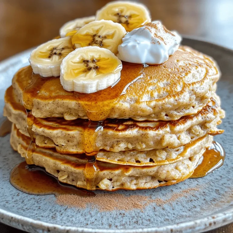 - 1 cup rolled oats - 1 ripe banana, mashed - 1 cup milk (dairy or non-dairy) You need rolled oats as the base. They give the pancakes a great texture. Use a ripe banana, as it adds natural sweetness. You can pick any milk you like. Almond or soy milk works well for a dairy-free option. - 1/2 teaspoon baking powder - 1/2 teaspoon cinnamon - 1/4 teaspoon salt - 1 large egg (or flax egg for vegan option) - 1 tablespoon honey or maple syrup (optional) - 1/2 teaspoon vanilla extract - Cooking spray or butter for frying Baking powder helps the pancakes rise. Cinnamon adds warmth and flavor. A pinch of salt balances the sweetness. If you want a vegan option, you can use a flax egg. Honey or maple syrup is optional but adds a lovely touch. Vanilla extract enhances all the flavors. Finally, use cooking spray or butter to fry the pancakes. These ingredients come together to create a simple and tasty meal. For the full recipe, check out the detailed instructions. To start, take 1 cup of rolled oats and place them in a blender. Blend the oats until they turn into a fine flour. This oat flour is key for our pancakes. It gives them a great texture and a lovely flavor. Next, grab a large bowl. Combine the oat flour with 1/2 teaspoon of baking powder, 1/2 teaspoon of cinnamon, and 1/4 teaspoon of salt. Mix these dry ingredients well. In another bowl, mash 1 ripe banana until it’s smooth. Add 1 cup of milk, 1 large egg, 1 tablespoon of honey or maple syrup, and 1/2 teaspoon of vanilla extract. Stir this mixture until it’s all combined. Now, pour the banana mixture into the dry ingredients. Mix gently until just combined. Let the batter sit for 5 minutes. This helps it thicken a bit. Now it's time to cook! Heat a non-stick skillet over medium heat. Lightly grease it with cooking spray or butter. Pour about 1/4 cup of pancake batter onto the skillet for each pancake. Cook them for about 2-3 minutes. You will see bubbles forming on the surface when they are ready to flip. Once the edges look set, flip the pancakes. Cook for another 2-3 minutes until they are golden brown. Repeat this with the remaining batter. Adjust the heat as needed to avoid burning. Enjoy your pancakes warm! You can find the complete recipe in the [Full Recipe]. To make your banana oatmeal pancakes fluffy, you should let the batter rest. This resting time helps the oats absorb moisture. A good five minutes is usually enough. During this time, you can heat your skillet. Now, let’s talk about the heat. It’s important to adjust the heat properly. You want medium heat for even cooking. If it’s too hot, the pancakes will burn outside but stay raw inside. If it’s too low, they will take longer to cook and may become tough. When it comes to serving, presentation matters. Stack your pancakes high on a plate. Drizzle them with honey or maple syrup to add sweetness. Sliced bananas on top look great and add flavor. For a special touch, sprinkle cinnamon over the stack. You can also pair these pancakes with sides. Greek yogurt adds creaminess and protein. A handful of berries brings freshness and color. Fresh orange juice or a smoothie can make a perfect drink choice. Want to boost nutrition? You can add protein powders to the batter. This gives your pancakes a protein kick. Nut butters, like almond or peanut, are great options too. Stir in a spoonful for extra flavor and nutrition. Have dietary needs? You can make easy substitutions. Use a flax egg instead of a regular egg for a vegan option. Choose non-dairy milk, like almond or oat milk, to keep it plant-based. These swaps keep the taste while meeting different diets. For the complete method, check the Full Recipe. {{image_2}} You can make banana oatmeal pancakes even more fun by adding flavors. Try mixing in chocolate chips for a sweet twist. The melted chocolate adds a rich taste that kids and adults love. You can also add nuts like walnuts or pecans for a crunchy texture. This gives each bite a nice surprise. Another idea is to use spices. A pinch of nutmeg can warm up the flavor. It pairs well with the banana and gives the pancakes a cozy feel. Cinnamon is great, but nutmeg takes it to another level. Experiment with these ideas to find your favorite mix. If you follow a vegan diet, you can still enjoy these pancakes. Use a flax egg instead of a regular egg. To make a flax egg, mix one tablespoon of ground flaxseed with three tablespoons of water. Let it sit for a few minutes until it thickens. This works well in the recipe. Also, you can choose non-dairy milk like almond or oat milk. This keeps the pancakes vegan and delicious. For those who need gluten-free options, use gluten-free rolled oats. These oats work just like regular oats but are safe for gluten-free diets. You can enjoy banana oatmeal pancakes without worry. These variations make the recipe fit many diets. Try them out and enjoy your pancakes your way! To keep your banana oatmeal pancakes fresh, store them in the fridge. Place them in an airtight container. They stay good for about three days. You can also freeze them. Stack the pancakes with parchment paper between each one. This helps you pull them apart later. Then, wrap the stack tightly in plastic wrap. Place the wrapped pancakes in a freezer bag. They can last up to two months in the freezer. When you want to eat them, reheat the pancakes. For refrigerated pancakes, microwave them for 20-30 seconds. This warms them up nicely. If they are frozen, microwave them for about 1 minute. You can also use a toaster oven. Heat them at 350°F for 5-7 minutes for a crispy edge. Enjoy them warm for the best taste! You can make pancake mix ahead of time. To do this, combine the dry ingredients. These are oat flour, baking powder, cinnamon, and salt. Store this mix in an airtight container. It stays fresh for up to two weeks. Just add the wet ingredients when you are ready to cook. Batch cooking is another great idea. Make a double or triple batch of pancakes. Cook them all and let them cool. Store them in the fridge or freezer. This way, you have a quick meal ready for busy mornings. Simply reheat, and you have a delicious breakfast in no time. For the full recipe, check out the detailed instructions above! To make banana oatmeal pancakes vegan, you can swap out the egg for a flax egg. Just mix one tablespoon of ground flaxseed with two and a half tablespoons of water. Let it sit for five minutes until it thickens. For the milk, use any non-dairy milk like almond milk or oat milk. These swaps work well and keep the pancakes tasty. Yes, you can freeze banana oatmeal pancakes. Let them cool completely after cooking. Then, place them in a single layer on a baking sheet. Once frozen, stack them in an airtight container or a freezer bag. They can last up to three months in the freezer. To enjoy, just pop them in the toaster or microwave until warm. You can serve banana oatmeal pancakes with many tasty toppings. Fresh fruit like berries or sliced bananas works great. Drizzle maple syrup or honey for sweetness. Greek yogurt adds creaminess. You can also sprinkle nuts or seeds on top for a nice crunch. To make your pancakes fluffier, let the batter rest for about five minutes before cooking. This helps the baking powder work better. Also, don’t overmix the batter. A few lumps are fine and help keep the pancakes light. You can also add a touch more baking powder for extra lift. Banana oatmeal pancakes can last in the fridge for about three to four days. Store them in an airtight container to keep them fresh. To reheat, you can use a microwave or a toaster. This way, they stay warm and yummy. Banana oatmeal pancakes are easy to make and delicious. We covered key ingredients, steps, and helpful tips. You can customize them with fun flavors or dietary needs. Store extras easily for busy days. Enjoy these pancakes warm, topped how you like. They're a great choice for breakfast or a snack. Now, get cooking and enjoy these tasty pancakes!